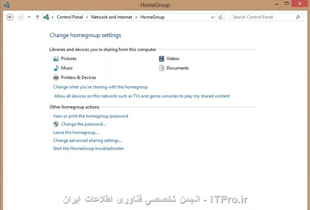 باسلام خدمت دوست عزیز. در ویندوز ۸ مثل سایر ورژن های ویندوز امکان شبکه کردن یا به اصطلاح network است. که می توانیم چند کامپیوتر یا تبلت یا حتی تلفن همراه و لپ تاپ ها را در یک محیط بسته به هم متصل کنیم و کارهایی مثل پرینت گرفتن ، انتقال فایل ها عکس ها و آهنگ ها و حتی تنظیم کردن تنظیمات را در این دستگاه ها انجام بدیم.
یکی از راه تنظیم کردن گروه های خانگی یا HomeGroup است. در این مقاله من به شما آموزش میدهم که چگونه می شود دو دستگاه که هر دو ویندوز ۸ هستند را به هم متصل کرد.
Windows 8 HomeGroups
ایجاد HomeGroup : قبل از انجام و اعمال تنظیمات کامپیوتر ها باید از طریق شبکه به یکدیگر متصل شده باشند که این اتصال ممکن که بصورت بیسیم یا حتی توسط کابل صورت باشه اما باید از اتصال این دو یا چند دستگاه باید اطمینان داشته باشید. در منوی start واژه control panel را تایپ تا آیکون زیرمشاهده شود.

||http://network.tosinso.com/files/get/74412b6f-deb0-437c-8dfc-9b0eb54a4159||
 
پنجره control panel را باز و سپس بر روی Network and Internet کلیک و در قسمت تنظیمات HomeGroup بر روی دکمه Create a homegroup کلیک کنید.
||http://network.tosinso.com/files/get/467ae118-2ef6-427e-a667-9e086d994031||
 
مراحل ایجاد یک Homegroup رودرمقابل میتونی ببینی. بر روی Next بزنید. از شما درخواست می کند که نوع فایل ها که میخواهید از طریق شبکه انتقال دهید را معین کنید.
||http://network.tosinso.com/files/get/7093c42f-4840-4282-95dd-1899b379d63c||
 
با کلیک کردن روی Next ویندوز قسمت هایی که لازم دارید تا آن را انتقال دهید تنظیم میکند. بعد از این مرحله یک سری اعداد و حروف نمایش میدهد که شما باید این را بنویس و در Homegroup وارد کن. اگر دوست ندارید که این اعداد و حروف قاطی باشند می توانید آن را عوض کنید.
 ||http://network.tosinso.com/files/get/4531ab5e-eb80-4bdb-a814-e4b0aef7c31b||
روی دکمه Finish کلیک تا مراحل انجام شده تمام شود.
حالا از کجا بفهمم که این تنظیمات انجام شده و میخواهید آن را ببینید. کار آسانی است برای این کار به مسیر Control panel > network and internet > Homegroup بروید ، در این جا لیستی از فایل هایی که اجازه جابجایی دارند را می بینید.
 ||http://network.tosinso.com/files/get/372fa85e-ea3b-4ce9-baae-7c5bae5638a5||
شما نیز می توانید برای دفعات دیگری دوباره این تنظیمات را عوض کنید برای نمونه برای تعویض پسورد روی change the password بزنید. به شما توصیه میکنم که کدی که قبلا به شما نمایش داده شده را وارد تا مشکلی در ارسال و دریافت نداشته باشید. برای فعال کردن این کار به مسیر Control panel > network and internet > Homegroup بروید و قسمت change advanced sharing settings را باز کنید.
||http://network.tosinso.com/files/get/f865e26e-34a7-43bc-b6ad-bdae159f72cd||
 
در زیر private  قسمت Turn on network discovery را فعال کنید. اگر میخواهید از پرینتر نیز استفاده کنید این کار را نیز برای Turn on file and printer sharing نیز انجام دهید.
برای اینکه امنیت بیشترکنید میتوانید در Homegroup ها کلمه عبوری را بگذارید . برای این کار در زیر Homegroup connection گزینه use user account and password را فعال کنید.
||http://network.tosinso.com/files/get/3896f704-2410-41b8-9ce2-3ea642a31ad8||
 
متصل کردن  دستگاه ها به Homegroup : قبل از متصل کردن دستگاه ها مطمئن شوید که هر دو هم شبکه داشته باشند و هم تنظیماتی که در بالا گفته شد. حالاچه به با کابل شبکه باشد چه بصورت وایرلس, یا هر روش دیگری که وجود دارد.
بعد برای انجام این کار و اتصال به قسمت Homegroup بروید . صفحه Homegroup حالا باید به شما نشان دهد که یک وسیله متصل به شبکه یافته است. 
||http://network.tosinso.com/files/get/e6b60235-9058-4347-a1ea-902b12a7b312||
join now را بزنید. فایل هایی که میخواهید انتقال دهید را انتخاب کنید و در قسمت بعد آن کدی که قبلا یادداشت کرده اید را وارد کنید.
||http://network.tosinso.com/files/get/d6c1bf04-78d7-4429-a7ed-80fe8d5537e3||
 
با زدن روی Next سیستم این تنظیمات را فعال میکند.
||http://network.tosinso.com/files/get/15cd9b06-15e1-4187-97b8-053231a8773d||
 
حالا برای اینکه بتونید Homegroup های خودتان را ببینید در قسمت library ویندوز لیستی نشان میدهد که قبلا فعال کرده اید که با استفاده از آن می توانید اطلاعاتی از جمله موزیک ، ویدئو ، عکس و یا حتی پرینت از یک نسخه را انجام دهید که این کارها از امنیت بالایی برخوردار هستند که می توانید فایل هایی که کامپیوترها به آن متصل هستند را مشاهده و یا حتی اضافه هم کرد.
