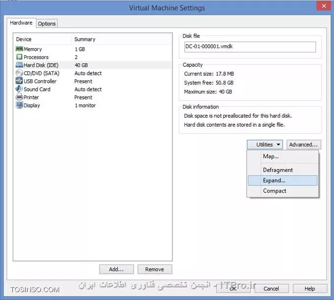 سلام و عرض تبریک سال نو خدمت شما دوست عزیز
روی VM خودتون Right Click کرده و گزینه Settings رو انتخاب کنید. سپس گزینه Hard Disk رو انتخاب کنید. البته اگر بیش از 1 هارد دیسک دارین، مطمئن بشین که هارد دیسک مورد نظرتون رو انتخاب کردین.
حالا مطابق عکس گزینه Utilities و سپس ...Expand رو انتخاب کنید. حالا میتونین به فضای هارد دیسکتون اضافه کنین.
فقظ توجه داشته باشین که اگه از VM خودتون Snapshot گرفته باشین، امکان Expand ندارین.
می بایست تمامی Snapshot های مربوط به این VM رو حذف کنین، سپس اقدام به Expand کنین.

||http://network.tosinso.com/files/get/37bbb028-2e11-4590-a801-ecb692c96f67||