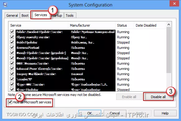 با سلام خدمت همه ITPRO هایی عزیز
از این ویژگی برای عملکرد بهتر سیستم در هنگام Boot شدن استفاده می شود که سیستم شما بتونه در حالت نرمال و سریع بالا بیاد .اصطاحا با بوت تمیز و روان سیستم بالا بیاد.
برای فعال کردن این ویژگی در ویندوز های 8 و 8.1 مطابق تصاویر زیر عمل نمایید و تیک گزینه های مورد نظر را گذاشته و OK نمایید.
||http://icdl.tosinso.com/files/get/a5dcb3b0-2988-4f21-8558-a9c6abb3334e||
||http://icdl.tosinso.com/files/get/384ca333-0bff-498a-b3b5-6669a3de284c||
||http://icdl.tosinso.com/files/get/6df34b01-9da0-4773-a1c2-5541f897227a||
||http://icdl.tosinso.com/files/get/e33f2714-7e52-4e75-95a0-15449964cd0b||
||http://icdl.tosinso.com/files/get/f4494ab2-1879-4ae0-9fc9-d71febdecf98||

و برای فعال کردن در ویندوز 7 به شیوه زیر عمل نمایید.
||http://icdl.tosinso.com/files/get/ade63fec-1c3f-4654-8356-192f6b3041bc||
||http://icdl.tosinso.com/files/get/ef84b16b-8a9a-4521-b2ac-2ab1f3488b13||
||http://icdl.tosinso.com/files/get/26488e77-7515-474f-87e1-f7a30b70f04f||