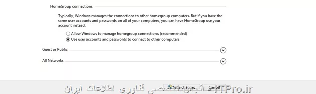 باسلام خدمت دوست عزیز. در ویندوز ۸ مثل سایر ورژن های ویندوز امکان شبکه کردن یا به اصطلاح network است. که می توانیم چند کامپیوتر یا تبلت یا حتی تلفن همراه و لپ تاپ ها را در یک محیط بسته به هم متصل کنیم و کارهایی مثل پرینت گرفتن ، انتقال فایل ها عکس ها و آهنگ ها و حتی تنظیم کردن تنظیمات را در این دستگاه ها انجام بدیم.
یکی از راه تنظیم کردن گروه های خانگی یا HomeGroup است. در این مقاله من به شما آموزش میدهم که چگونه می شود دو دستگاه که هر دو ویندوز ۸ هستند را به هم متصل کرد.
Windows 8 HomeGroups
ایجاد HomeGroup : قبل از انجام و اعمال تنظیمات کامپیوتر ها باید از طریق شبکه به یکدیگر متصل شده باشند که این اتصال ممکن که بصورت بیسیم یا حتی توسط کابل صورت باشه اما باید از اتصال این دو یا چند دستگاه باید اطمینان داشته باشید. در منوی start واژه control panel را تایپ تا آیکون زیرمشاهده شود.

||http://network.tosinso.com/files/get/74412b6f-deb0-437c-8dfc-9b0eb54a4159||
 
پنجره control panel را باز و سپس بر روی Network and Internet کلیک و در قسمت تنظیمات HomeGroup بر روی دکمه Create a homegroup کلیک کنید.
||http://network.tosinso.com/files/get/467ae118-2ef6-427e-a667-9e086d994031||
 
مراحل ایجاد یک Homegroup رودرمقابل میتونی ببینی. بر روی Next بزنید. از شما درخواست می کند که نوع فایل ها که میخواهید از طریق شبکه انتقال دهید را معین کنید.
||http://network.tosinso.com/files/get/7093c42f-4840-4282-95dd-1899b379d63c||
 
با کلیک کردن روی Next ویندوز قسمت هایی که لازم دارید تا آن را انتقال دهید تنظیم میکند. بعد از این مرحله یک سری اعداد و حروف نمایش میدهد که شما باید این را بنویس و در Homegroup وارد کن. اگر دوست ندارید که این اعداد و حروف قاطی باشند می توانید آن را عوض کنید.
 ||http://network.tosinso.com/files/get/4531ab5e-eb80-4bdb-a814-e4b0aef7c31b||
روی دکمه Finish کلیک تا مراحل انجام شده تمام شود.
حالا از کجا بفهمم که این تنظیمات انجام شده و میخواهید آن را ببینید. کار آسانی است برای این کار به مسیر Control panel > network and internet > Homegroup بروید ، در این جا لیستی از فایل هایی که اجازه جابجایی دارند را می بینید.
 ||http://network.tosinso.com/files/get/372fa85e-ea3b-4ce9-baae-7c5bae5638a5||
شما نیز می توانید برای دفعات دیگری دوباره این تنظیمات را عوض کنید برای نمونه برای تعویض پسورد روی change the password بزنید. به شما توصیه میکنم که کدی که قبلا به شما نمایش داده شده را وارد تا مشکلی در ارسال و دریافت نداشته باشید. برای فعال کردن این کار به مسیر Control panel > network and internet > Homegroup بروید و قسمت change advanced sharing settings را باز کنید.
||http://network.tosinso.com/files/get/f865e26e-34a7-43bc-b6ad-bdae159f72cd||
 
در زیر private  قسمت Turn on network discovery را فعال کنید. اگر میخواهید از پرینتر نیز استفاده کنید این کار را نیز برای Turn on file and printer sharing نیز انجام دهید.
برای اینکه امنیت بیشترکنید میتوانید در Homegroup ها کلمه عبوری را بگذارید . برای این کار در زیر Homegroup connection گزینه use user account and password را فعال کنید.
||http://network.tosinso.com/files/get/3896f704-2410-41b8-9ce2-3ea642a31ad8||
 
متصل کردن  دستگاه ها به Homegroup : قبل از متصل کردن دستگاه ها مطمئن شوید که هر دو هم شبکه داشته باشند و هم تنظیماتی که در بالا گفته شد. حالاچه به با کابل شبکه باشد چه بصورت وایرلس, یا هر روش دیگری که وجود دارد.
بعد برای انجام این کار و اتصال به قسمت Homegroup بروید . صفحه Homegroup حالا باید به شما نشان دهد که یک وسیله متصل به شبکه یافته است. 
||http://network.tosinso.com/files/get/e6b60235-9058-4347-a1ea-902b12a7b312||
join now را بزنید. فایل هایی که میخواهید انتقال دهید را انتخاب کنید و در قسمت بعد آن کدی که قبلا یادداشت کرده اید را وارد کنید.
||http://network.tosinso.com/files/get/d6c1bf04-78d7-4429-a7ed-80fe8d5537e3||
 
با زدن روی Next سیستم این تنظیمات را فعال میکند.
||http://network.tosinso.com/files/get/15cd9b06-15e1-4187-97b8-053231a8773d||
 
حالا برای اینکه بتونید Homegroup های خودتان را ببینید در قسمت library ویندوز لیستی نشان میدهد که قبلا فعال کرده اید که با استفاده از آن می توانید اطلاعاتی از جمله موزیک ، ویدئو ، عکس و یا حتی پرینت از یک نسخه را انجام دهید که این کارها از امنیت بالایی برخوردار هستند که می توانید فایل هایی که کامپیوترها به آن متصل هستند را مشاهده و یا حتی اضافه هم کرد.
