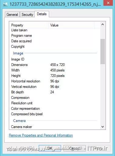معمولا با Right Click کردن روی عکس و انتخاب گزینه Properties و سپس رفتن به تب Details میتونین مشخصات عکس رو بدست بیارین.

||http://icdl.tosinso.com/files/get/390433b9-b5c9-4212-827e-5844e440daa8||