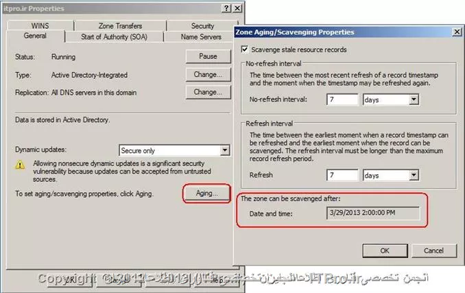 سلام ، من در قسمت aging در zone مورد نظر تیک مربوط به   scavenge stale resource records  رو زدم تا scavenge فعال بشه ولی گزینه زیر برام نشون داده نمیشه و نیست

||http://tosinso.com/files/get/395c68ee-6855-4492-9bec-d2e5eafedb3a||

هم چنین رکورد های a رکورد هم این قسمت نیست

||http://tosinso.com/files/get/d138a307-45bb-42fb-b5db-2ff82159adfb||

حالا می خوام بدونم چرا نیست و ایا واقعا فعال شده یا باید کار خاصی انجام بدم؟!