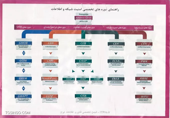 دوست عزیز گذروندن دوره CEH برای ورود به دنیای امنیت الزامیه. دوره CEH بشما دید خوبی از دنیای امنیت میده و با گذروندن این دوره بصورت ابتدایی و مروری بر کل حوزه دنیای امنیت اشنا خواهید شد.

بعد از دوره باید فیلد و گرایش خودتون رو انتخاب کنید. تو تصویری که در زیر میذارم، گرایش ها کاملا مشخص هستند:

||http://security.tosinso.com/files/get/39ae2980-a191-4c53-a18e-2cf3ecc97367||


چهار گرایش تست نفوذ و هک ، امنیت اطلاعات، امنیت شبکه و جرائم رایانه ای گرایش های اصلی امنیت رو تشکیل میدن که هرکدوم مدارک تخصصی خودشون رو دارند که در تصویر شما مهمترین مدارک این گرایش ها رو میبینید.

البته این بشرطیه که بخواید صرفا تو دنیای امنیت ادامه بدید. بقول خودتون اگه هدفتون از امنیت، امنیت در برند خاصی مثل سیسکو و یا مایکروسافت هستش، باید کار رو در همون برند دنبال کنید. 

مانا باشید.