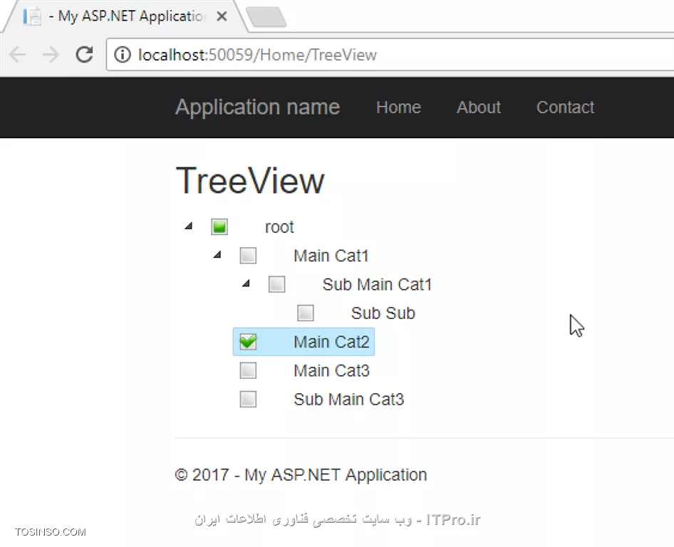 سلام دوست عزيز 

اگر ميخواهي يه TreeView مثل اين داشته باشي : 

||https://web.tosinso.com/files/get/3a12d106-e5b4-4bfb-bf1e-28e4e15e86b7||

به اين آدرس مراجعه كن . 

|http://www.c-sharpcorner.com/article/c-treeview-to-mvc-razor-view/|

اگر هم يه TreeView ساده مثل اين ميخواي 

||https://web.tosinso.com/files/get/b403e005-38d7-4372-bf1a-751955a9a15c||

اين آدرس رو ببين 

|http://www.c-sharpcorner.com/article/using-treeview-with-asp-net-mvc-4/|

موفق باشي .