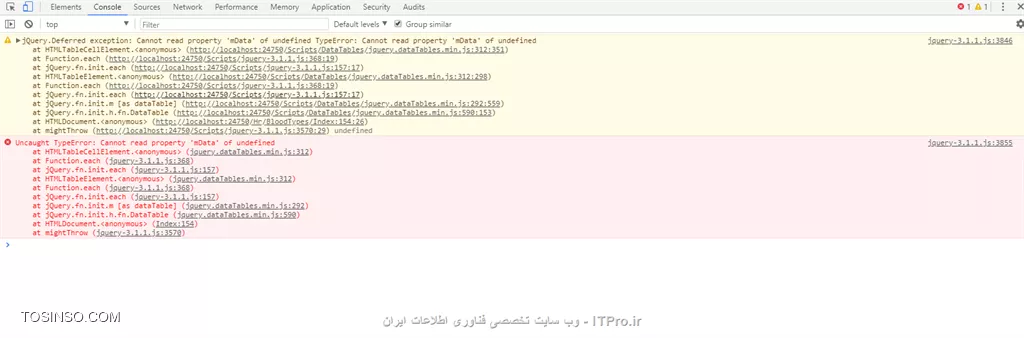 سلام
من کدهای زیر را نوشته ام
<c#>
<!DOCTYPE html>
<html>
<head>
    <meta charset=utf-8 />
    <meta name=viewport content=width=device-width, initial-scale=1.0>
    <title>@ViewBag.Title - My ASP.NET Application</title>
    @Styles.Render(~/Content/css)
    @Scripts.Render(~/bundles/modernizr)
  
  
</head>
<body>
    <div class=navbar navbar-inverse navbar-fixed-top>
        <div class=container>
            <div class=navbar-header>
                <button type=button class=navbar-toggle data-toggle=collapse data-target=.navbar-collapse>
                    <span class=icon-bar></span>
                    <span class=icon-bar></span>
                    <span class=icon-bar></span>
                </button>
                @Html.ActionLink(Application name, Index, Home, new { area =  }, new { @class = navbar-brand })
            </div>
            <div class=navbar-collapse collapse>
                <ul class=nav navbar-nav>
                    <li>@Html.ActionLink(Home, Index, Home)</li>
                    <li>@Html.ActionLink(About, About, Home)</li>
                    <li>@Html.ActionLink(Contact, Contact, Home)</li>
                </ul>
            </div>
        </div>
    </div>
    <div class=container body-content>
        @RenderBody()
        <hr />
        <footer>
            <p>&copy; @DateTime.Now.Year - My ASP.NET Application</p>
        </footer>
    </div>
  
  
    @Scripts.Render(~/bundles/jquery)
    @Scripts.Render(~/bundles/bootstrap)
    @RenderSection(scripts, required: false)
</body>
</html>
<c#>
و
<c#>
@model IEnumerable<WebApplication26.Models.Form>
  
  
@{
    ViewBag.Title = Index;
    Layout = ~/Views/Shared/_Layout.cshtml;
}
<link href=~/Content/DataTables/css/jquery.dataTables.min.css rel=stylesheet />
<h2>Index</h2>
  
  
<p>
    @Html.ActionLink(Create New, Create)
</p>
<table class=table id=assets-data-table>
    <tr>
        <th>
            @Html.DisplayNameFor(model => model.Name)
        </th>
        <th>
            @Html.DisplayNameFor(model => model.FrmName)
        </th>
        <th></th>
    </tr>
  
  
    @foreach (var item in Model)
    {
        <tr>
            <td>
                @Html.DisplayFor(modelItem => item.Name)
            </td>
            <td>
                @Html.DisplayFor(modelItem => item.FrmName)
            </td>
            <td>
                @Html.ActionLink(Edit, Edit, new { id = item.Id }) |
                @Html.ActionLink(Details, Details, new { id = item.Id }) |
                @Html.ActionLink(Delete, Delete, new { id = item.Id })
            </td>
        </tr>
    }
  
  
</table>
@section Scripts
  
  
{
    <script src=~/Scripts/DataTables/jquery.dataTables.min.js></script>
    <script src=~/Scripts/DataTables/dataTables.bootstrap.min.js></script>
    <script type=text/javascript>
  
  
        $(document).ready(function () {
  
  
            $('#assets-data-table').DataTable( {
                paging  :     true,
                ordering:     true,
                info    :     true,
                filter  :     true,
                order   :     [[ 0, desc ]]
            } );
        });
    </script>
}
<c#>
وقتی کد
<js>
$('#assets-data-table').DataTable( {
              paging  :     true,
              ordering:     true,
              info    :     true,
              filter  :     true,
              order   :     [[ 0, desc ]]
          } );
<js>
درج نکرده ام هیچ اروری وجود ندارد و البته jquerydataTables هم کار نمیکند
ولی وقتی کد بارا مینویسم
برنامه اجرا میشود ولی در Console ارور زیر رخ میدهد برای حل مشکل چکار باید کنم
||https://tosinso.com/files/get/3a998ff7-f6b6-4b37-b103-80711a97b0ac||