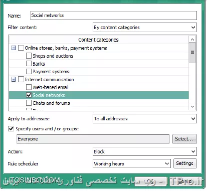 !! تنظیمات  Web Access Control 
در این آزمایش قصد داریم تا حوزه فعالیت کاربران در داخل سازمان را برای دسترسی به شبکه های اجتماعی محدود کنیم 

_ ماشین های DC و Security-Center را روشن کنید 

- ماشین PC1 را روشن کنید 

- مسدود سازی social networks 

ممکن است شما به عنوان مدیر شبکه یک سازمان بخواهید تا دسترسی کاربران به شبکه های اجتماعی در ساعات کاری را محدود کنید 

- Security-Center 

1- باز کنید Administration Console 

2- باز کنید Workstations و روی تب Policies کلیک کنید 

3- انتخاب کنید KES 10 SP2 workstation policy 

4- بخش properties پالیسی را باز کنید 

||https://tosinso.com/files/get/568a6f75-ae55-45ea-8cb2-2cbf8d25d182||

5- حالا روی Web Control سوییچ کنید 

||https://tosinso.com/files/get/91c15806-b16f-476d-a29d-fb280e11edac||

6- روی Add کلیک کنید 

7- در فیلد Name بنویسید Social networks 

8- در Filter content بر روی By content categories کلیک کنید 

||https://tosinso.com/files/get/5219fd23-9ed4-4423-8043-d92728221730||

9- در لیست Content categories زیر بخش Internet communication انتخاب کنید Social networks 

10- انتخاب کنید چک باکس Specify users and / or groups 

11- کلیک کنید روی Select و انتخاب گروه Everyone 

12- در بخش Action انتخاب کنید وضعیت Block 

||https://tosinso.com/files/get/7ea0257e-3da1-4618-b214-ab2f02f0efcb||

13- روی دکمه Settings کلیک کنید 

||https://tosinso.com/files/get/e44d74c9-3b3a-45f7-b92b-7f4e2c73e569||

14- تنظیمات زمانبندی را روی Monday تا Friday از ساعت 9:00am تا 6:00pm و روی OK کلیک کنید 

||https://tosinso.com/files/get/dfbe0985-ff95-4c12-93dc-e4ff4671a399||

15- نام فیلد را Working hours قرار دهید 

||https://tosinso.com/files/get/94892e69-309c-45d7-852f-36112a537cd3||

16- کلیک کنید روی OK 

||https://tosinso.com/files/get/3a9f42be-3c29-49e2-8f30-59d8b3af84ee||

17- و در آخر روی OK کلیک کنید 

||https://tosinso.com/files/get/a7221c26-8aba-49ff-8a96-b051c4f81b84||

18- صبر کنید تا پالیسی اعمال شود 

19- حالا مرورگر Internet Explorer را باز کنید و وارد سایت www.instagram.com شوید 

||https://tosinso.com/files/get/76dc8c78-5295-467a-a659-d36d33b60508||

نویسنده : سید احمد توسلی
منبع : |جزیره امنیت اطلاعات و ارتباطات وب سایت توسینسو::https://tosinso.com/security|
هرگونه نشر و کپی برداری بدون ذکر منبع و نام نویسنده دارای اشکال اخلاقی است