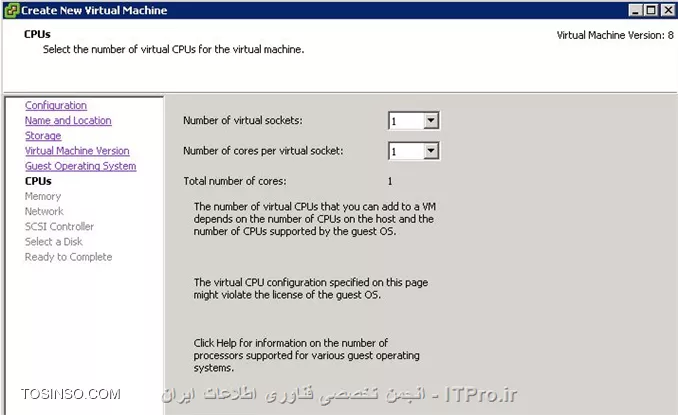 سلام من باز با سوال های اماتوریم اومدم. جدا عذر میخوام.
من در فهم این دو مفهوم در تعریف مقدار سی پی یو برای ماشین مجازی در v,ware موندم.
virtual socket و core per virtual socket. اگه اشتباه نکنم اولی یعنی تعداد سی پی یو و دومی یعنی تعداد هسته.
حالا مثلا من یه سرور اختصاصی دارم با 1CPU- 4c-8t. در تنظیمات ساخت ماشین مجازی برای اینکه total number core رو به 8 برسونم دو تنظیم هست:
1- 4=virtual socket و 4=core per virtual socket
2- 2=virtual socket و 4=core per virtual socket
خب حالا تقاوت این دو در چیه؟ و در عمل چه فرقی با هم داره و راندمان کدوم بهتره؟
||http://tosinso.com/files/get/3aa5df76-bea7-422b-8f2d-8ea846fbcaf1||