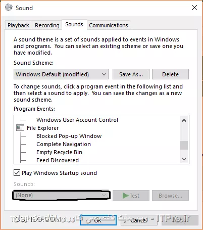 سلام.
تو run تایپ کنید mmsys.cpl در پنجره باز شده به تب Sounds برید مثل تصویر زیر روی هر کدوم که میخواهید صداش در نیادD: گزینه None رو انتخاب کنید.
||http://network.tosinso.com/files/get/3b1f20ed-b418-431e-8f45-1418f1c5fd86||