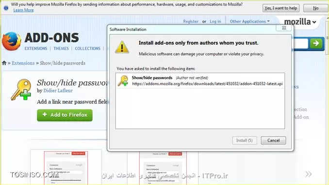 داشتن رمز عبور امن یکی از الزمات دنیای اینترنتی امروزه  شده و کاربران همیشه برای انتخاب و حفظ کردن رمز های عبورشان با یک سری از مشکلات روبرو می شوند .مشکلاتی از قبیل اینکه هنگام وارد کردن رمز عبور صفحه کلید فارسی هست یا انگلیسی ،روشن یا خاموش بودن کلید های تابعی ،و اینکه آیا رمز عبور را درست وارد می کنند و... از دغدغه های هر روزه کاربران است. که زمانی را صرف درست وارد کردن رمز عبور خود می کنند. اگر در محیطی هستید که کسی در اطراف شما نیست یا دیدن رمز عبور شما برای دیگران اهمیتی ندارد می توانید با دنبال کردن روش زیر رمز عبور خود را در صفحات اینترنتی ببینید. ابتدا جهت نصب افزونه ای به نام Show//hide passwords مرورگر فایر فاکس خود را باز نموده و به آدرس زیر رفته  : 

|دانلود افزونه::https://addons.mozilla.org/en-US/firefox/addon/showhide-passwords/|

در صفحه باز شده بر روی  گزینه Add to Firefox کلیک نموده و در پنجره باز شده بر روی دکمه install کلیلک نموده تا افزونه مورد نظر نصب شود ، مانند تصویر زیر

||http://icdl.tosinso.com/files/get/3b5acea2-03da-40e7-8928-1a8439f087be||

پس از نصب یکبار مرورگر خود را restart کرده و دوباره باز نمایید. حالا به هر صفحه ای که یوزر و پسورد از شما بخواهد بروید عبارت show در زیر کادر پسورد دیده می شود که با انتخاب آن براحتی می توانید پسورد خود را ببیند و در صورتی که بخواهید دوباره رمز عبور خود را مخفی نمایید بر روی گزینه hide کلیلک نمایید. مانند تصویر زیر : 
||http://icdl.tosinso.com/files/get/d2ff9940-ee15-4694-a5ba-b9755a71608d||

نویسنده : احمد نظری 
منبع : انجمن تخصصی فناوری اطلاعات ایران 
هرگونه نشر و کپی برداری بدون ذکر منبع و نام نویسنده دارای اشکال اخلاقی می باشد