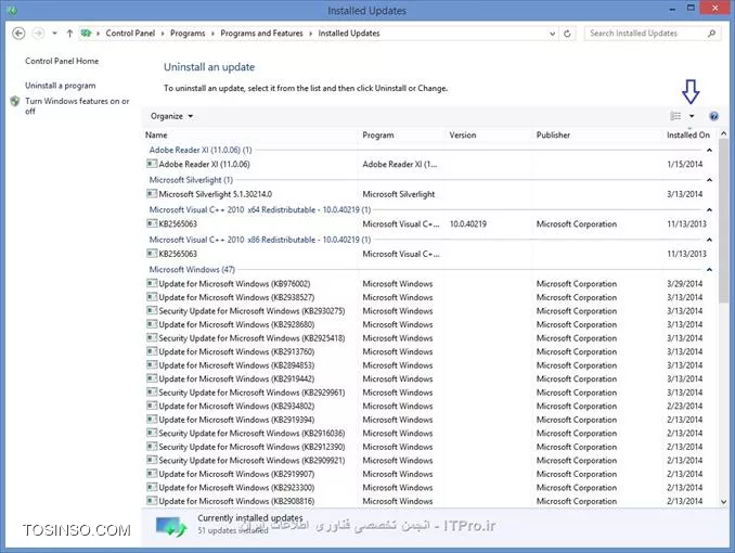 Run رو باز کرده و دستور زیر رو تایپ کنید:
<c#>
appwiz.cpl
<c#>
حالا روی Ok کلیک کنید تا پنجره Add or Remove Programs (یا Programs and Features در ویندوزهای جدیدتر) باز بشه.
سپس مطابق شکل زیر روی گزینه View installed updates کلیک کنید.

||http://network.tosinso.com/files/get/a08b0bb4-ca93-4fc6-afb9-35436fe16909||
پنجره Installed Updates مطابق شکل زیر باز میشه. حالا برای اینکه تاریخ بروز رسانی رو مشاهده کنید، سمت راست زیر ستون Installed On رو مشاهده کنید.

||http://network.tosinso.com/files/get/3b9ab5ad-84f1-4a99-8daf-a4cd72c3b48d||
برای مشاهده نسخه Service Pack هم از روشی که آقای رستمی گفتن میتونین استفاده کنین.
همینطور میتونین Run رو باز کنید و دستور زیر رو تایپ کنید:
<c#>
winver
<c#>
این صفحه هم Build Number نسخه ویندوز شما رو به شما نشون میده.

||http://network.tosinso.com/files/get/64c39836-c43b-4d8d-8d18-182b2cc1bd53||