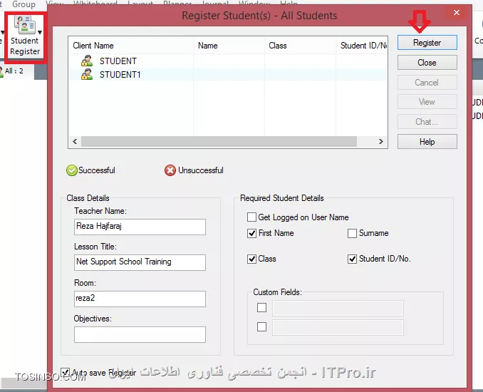 در این آموزش قصد دارم نحوه راه اندازی و استفاده از نرم افزار Net Support School رو بر روی VMware به صورت شماتیک توضیح بدم گرچه این روش در عمل کاربردی نداره ولی یک روش تمرینی خوب برای یاد گرفتن این نرم افزار کاربردی است. قسمت اول این اموزش مربوط به راه اندازی ماشین مجازی هست (اگر اشنایی دارید به بخش دوم مراجعه کنید) و بخش دوم استفاده از نرم افزار Net Support  ، در این مطلب آموزشی بر اساس یک سناریو نصب و راه اندازی VMWare و اتصال آنها به اینترنت و ایجاد یک شبکه داخلی و سپس راه اندازی نرم افزار کاربردی Net Support بر روی 3 ماشین VMWare که یکی از آنها به عنوان دستگاه معلم (Tutor) و 2 دستگاه دیگر به عنوان دانشجو (Student) شبیه سازی میشود.بر طبق این سناریو به ترتیب زیر 3 ماشین VMWare ایجاد میشود.
قدم اول : ایجاد یک ماشین مجازی جدید به ترتیب زیر:
||http://tosinso.com/files/get/c422d8d5-5359-4b5d-90c2-fcb1334963ef||
قدم دوم : یکی از دو حالت Typical یا Custom را انتخاب کرده و Next را میزنیم.
||http://tosinso.com/files/get/823e8f27-f990-4c0b-aecc-6d8c7c62d77e||
قدم سوم : در این مرحله میتوانیم محل فایل ایزوی ویندوز 8 را مشخص کرده و یا ان را به بعد موکول کنیم.
||http://tosinso.com/files/get/e76fa852-0add-402d-bf8f-fbc98eacfa0f||
قدم چهارم : در این مرحله نوع سیستم عامل و ورژن محصول را انتخاب میکنیم.
||http://tosinso.com/files/get/cf51fbad-5deb-4a73-a59a-382aec627b84||
قدم پنجم : نام ماشین مجازی را مشخص میکنیم.
||http://tosinso.com/files/get/3e1aa1aa-a0ca-4a3f-a1b6-4395d6e32c1f||
قدم پنجم : سپس با زدن Customize Hardware میتوانیم تنظیمات سخت افزاری ماشین مجازی را به دلخواه خود انجام دهیم.
||http://tosinso.com/files/get/25545a3a-c7b0-4914-b95c-03aed588ef1b||
قدم ششم : در این مرجله مقدار RAM ماشین مجازی را از طریق اسکرول تعبیه شده در سمت راست تعیین میکنیم
||http://tosinso.com/files/get/da09ec39-1df7-4d9b-aac9-fd883305fda9||
قدم هفتم : سپس تعداد پردازنده ها را مشخص میکنیم.
||http://tosinso.com/files/get/1d0edb30-b02e-40c6-85c2-5574c6e1d227||
قدم هشتم : در این مرحله حالت کارت شبکه خود را تعیین میکنیم. با توجه به شکل زیر 5حالت کارت شبکه مجازی در Vmware در نطر گرفته شده است که با توجه به سناریو NAT میتواند بهترین گزینه باشد.(نیاز به انصال هر ماشین به اینترنت بوده و ماشین ها باید به یکدیگر متصل شده و همدیگر را ببینند.)
||http://tosinso.com/files/get/f8e997b9-4baa-4268-86ad-4f2e0f0222f0||
قدم نهم : سپس مسیر فایل ایزوی سیستم عامل را تعیین میکینم.(در این سناریو هر 3 ماشین VM ویندوز 8.1)
||http://tosinso.com/files/get/87f047ce-6fe4-4f63-b3d0-e83871c302d7||
قدم دهم : سپس ویندوز 8 را نصب میکینم.
||http://tosinso.com/files/get/216fe59a-573e-4caa-ab1b-b3cd65d782ed||
قدم یازدهم : بعد از نصب هر VM میبایست برای هر ماشین VM Tools را هم برای راحتی کار و همچنین انتقال فایل نصب نرم افزار net support به ترتیب زیر نصب میکنیم
||http://tosinso.com/files/get/63d756e9-0dce-49e3-9133-8748cf1b65d6||
 قدم دوازدهم : همانطور که در شکل زیر میبینیم درایو مجازی VM Tools بر روی ماشین مجازی Mount شده و به راحتی کار نصب را انجام میدهیم.
||http://tosinso.com/files/get/e50fa9fe-5369-4f2f-9595-7865d66f7ae8||
قدم سیزدهم : فایل نصب نرم افزار Net Support را از سایت www.netsupportschool.com دانلود کرده و با توجه به نصب VM Tools فایل setup را به راحتی بر روی هر 3 ماشین کپی میکنیم.
||http://tosinso.com/files/get/3a7ac53b-a43d-4d6b-a562-f58857315000||
قدم چهاردهم : سپس بر روی ماشین Tutor فایل setup نرم افزار net support را اجرا کرده و آن را نصب میکنیم. و مراحل زیر را تا نصب کامل نرم افزار طی میکنیم.
||http://tosinso.com/files/get/1649c9b5-40b6-4119-87ab-30d4c5267f1f||
||http://tosinso.com/files/get/458a6a5a-586b-49d4-8109-ecc8097e1ae5||||http://tosinso.com/files/get/96eafb8c-56d5-477e-81ed-88eac296b9d5||
قدم پانزدهم : در این مرحله نوع کاربری net support را مشخص کرده که بر طبق سناریو برای یک ماشین Tutor و برای 2 ماشین student را نصب میکنیم.
||http://tosinso.com/files/get/36d33d42-ebea-40f2-980b-3f4f6ae16b1b||
||http://tosinso.com/files/get/db9bcd32-9c35-4e83-a9dd-cdb9e4ef1133||
قدم شانزدهم : بعد از اتمام نصب net support بر روی 3 ماشین مجازی در صورتی که هر 3 ماشین دسترسی به اینترنت نداشته باشند مراحل زیر را انجام میدهیم. ابتدا از منوی Edit گزینه Virtual Network Editor  را انتخاب کرده.
||http://tosinso.com/files/get/c7dc2761-ebdd-41a8-81d8-69dc5c804b73||
قدم هفدهم : با توجه به سناریوی تعیین شده برای هر 3 ماشین کارت شبکه در حالت NAT قرار داده شده در Virtual Network Editor بر روی VMnet 8 کلیک کرده تا تنطیمات NAT برای ماشین مجازی را انجام دهیم. همینطور که مشخص است کارت شبکه  در حالت NAT که بر روی سیستم عامل کامپیوتر میزبان ایجاد شده دارای محدوده IP : 192.168.113.0 بوده و بنابراین به منطور ایجاد ارتباط بین 3 ماشین مجازی این 3 ماشین هم باید از همین range ای پی اختصاص داده شود. به این منظور باید تیک use local DHCP service to distribute ip address to VMS را زده تا به هر سه ماشین از رنج IP مورد نطر به صورت اتوماتیک داده شود.(با این کار هم دسترسی به اینترنت برای 3 ماشین فراهم شده و هم هر 3 ماشین همدیگر را دیده و میتوانند با یکدیگر ارتباط درون شبکه ای داشته باشند.
||http://tosinso.com/files/get/3424910e-2f2b-4255-866e-2e8218e5e0ae||
بعد از این کار بر روی ماشین Tutor  آی پی های 2 ماشین دیگر را ping کرده تا از داشتن ارتباط اطمینان حاصل کنیم. بدین صورت هر 3 ماشین مجازی آماده برقراری ارتباط از طریق net support را داشته و میتوانیم محیط آموزشی net support را استفاده کنیم.
1- ایجاد یک room مجازی در ماشین Tutor: با اجرای نرم افزار net support پنجره زیر باز شده و استاد باید فیلدهای مربوطه را به ترتیب زیر پر کرده و سپس اتاق مجازی آموزشی را ایجاد کند.
||http://tosinso.com/files/get/20e36747-eb63-4f1c-9b77-ff19a8514c73||
2- بعد از کلیک کردن بر روی دکمه new پنجره زیر باز شده و استاد باید یکی از حالتهای زیر را به عنوان شروع کننده کلاس انتخاب کند. مورد اول Room Mode میباشد که این حالت به شما اجازه میدهد که کامپیوترهای داخل یک کلاس را گروه بندی کرده و دانشجویان میتوانند به این اتاق اموزشی برای شروع کلاس بپیوندند. حالت دوم  PC Mode میباشد که به شما اجازه میدهد که یک تعدادی کامپیوتر را که با هم در یک اتاق در اتصال هستند از طریق کابل را به هم متصل کرده و یک کلاس مجازی آموزشی تشکیل دهید. حالت سوم User Mode میباشد که به شما اجازه میدهد یک تعداد دانشجو را با استفاده از پروفایل های انها به کلاس اضافه کنید. حالت چهارم یک حالت ساده بوده که در ان شما به سادگی میتوانید شبکه موجود را جستجو کرده و همه دانشجویان را به کلاس مورد نظر اضافه کنید.
در این سناریو ما از حالت دوم استفاده میکنیم.
||http://tosinso.com/files/get/6b6cc5f8-5dcb-4fc8-8146-14b1744ccfa2||
3- در این مرحله پنجره Create Class باز شده و در این مرحله باید PC های دانشجویان کلاس را ابتدا جستجو کرده و سپس همه انها رو به کلاس اضافه کنیم.
||http://tosinso.com/files/get/be28d2da-cf20-4773-b06f-c3fdb16da00a||
||http://tosinso.com/files/get/7661349e-a09e-4f09-92e9-af40f2774d9b||
4-دبعد از ایجاد کلاس پنجره اصلی نرم افزار به صورت زیر میباشد و دانشجویان اضافه شده قابل روئیت میباشند.
||http://tosinso.com/files/get/4b4fd644-7999-4cf0-a5d8-3299d62a5923||
5- تب دوم این اجازه را به استاد داده تا نمایی از desktop های دانشجویان حاضر در کلاس را روئیت کرده و به نوعی انها را کنترل کند. علاوه بر ان استاد قادر است با کلیک کردن بر روی هر کدام از پنجره های پیش نمایش دسکتاپ دانشجویان به صورت remote به کامپیوتر دانشجوی مورد نظز دسترسی پیدا کند.
||http://tosinso.com/files/get/ace1446a-e122-460d-9987-f9b463cb2894||
6- در تب سوم که با ایکون های هد ست مشخص شده است استاد قادر است با کلیک بر روی Announce نوعی اطلاع رسانی را به دانشجویان ارسال کند. علاوه بر این استاد قادر بوده که با برداشتن تیک های بلندگو و میکروفون انها را از در کامپیوترهای دانشجویان از کار بیندازد.
||http://tosinso.com/files/get/9f032a1c-4787-4699-b565-85d2642adce8||
||http://tosinso.com/files/get/0379be7c-1a46-4d1c-b867-a36e50371cf6||
7-  در تب بعدی استاد قادر بوده که انواع سوالات را برای کل کلاس یا بخشی از کلاس مطرح کرده و جواب را هم از سوی دانشجویان دریافت کند.
||http://tosinso.com/files/get/c43fd40a-56a3-4579-afa2-0d3c41e151c3||
اولین مدل از سوالات First to answer میباشد که استاد با مطرح کردن یک سوال در کلاس گزینه مورد نظر را کلیک کرده و دانشجویان بر روی کامپیوترشان با پیغام زیر مواجه شده و اولین دانشویی که بر روی answer کلیک کند قادر خواهد بود تا سوال را جواب دهد.
||http://tosinso.com/files/get/95439e52-493b-4c49-9402-0a32e6e1f655||
||http://tosinso.com/files/get/38b943ed-8471-4716-adaf-fb8c6d71ded0||
بعد از پاسخ دادن به سوال بر روی پروفایل دانشجوی مورد نطر به شکا زیر 2 گزینه تیک و ضربدر در اختیار استاد قرار گرفته و صحیح یا نا درست بودن پاسخ دانشجوی مورد نظر را میتواند تعیین کند. 
||http://tosinso.com/files/get/a7d4b650-28eb-4d96-9b8f-c848ea3d257f||
در صورت درست بودن پاسخ دانشجوی مورد نظر یک ستاره به عنوان جایزه دریافت میکند.
||http://tosinso.com/files/get/fe29b122-7d8d-4d88-9c36-c5a5c5ab42fc||
نوع دوم سوال Enter an answer میباشد .
||http://tosinso.com/files/get/f0be3aa6-ecc8-4a26-83aa-4baf570f662d||
در این حالت استاد پاسخ صحیح را در کادر مورد نظر وارد کرده و بعد از مطرح کردن سوال بر روی Go کلیک کرده .
||http://tosinso.com/files/get/fea2b766-7725-41c2-952c-fadb8d7d2639||
همانطور که در شکل زیر نشان داده شده به محض کلیک کردن Go توسط استاد پنجره ای به شکل زیر در PC های دانشجویان ظاهر شده است
||http://tosinso.com/files/get/4e008f76-53c9-4d19-a40e-2e7d0117e3c1||
 و بعد از اتمام زمان تفکر دانشجویان قادر به پاسخگویی خواهند بود.
||http://tosinso.com/files/get/386151ee-a2eb-4cea-b35f-49f6fdb431e1||
بعد از پاسخگویی به سوال دانشجویان به شکل زیر از پاسخ دیگر دانشجویان مطلع میشوند و میتوانند خود را نسبت به کلاس ارزیابی کنند.
||http://tosinso.com/files/get/b9086a56-03ff-4c51-8ccd-47b4fdc36cd7||
همچنین استاد بعد از پاسخگوی دانشجویان به شکل زیر از پاسخ انها مطلع خواهد شد که رنگ قرمز نشان دهنده پاسخ اشتباه و رنگ سبز نشان دهنده دانشجویانی است که پاسخ صحیح را وارد کرده اند.
||http://tosinso.com/files/get/9ea7cab7-6aa7-4e01-9c4e-94cbfab24849||
در تب بعدی استاد قادر خواهد بود تا نوعی محدودیت برای دانشجویان کلاس از لحاظ دسترسی به  وب سایت های مختلف تعیین کندو ستون سمت راست برای وب سایت های ممنوعه بوده که استاد با کلیک بر روی علامت مثبت (سبز رنگ) وب سایت های ممنوعه را تعیین کند و در اینصورت دانشجویان قادر نخواهند بود به وب سایت های مذکور دسترسی پیدا کنند.
||http://tosinso.com/files/get/d8048463-751d-4453-ae99-dcd5a8c7405b||
از ستون چپ نیز استاد قادر بوده تا وب سایت های مورد تایید را اضافه کند و اجازه دسترسی را به دانشجویان داخل کلاس به وب سایت های مذکور بدهد.
||http://tosinso.com/files/get/589718f6-fc60-49b9-9985-800e2d2eb8f8||
علاوه بر این استاد قادر بوده با استفاده از دکمه های پایین صفحه  همه وب سایت ها را بلاک کند.
||http://tosinso.com/files/get/0f56aec7-c81f-4ee3-80c6-c9c1d1f93930||
در تب بعدی استاد قادر خواهد بود نوعی همه پرسی از کلاس انجام داده تا به نتیجه مورد نظر با استفاده از جواب ها برسد.
||http://tosinso.com/files/get/111fb50a-c772-4a68-85c9-6a3786756ebd||
در این تب ابتدا استاد سوال رو مطرح کرده و نوع پاسخ را از نوار کیک کشویی زیر response انتخاب کرده و سپس بر روی send کلیک کرده و ان را برای همه دانشجویان ارسال کند.
||http://tosinso.com/files/get/fe6c9156-519e-43a2-8ef5-b14047da890c||
به محض ارسال سوال پنجره زیر برای همه دانشجویان باز شده و میتوانند به سوال پاسخ دهند.
||http://tosinso.com/files/get/4700ffba-1dec-4e2f-a5f6-e13b72993e86||
بعد از پاسخ دادن همه دانشجویان استاد قادر خواهد بود تا از ستون سمت راست درصدی از پاسخ های تعیین شده را مشاهده کرده و ارزیابی مورد نظر را از سوال خود انجام دهد.
||http://tosinso.com/files/get/3371a176-c0f2-44e0-b907-2437197d2d3f||
تب بعدی دسترسی پرینتر به دانشجویان میباشد که استاد با استفاده از دکمه های پایین پنجره میتواند عملیات پرینت را متوقف و بلاک و یا برای همه دانشجویان آزاد کند.
||http://tosinso.com/files/get/6efcb071-3ec3-4396-858e-73aa8fe0ab01||
در تب بعدی استاد قادر خواهد بود تا فرایند مانیتورینگ فعالیت های دانشجویان را با کلیک بر روی Monitor Activity فعال یا غیر فعال کند و علاوه بر ان از این تب استاد قادر است دانشجویان را بلاک کند. 
||http://tosinso.com/files/get/2b3ac1f5-48b6-4860-8f14-02fe9e29cc53||
در تب بعدی استاد میتواند سطح دسترسی دانشجویان را به CD/DVD و USB تعیین کند.
||http://tosinso.com/files/get/f2d8851f-a280-4c91-b15f-781145d9dd4a||
آخرین تب یکی از پر کاربردترین تب ها بوده که استاد قادر است با ایجاد یک صفحه White Board تدریس را انجام دهد. برای نمایش White board برای همه دانشجویان استاد بر روی Show کلیک کرده که به محض کلیک صفحه White Board بر روی مانیتور دانشجویان ظاهر میشود. در این صفحه ابزارهای زیادی برای تدریس همچون ایجاد متن و استفاده از قلم و خطوط و اشکال مختلف به تدریس بپردازد. علاوه بر ان استاد میتواند رنگ قام و ضخامت ان و همچنین فونت متن ها را تغییر دهد و در نهایت میتواند صفحه کذکور را ذخیره و صفحه جدیدی ایجاد کند.
||http://tosinso.com/files/get/ada000e7-0f9b-43af-9c34-a189be039f81||
یکی از منوهای کاربردی در این نرم افزار استاد میتواند تکالیف مورد نظرش را برای دانشجویان به طریقه زیر ارسال کند.
||http://tosinso.com/files/get/2896704a-8fdd-4dae-9f3b-b79a39014eeb||
بعد از انتخاب Send Work پنجره زیر باز شده و استاد میتواند تکلیف کورد نظر را که در قالب یک فایل text ذخیره کرده است را انتخاب کرده و همچنین تایین کند که فایل مورد نظر در چه مکانی از PC های دانشجویان کپی شود.
||http://tosinso.com/files/get/c0e03536-c30b-4855-bab8-66fbb6028b8f||
 سپس با کلیک بر روس send فایل text بر روی PC دانشجویان کپی میشود .
||http://tosinso.com/files/get/57210fb5-f5ce-4204-8db9-cffb9c23b4b9||
و دانشجویان قادر خواهند بود که فایل مورد نطر را باز کنند و محتویات تکلیف تایین شده از طرف استاد را ببینند.
||http://tosinso.com/files/get/b123fd5a-c981-4f8e-93a2-6f8b19764f49||
از دیگر منوهای کاربردی برای استاد ایکون های Lock , Unlock می باشد که استاد در صورتی که نیاز داشته باشد از دیدن صفحه نمایش خود برای دانشجویان جلوگیری کند بر روی Lock کلید کند.
||http://tosinso.com/files/get/7cd4174b-5e72-4557-8829-a89cd38b499d||
به محض کلیک استاد بر روی Lock صفحه نمایش PC های دانشجویان به وضع زیر خواهد درامد.
||http://tosinso.com/files/get/824e86cf-bae2-4893-b83f-98eee194ff4d||
از منوی show استادی میتواند صفحه نمایش خود را به حالتهای مختلف برای دانشجویان برای انجام تدریس در بیاورد.
||http://tosinso.com/files/get/dab9a896-a5ad-43d2-ab1c-3dfaa806d6c6||
نحوه حضور و غیاب با استفاده از نرم افزار Net Support به شکل زیر بوده و استاد با کلیک بر روی منوی Student register انها را در کلاس ثبت نام کند. 
||http://tosinso.com/files/get/3c183ee7-76e8-4582-b18d-21d93a276350||
به محض کلیک استاد بر روی register پنجره ای به شکل زیر بر روی صفحه نمایش دانشجویان ظاهر شده که دانشجویان موظف به پر کردن فیلدهای خالی بوده و ان را تایید کنند.
||http://tosinso.com/files/get/9ada9676-2aec-4af3-a76a-2d1cd9668e05||
بعد از انجام حضور و غیاب استاد میتواند یک گزارش از ان را در قالب یک فایل با پسوند .csv ذخیره کند.
||http://tosinso.com/files/get/360717e1-6f4f-4c6f-b18d-85197b6afa0f||
همچنین استاد میتواند با کلیک بر روی registration report کلیک کند.
||http://tosinso.com/files/get/773a472f-124e-4362-b5ee-6a18a228ae53||
به محض کلیک بر روی registration report میتواند گزارشی از دانشجویان حاظر در کلاس و فعالیت های انها مشاهده کند.
||http://tosinso.com/files/get/c499c1b6-048b-4abb-a841-0fa9fb9c26cf||
از دیگر قابلیت های این نرم افزار chat , ارسال پیغام خصوصی از طرف استاد به دانشجویان میباشد.
||http://tosinso.com/files/get/e14a8f27-cb16-4a9f-aa1a-b020b050abd5||
در شکل زیر نمونه ای از محیط chat باز شده توسط استاد با یک دانشجو میباشد.
||http://tosinso.com/files/get/d3ee9b19-2dcb-45cf-add0-d4c87dba65cc||
در پایان استاد میتواند کلاس را به طرز زیر به پایان برساند.
||http://tosinso.com/files/get/13c9666a-fb77-4b8b-bddd-d6aedc050515||


نویسنده : رضا حاج فرج 
منبع : |جزیره مجازی سازی وب سایت توسینسو::https://tosinso.com/virtualization|
هر گونه کپی برداری بدون ذکر منبع غیر اخلاقی است. 
