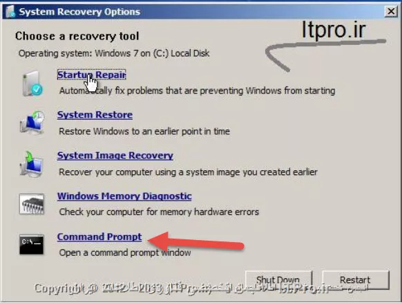 ابتدا پیشنهاد میکنم لینک زیر رو مطالعه کنید
* |آموزش راه اندازی Startup Repair در Windows 7::https://tosinso.com/articles/537/%d8%a2%d9%85%d9%88%d8%b2%d8%b4-%d8%b1%d8%a7%d9%87-%d8%a7%d9%86%d8%af%d8%a7%d8%b2%db%8c-Startup-Repair-%d8%af%d8%b1-%d9%88%db%8c%d9%86%d8%af%d9%88%d8%b2-7|
ضمناً میتونید cd ویندوز رو داخل سیستم قرار بدید و به مراحل نصب ویندوز برید سپس به پنجره install now که رسیدید اون پایین زده repair اونو بزنید سپس به تصویر زیر که رسیدید Command prompt رو انتخاب کنید
||http://hardware.tosinso.com/files/get/3c89b915-c8a9-4809-bed5-54382a79a504||
حالا میتونید دستور های زیر رو اجرا کنید البته اگر command prompt رو پیدا نکردید Shiift+F10 نیز کمکتون میکنه
<c#>
sfc /scannow
chkdsk c: /f /r
<c#>
