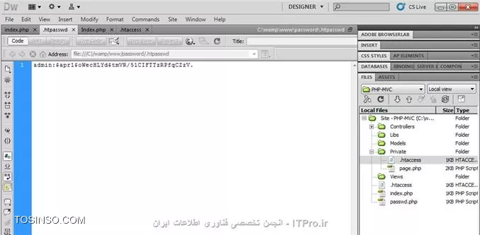 سلام به همگی دوستان، تو قسمت قبل یه توضیح کوتاه درباره MVC دادم و استارت برنامه وبمونو زدیم چندتا فایل هم ایجاد کردیم و رسیدیم به مبحث .htaccess ، خوب یه توضیح درباره این فایل میدم و بعد با این فایل نرم افزار Apache روی سرور تنظیم میکنیم .فایل .htaccess واسه کانفیگ سرورهایی کارایی داره که روی سرور ، Apache اجرا شده باشه و با این فایل میتونیم توابع و ویژگیهایی Apache فعال یا غیرفعال کنیم مثلا تغییر مسیر، محافظت از رمز عبور ، محدودیت IP و ... . زمانی که این فایل روی یه دایرکتوری میزاریم Apache به دنبال این فایل میگرده، پس باید این فایل به همین صورت یعنی .htaccess بنویسیم بدون چیزی کم یا زیاد . یه مثال میزنم، زمانی که برنامه وب ما به خاطر اشتباه کاربر یا برنامه نویس با خطا برخورد میکنه، Apache این خطا رو تو یه صفحه با شماره خطا و توضیح خطا به ما نشون میده و ما نمیخوایم هر وقت که با خطا روبرو میشیم این عمل صورت بگیره، حالا یا برنامه نویس صلاح میبینه که این خطا رو نشون بده با این تفاوت که خود برنامه نویس میاد یه صفحه خطا ایجاد میکنه و زمانی که خطا رخ میده صفحه خطایی که خودش تولید کرده بجای صفحه خطا Apache میزاره (یعنی مسیر URL تغییر میده) یا اینکه اصلا خطایی نمایش داده نمیشه، که این کار بوسیله ErrorDocument انجام میشه بصورت زیر.
<left>
ErrorDocument 401 http:////127.0.0.1//PHP-MVC//Index
<left>
خوب این کد باید توی فایل .htaccess بنویسیم، که در اینجا موقعی که خطای 401 رخ میده بجای نمایش صفحه خطا، برنامه Redirect (تغییر مسیر) میکنه به صفحه index برنامه و صفحه index نمایش داده میشه .خوب حالا واسه ابتدای کار یه فایل .htaccess توی پوشه اصلی برنامه وبمون میسازیم .نکته : زمانی که فایل .htaccess توی یه فولدر قرار میدیم هر تنطیمی که انجام داده باشیم روی فایل ها و زیرفولدرهای همان فولدر هم اعمال میشه . 
1) ErrorDocument : زمانی که خطا رخ میده کاربر به مسیر مورد نظر هدایت میکنه .
<left>
ErrorDocument 404 //error_pages//404.html
<left>
404 : موقعی که فایلی رو پیدا نمیکنه این خطا رخ میده .
403 : زمانی که خطای Forbidden رخ میده .
401 : Authorization Required
500 : Internal Server
400 : Bad request
2) Redirects : موقعی که بخوایم کاربر از یه مسیر به مسیر دیگه منتقل کنیم، مثلا قبلاً یه صفحه توی وب سایتمون داشتیم و بجای این صفحه یه صفحه جدید درست کردیم و حالا یه کاربری میخواد صفحه قدیمی باز کنه، با Redirects میتونیم کاربر به صفحه جدید انتقال بدیم .
<left>
Redirect //old_dir//  http:////www.yourdomain.com//new_dir//index.html
<left>
3)یکی از مهمترین کاربرد های فایل .htaccess قابلیت password protection (محافظت از رمزعبور) هست .
زمانی که میخوایم روی یه فولدر یا تعداد بیشتری فولدر رمزعبور بزاریم تا فقط افرادی که دارای رمز عبور هستند بتونن این فولدر باز کنن، این قابلیت بدرد بخور هست، بصورت زیر انجام میدیم .
یه مثال میزنم، من یه فولدر به نام private دارم که میخوام فقط یوزری بنام admin بتونه محتوای اونو ببینه . فعلا اگه بخوام این فولدر باز کنم راحت باز میشه .
||https://tosinso.com//files/get/2b033ea3-cd69-4bc9-b50e-f98fdb9ca9dd||
و یه فایل بنام page.php توی این فولدر ساختم که در واقع میخوایم از این فایل محافظت کنم .
||https://tosinso.com//files/get/7284314e-ff1b-4154-9599-67f29cf71dd1||
کد page.php:
||https://tosinso.com//files/get/1184c1db-f1d7-4354-a2c5-9e19194e397b||
ادامه کد:
||https://tosinso.com//files/get/d251f989-557d-466e-b829-82c8d24e4f98||
توی تگ style کدهای css هست (اگه شد بعداً  یه مقدار css هم توضیح میدم) و ادامه کد هم که آسونه چیزی نداره (دو تا label , textbox و یه button گذاشتم) .
خوب حالا میریم سر کدهای htaccess:
یه فایل بنام .htaccess توی فولدر private میسازیم که این فایل وظیفه محافظت از فولدر داره تا کاربرای دیگه (به غیر از کاربری با نام admin) نتونن توی فولدر ببینن . 
||https://tosinso.com//files/get/c69b4207-68d2-4ced-8b9e-cf3ecc0ea67c||
AuthType : نوع تشخیص هویت معلوم میکنه و ما اینجا basic براش ست کردیم چون داریم از احراز هویت http استفاده میکنیم .
AuthName : یه متن هست که توی صفحه ای که میخواییم رمزعبور وارد کنیم نمایش داده میشه (توی عکس معلومه)
AuthUserFile : مسیر فایل محتوای رمزعبور و نام کاربری (توصیه میشه فایل محتوای رمزعبور و نام کاربری توی فولدر برنامه وب نباشه، خارج از فلودرهای برنامه باشه)
require valid-user : یعنی فقط کاربرای مجاز محتویات این فولدر میبینند .
و حالا یه فایل دیگه هم میسازیم به نام .htpasswd و توش رمز عبور و نام کاربری هرکسی که میخوایم به این فولدر دسترسی داشته باشه، قرار میدیم (در اینجا ما فقط به admin اجازه دادیم)
<left>
username:password
<left>
اگه خواستید به چند نفر اجازه بدید این فولدر ببینن باید username و password ها رو زیر هم بنویسید اینجوری :
<left>
username:password
username:password
username:password
<left>
توی فایل .htpasswd میشه رمز عبور encrypt ذخیره کرد یا هم بصورت معمولی رمز عبور دخیره کنیم، اگه خواستید رمزعبورتون encrypt کنید برید توی این سایت :
<left>
http:////www.htaccesstools.com//htpasswd-generator
<left>
خوب من رمزعبور خودمو encrypt کردم و گذاشتم توی فایل .htpasswd :
||https://tosinso.com//files/get/3cd686d4-e136-4ba8-8503-f62e2149903d||
و حالا موقعی که میخواییم وارد page.php بشیم از ما نام کاربری و رمزعبور میپرسه .
||https://tosinso.com//files/get/551497ca-877e-4724-9482-3f54de0cfd12||
اگه روی دکمه cancel کلیک کنم این صفحه برام نشون داده میشه
||https://tosinso.com//files/get/9dcaebd7-12ce-40ea-8128-ca3f5143a348||
اگه رمزعبور یا نام کاربری غلط وارد کنم دوباره ازم نام کاربری و رمزعور میپرسه و اگه هم درست وارد کنم که صفحه ای که میخوایم برامون باز میکنه 
||https://tosinso.com//files/get/405eddde-ab98-4a5a-80f3-b943ee915c90||

اومیدوارم از این قسمت هم استفاده لازم برده باشید . توی قسمت بعدی ادامه مباحث htaccess توضیح میدم .

نویسنده : مهدی رزمجویی
منبع : |جزیره طراحی و توسعه وب وب سایت توسینسو::https://tosinso.com/web|
هرگونه نشر و کپی برداری بدون ذکر منبع و نام نویسنده دارای اشکال اخلاقی می باشد