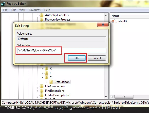 با برنامه Drive Icon Change میتونید تغییر شکل درایو هاتون رو در کسری از ثانیه انجام بدید.
اگر از طریق فایل autorun.inf این اتفاق برای شما افتاده برای تغییر به حالت پیشفرض این آیکون: فایل autorun.inf را از محل جاری درایو پاک کنید.
اگر از طریق رجیستری آیکون مورد نظر تغییر کرده بهتره به Run رفته و سپس Regedit رو بزنید تا به رجیستری برید سپس به آدرس زیر رفته
<c#>
HKEY_LOCAL_MACHINE\SOFTWRE\Microsoft\Windows\CurrentVersion\Explorer
<c#>
یک کلید با نام DriveIcons ایجاد کنید ( با کلیک راست بر روی کلید Explorer و انتخاب گزینه Key از زیر شاخه New و تغییر نام کلید جدید به DriveIcons )
||http://icdl.tosinso.com/files/get/6c0c1272-67d2-4115-810e-307707fbb890||
نکته: اگر کلید DriveIcons به صورت پیشفرض وجود داشت نیازی به ساختن آن نیست
سپس در کلید DriveIcons یک زیرکلید دیگر با نام درایو مورد نظر خود با حرف بزرگ بسازید. ( مثلا اگر میخواهید آیکون درایو C را تغییر دهید زیرکلیدی با نام C بسازید. همینطور برای درایو های دیگر D , E , ..  ) دقت کنید که نام درایو ها را با حروف بزرگ بنویسید.
نکته:اگر کلید درایو مورد نظر به صورت پیشفرض وجود داشت عملیات زیر را انجام دهید
یک زیرکلید دیگر در کلید ساخته شده در مرحله قبلی ایجاد کنید و نام آنرا به DefaultIcon تغییر دهید. (مثلا برای کلید C که قصد تغییر آیکون آنرا داریم، یک زیر کلید با نام DefaultIcon میسازیم)
||http://icdl.tosinso.com/files/get/1cdaa0da-ba8e-4d83-bd16-a2ceeebc8e29||
اگر کلید درایو مورد نظر به صورت پیشفرض وجود داشت قدم بعدی را انجام دهید
زیرکلید DefaultIcon درایور مورد نظر را انتخاب کنید سپس از سمت راست مقدار (Default) را انتخاب کنید.
در قسمت Value Data که در تصویر زیر موجود است به جای آدرسی که مشاهده میشود خالی باشد تا به حالت پیشفرض در بیاید
||http://icdl.tosinso.com/files/get/3d76a4f2-bf88-4fe8-ac4c-6dcaaca27111||
