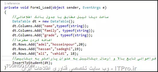 با سلام
جدولی در دیتابیسمون با نام Table با مشخصات  پایین ایحاد می کنیم :
نام و نام خانوادگی و نمره 
<center>
||https://dba.tosinso.com/files/get/4e1ea48f-3801-460f-8399-66d8ba9f6247||
<center>
بعدش یک نوع جدید تعریف می کنیم (حتما دیدین که توی برنامه نویسی شی گرا شی جدید ایجاد می کنیم با استفاده از کلاس ها) توی دیتابیس هم می تونیم نوع جدید تعریغ کنیم :
<center>
||https://dba.tosinso.com/files/get/e2c9b36e-4608-497e-9724-b13a57c10114||
<center>
نوع جدیدمون رو دقیقا مطابق با جدولمون ساختیم .
خوب حالا یه تابع می نویسیم که پارامتر اون نوع جدیدی که تعریف کردیم رو قبول کنه (نوع جدید ما از نوع جدولی هست ) و رکوردهای نوع جدیدمون رو وارد جدول اصلی کنه :
<center>
||https://dba.tosinso.com/files/get/08749df4-a618-4c9f-b487-25f38263a6a4||
<center>
دقت کنید بعد از تعریف پارامتر جلو نوع جدیدمون نوشتیم READONLY یعنی فقط خواندنی چرا ؟ به دلیل اینکه پارامترهای ما اگه از نوع جدولی تعریف شده توسط کاربر باشه (User-Define TableValue) ما حق انجام عملیات دیلت و اینزرت و آپدیت اون رو نداریم و فقط حق خوندن اون رو داریم .
خوب حالا نوبت برنامه نویسی هست یک پروژه ی ویندوز فرم جدید ایجاد می کنیم داخل رویداد FORM_LOAD اون یک دیتا تیبل تعریف می کنیم با ستون های نام و نام خانوادگی و نمره و اون رو پاس می دیم به تابعی که تعریف کردیم که تابع اصلی ما رو از دیتا بیس فراخونی می کنه :
<center>
||https://dba.tosinso.com/files/get/a1cdea77-ade8-455e-b494-5a9edbba165b||
<center>
ایجاد دیتا تیبل و اضافه کردن ستون ها 
بعد از اضافه کردن ستون ها سه سطر به دیتا تیبل اضافه خواهیم کرد :
<center>
||https://dba.tosinso.com/files/get/3e254791-c375-43ec-b27b-864e6228a31d||
<center>
تابعی که پارامتر ورودی اون یک دیتا تیبل هست ما دیتا تیبل و از تابعی توسط سی شارپ می خونیم و اون و ارسال می کنیم واسه تابع InsertToStudent دیتابیس :
<center>
||https://dba.tosinso.com/files/get/95decd4b-a82a-4620-a099-f7868abacd4f||
<center>
پارامترمون و باید دو خصوصیت واسش تعریف کنیم یکی SqlDataType هست که باید بروی Structured بزاریمش تا دیتابیس متوجه بشه داده ی ارسالی ساختمان داده است یعنی اینکه : از چندین نوع داده در اون استفاده شده مثل دیتا تیبل ما که دوتا ستون رشته و یک ستونی عددی داره .
خصوصیت بعدی باید نام نوعی که تعریف کردیم رو در TypeName یا نام نوع بع پارامتر اعلام کنیم .
اینم نتیجه ی نهایی :
<center>
||https://dba.tosinso.com/files/get/e7b1e5ce-0d0f-48cf-86e6-7c2fe6ea80df||
<center>