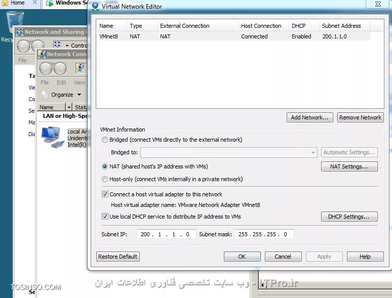 با سلام

من یه ویندوز سرور روی Vmware نصب کردم  DHCP رو روی سرور نصب کردم و تنظیماتش رو انجام دادم حالا هر کاری میکنم خود ویندوز سرور روی ip اتوماتیک از DHCP آی پی

و آی پی هایی که میگیره مربوط به تنظیمات DHCP من نیست احتمال زیاد از VMware یا آنتی ویروس میگیره که از یه طرفی هم آی پی که میگیره نه تو VM  هست نه آنتی ویروس

نمیدونم از کجا آی پی میگیره

خلاصه من میخوام تنظیماتی رو انجام بدم که سروری که روش DHCP  رو نصب کردم خود سرور از اون آی پی بگیره چنتا عکس هم پایین میزارم

از آی پی دهی آنتی ویروس هم سر در نمیارم و کسپراسکی هست


||http://tosinso.com/files/get/2360dc85-f874-46c4-88d9-f9055ac92bad||


||http://tosinso.com/files/get/3e776700-674c-46a0-b38b-c1d9ba0916df||


||http://tosinso.com/files/get/6b239090-e1d1-4140-9864-b0fc4295ee8b||

||http://tosinso.com/files/get/0f52f076-1bc3-4500-ab9f-7208145c52ec||