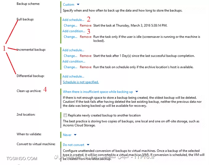 --
! Creating a backup plan
--
بعد از ایجاد مراحل مقدماتی که در آموزشهای قبلی توضیح داده شد نوبت به شروع Backup گیری از Client/Server میرسد.قبل از اینکه شما Backup گیری را شروع کنید باید چند پارامتر را قبل از Backup مشخص کنید. مانند:
*از چه چیزهای Backup بگیرم؟*
شما باید مشخص کنید از چه چیزی می خواهید Backup بگیرید؟ VMها،  Physical Machineها،  سرورها یا کلاینتها؟ از کدام قسمت آنها Backup تهیه کنم؟
*با چه credentials های از ریسورسهای بالا Backup تهیه کنم؟*
شما باید یک User مشخص کنید که مجوز لازم برای Backup از منابع حساس را داشته باشد. علت Fail شدن بیشتر Backup jobها این مورد می باشد.
*بحث Exclusions *
شما باید تصمیم بگیرید چه ایتمهای نباید از آنها Backup گرفته شود؟ (این Option اختیاریه)
*Backupها را کجا ذخیره کنم؟*
یکی از مهمترین پارامترهای که باید در نظر گرفته شود. اهمیت این مورد بیشتر از موارد قبلی می باشد، خیلی از Admin ها در مواقع اضطراری دلشونو خوش این Backup هستش و اگر اسورج این Backup ها بصورت ناپایداری باشد شما در مواقع اضطراری باید دنبال یک معرف قوی باشید که با مدیر عامل آن شرکت یا سازمان حرف بزند که اگر از بخش اینورماتیک اخراج شدید در قسمت های دیگر شما را جذب کنند D:
*Credentials for storage access*
اگر Backupهای شما در Storage node, FTP, SFTP and etc… ذخیر می شود باید یک User در Backup plan معرفی کنید که مجوز دسترسی به آن استورج ها را داشته باشد.
*Backup scheme*
در این پارامتر باید مشخص کنید در چه زمانهای میخواهید از ریسورسها Backup تهیه کنید؟؟؟ تا چه زمانی Backup در Storage باقی بمانند؟؟؟ یا تنظیمات،  کپی کردن یک نسخه از Backupهای گرفته شده در جائی دیگر، و بقیه تنظیمات دیگر
--
قبل از اینکه شما بتوانید از ریسورسهای شبکه Backupی تهیه کنید باید یک برنامه Plan برای Client/Server های خود در Management Server خود ایجاد کنید.
Acronis توصیه می کنه برای هر دسته از کامپیوترها (این دسته می تونه شامل چند صدتا Server باشه یا یک سرور باشه) مثلا: سرورهای FTP یک Plan و سرورهای DC یک Plan وغیره.
این دسته ها را می توانید با ایجاد گروه در Management Server ایجاد کنید و Serverهای مشابه را عضو این گروه ها کنید. و Plan مناسب هر گروه را فقط به آن گروه ربط دهید.
برای ایجاد Plan :
||http://tosinso.com/files/get/27369028-2ca4-4f3b-94d5-cd888f8f9cc7||
گذینه مشخص را کلیک کنید:
||http://tosinso.com/files/get/475c99e8-b327-4bc2-97c2-0ba74ea4726c||
این قسمتها خیلی مهمه همه را یک به یک مرور می کنیم.
! قسمت 1:
--
قسمت اول باید مشخص کنیم از چه چیزهای قصد داریم Backup تهیه کنیم، که برای اینکار لینک Required را کلیک می کنیم:
||http://tosinso.com/files/get/18a0e8ef-ab93-4120-930a-a7b8a5d2d1dc||
در قسمت های بالا که مشخص کردم میتوانید تعین کنید از چه چیزهای قصد Backup گرفتن دارید Disk, Volumes, Files end etc… در قسمت سمت راست هم می توانید تعین کنید که قصد انتخاب ایتمها بصورت مستقیم دارید یا از طریق تعریف Policy؟؟ Policy در این قسمت بدین شکل است که می توانید از ماشینهای انتخابی Profile آنها یا پوشه %windir%..., و  یا دیسکت های Dynamic or fixed و غیره را مشخص کنید. به عکس زیر توجه کنید:
||http://tosinso.com/files/get/1f703a16-b137-4f0b-8a0e-332d3924375c||
 که من قصد انتخاب ایتمها بصورت مستقیم را دارم:
||http://tosinso.com/files/get/790f1c1a-a15e-4a2c-9fc7-765327b6b527||
! قسمت 2:
--
||http://tosinso.com/files/get/98730cd2-9c69-4955-95b7-b533e1bfd9c3||
بعد از انتخاب کردن ایتم های مورد نیاز برای Backup گیری باید مشخص کنید این Backup را کجا ذخیره کنید؟؟ لینک Required را کلیک کنید
||http://tosinso.com/files/get/779440d1-6f9b-4e06-92cc-7fdabbe44b00||
# همه Backup ها (Archive) در یک نقطه مرکزی ذخیره می کند.
# Backup ها را در پوشه ی که مشخص می کنیم بر روی همان ماشین ذخیره می شود.
# Backupها بر روی Acronis Secure Zone که بر روی خود ماشین ساخته شده ذخیره می شود.
که در بالا من گذینه اول را انتخاب و Backupها را بر روی Acronis Storage Node ذخیره می کنم. که بعد از Ok کردن باید Userی که عضو گروه Local Administrators بر روی BSN می باشد وارد کنید.
! قسمت 3:
--
||http://tosinso.com/files/get/57dc483c-5f83-4f6f-b54e-ce749338d796||
بعد از مشخص کردن جائی برای ذخیره کرده اطلاعات Backup باید مشخص کنیم این Backup Plan چگونه از Resource ها Backup بگیرد.
# این قسمت را بعدا مفصل توضیح میدم.
# زمان بندی کردن دفعات Backup گیری می باشد.
# تنظیم کردن قابلیت Cleanup. این قابلیت در فواصلی که ما در اینجا مشخص می کنیم Backup ها را پاک می کند. برای بهینه سازی در مصرف فضای ذخیره سازی این کار انجام میشه.
# با تنظیم کردن این قابلیت می توانیم از Backup گرفته شده یک نسخه دیگر تهیه کنیم و آن را در جائی دیگر ذخیره کنیم. در سازمانهای خیلی بزرک Backupها هیچ وقت پاک نمی شود بلکه در جائی به نام off-site بر روی Tape library ذخیره می شود. شما می توانید off-site خود را در قسمت شماره 8 تنظیم کنید.
# نوع Backup را مشخص می کنیم.Full or incremental.
# Validate یا اعتبارسنجی کردن Backupهای گرفته شده در این قسمت تنظیم میشه. که این پروسه بر روی اخرین Full Backup گرفته شده تنظیم شده. 
! قسمت 4: 
--
||http://tosinso.com/files/get/0446f4d3-6d02-4251-b4da-bd0ec0d95d74||
در این قسمت می توانیم اسمی برای این Backup Plan همراه توضیحاتی بنویسیم.
قسمت Backup Option را در جلسه بعدی توضیح میدم.
شما بوسیله Plan’s Credentials می توانید برای اجرای این Backup plan یک User-Pass درست کنید که با مجوز این User-pass اجرا شود. بصورت پیش فرض قرار دهید.
بعد از تنظیم کل پارمتراها Ok کنید.
||http://tosinso.com/files/get/1558c4b0-e284-4c7b-a407-14a536509db7||
طبق زمان بندی که شما انجام می دهید این Plan اجرا می شود. در بالای Plan چندین گذینه وجود دارد. که واضح هستن کاربردشون چیه مثلا Clone یک کپی کامل مانند Plan قبلی ایجاد می کند. گذینه Export از تنظیمات این Plan یک فایل XML ایجاد می کند که بر روی Acronis Backup Advanced های دیگر می توانید Import کنید.
! Backup Schemes
--
در هنگام ایجاد Backup plan شما قسمتی به نام Backup Schemes دارید که شامل چند گذینه می باشد:
<ltr>
•	Simple
•	Grandfather-father-son
•	Custom
•	Tower of Hanoi
•	Manual Start 
•	Initial seeding
<ltr>
حوصله بذارید اینا رو با هم یاد بگیریم...... 
! Simple
شما با انتخاب این گذینه بصورت ساده باید مشخص کنید کی و چه اوقاتی قصد Backup گیری را دارید. 
بقیه پارامتراها بصورت اختیاری می باشد.
||http://tosinso.com/files/get/ee5c8971-c683-4ebd-82d1-04adc1979f47||
پارامترهای بالا واضح ، ساده و نیاز به توضیح خاصی ندارن.
قسمت Schedule باید مشخص کنید چه زمانی قصد Backupگیری دارید؟ قسمت Retention rules باید مشخص کنید این Backup تا کی در Storage باقی بماند؟ که من  بصورت دائمی ست کردم (Backup حذف نشود). و بقیه پارامترها که بدیهی و ساده هستن...
! Grandfather-Father-Son scheme
پدربزرگ، پدر و فرزند!!! 
یک روش و یک نوع متد Backup گیری می باشد که پارامترهای خاص خودشو داره
در یک نگاه اگر بخواهیم این روش را توضیح بدیم:
به روز فرزند گفته می شود، به هفته پدر گفته می شود و به ماه پدربزرگ. که روزهای خاصی را برای Backup گیری تعریف می کند. و همچنین تنظیمات retention periods
اجازه بدید فرض کنیم شما قصد دارید بصورت مرتب روزانه (D) و هفته گی (W) و ماهیانه (M) از منابع خود Backup تهیه کنید. جدول زیر زمان بندی این روش در دو ماه، را نشان می دهد:
||http://tosinso.com/files/get/00eb5b8c-6dde-4b8b-b180-32c3fe844187||
Backup های روزانه در روزهای کاری به جز جمعه اجرا میشود. و Backup های ماهیانه در اخرین جمعه ماه اجرا می شود. و Backup های هفتگی در روزهای جمعه بجز آخرین جمعه ماه اجرا می شود.
و اما پارامترهای این روش. وقتی شما این متد را انتخاب می کنید پارامترهای زیر ظاهر می شوند:
||http://tosinso.com/files/get/3f85dc8b-3d45-4663-857d-b5dc3e4566c1||
# باید تعیین کنید Backup گیری در چه ساعتی شروع شود؟ این ساعت، زمان اجرای Backup های (D), (W) and (M) می باشد. 
# روزهای که Backup های (D) اجرا میشوند را مشخص می کنیم. که روزهای کاری ما در ایران هستن.
# روزی که Backup های (W) and (M) اجرا می شوند را مشخص میکنیم. ( در تنظیم بالا هر چهارشنبه هفته ما یک Backup هفتگی و در آخرین چهارشنبه ماه یک بکآپ (M) می توانیم داشته باشیم.
# مدت زمانی که Backup های D, W and M در Storage باقی بمانند را مشخص می کنیم. که در بالا تنظیم کردم که Backup های روزانه 5 روز در database باقی بمانند و Backup های هفتگی 7 روز و Backup های ماهیانه بصورت دائم باقی بمانند.
# در این قسمت نوع Backup گیری را مشخص می کنیم؟ که دو گذینه داریم: 1-Always Full که همیشه از منابع بصورت Full بکاپ تهیه می کند و گذینه دوم 2-full/incremental/differential که بکاپ ماهیانه بصورت Full و بکاپ هفتگی بصورت Differential و بکاپ Incremental بصورت روزانه استفاده می شود.
و بقیه پارمتراها ساده و اختیاری هستن.....
*سوال:*
شما یک مشاور مالی هستید که بصورت پاره وقت در روزهای 4 شنبه و 5 شنبه در یکی از سازمانها مشغول به کار هستید. شما در این روزها اسناد مالی، بیانه ها و اطلاعات دیگر را در اسناد خود ایجاد و ویرایش می کنید. 
شما  نامه ای به تیم Backup گیری سازمان ارسال می کنید ( درکشورهای دیگر سازمانهای بزرگ  برای هر پروسه مهم در شبکه یک تیم بزرگ دارد  بگذریم که توی ایران یک ادمین باید پرینترها را تعمیر کند و مواظب شبکه و سرویسهای آن باشد و هم موبایلهای بقیه را تنظیم و کانکش مورد نظر را روی آنها ایجاد کند. بعللله) مبنی بر اینکه تمام تعقیراتی که در یک روز ایجاد می شود Backup گرفته شود و همچنین  تعقیراتی که در طول هفته اتفاق می افتد. و روز آخر هر ماه یک Full بکاپ از اسناد خود تهیه کنند. و همچنین بتواند به اطلاعات خود در 6 ماه قبلی دسترسی داشته باشد. 
الان ما توسط متد grandfather-father-son چگونه می توانیم سناریوی بالا را به نحوه احسنت انجام دهیم؟؟؟
خودتون حلش کنید.
! Custom
این یک متد کاملا Customize شده می باشد و می توانید یک زمان بندی ایجاد کنید که بر اساس شرایط خاصی اینPlan اجرا شود....
و اما پارامترهای این متد:
||http://tosinso.com/files/get/3eb5af6a-38e9-4f6d-91e4-2d2aa48b6b24||
# باید مشخص کنیم بکاپ های Full/incremental/differential کی و تحت چه شرایطی اجرا شوند. این شرایط را در قسمت زمانبندی در Acronis backup advanced توضیح میدم.
# مشخص کردن روز و ساعت اجرا شدن این Plan.
# شرایطی را مشخص می کنیم که این Plan تحت یک زمانبندی مشخص و طبق این شرایط اجرا شود.
# این قسمت شامل چند گذینه می باشد برای خلاص شدن از Backup های قدیمی. گذینه   Using retention rules باعث تعریف یک فرجه زمانی برای پاک سازی Backup های قدیمی می باشد و گذینه When there is insufficient space while backing up این گذینه در هنگام اجرای Plan و در هنگامی که فضای اضافی برای ذخیره Backup ها وجود نداشته باشد Backup های قدیمی همراه با Backup های متعلق به آن را پاک سازی می کند.
وبقیه پارامترها ساده و اسان می باشد. فقط  بوسیله گذینه Convert to virtual می توانید از Backup گرفته شده ، آن را تبدیل به یک VM کنید و آن را در Hypervisor مورد نظر منتقل کنید . در اینباره مقالات زیادی در انجمن می توانید پیدا کنید. همچنین برنامه Symantec Backup Exec هم چنین قابلیتی دارد .
نکته: پروسه Clean up در صورتی آخرین Full Backup را پاکسازی می کند که پروسه جاری در حال ایجاد یک Full backup می باشد. اگر پروسه در حال یجاد یک Incremental  یا differential باشد Plan را توسط خطای مبنی بر عدم وجود فضای کافی برای ذخیره کردن Backup متوقف می کند. 
*سناریو:*
می خواهیم توسط همین متد یک بکاپ روزانه، هفتگی و ماهیانه داشته باشیم همراه یک Clean Up برای پاک سازی Backupهای قدیمی. پس تنظیمات بدین صورت می باشد:
||http://tosinso.com/files/get/59679437-3e6c-4931-a2c5-ea6376a358b8||
--
ادامه دارد....

موفق و پیروز باشید. 

نویسنده: احمد جهلولی 
منبع: |جزیره راهکارهای ذخیره سازی اطلاعات وب سایت توسینسو ::https://tosinso.com/virtualization|
نشر و کپی برداری، صرفاً با ذکر نام نویسنده و منبع مجاز می باشد. 