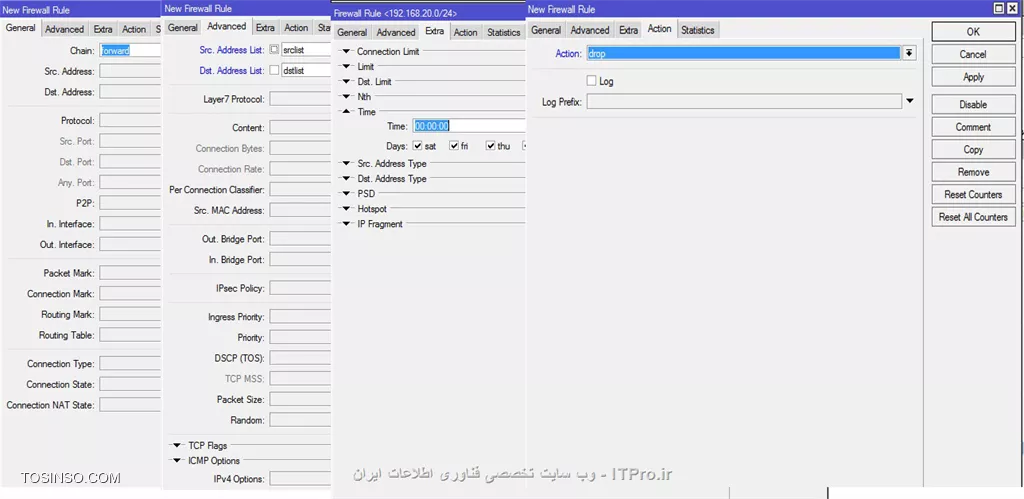 با سلام برای انجام چنین پالسی در شبکه بهتر است از سرویس های اکانتینگ همچون Kerio or IBSng استفاده کنی که قطعا امکانات مدیریتی بیشتری برای شما فراهم میکنه ( راحت بگم میتونین دمار کاربران شبکتونو در بیارین)
ولی داخل میکروتیک هم از طریق usermanger + Hotspot  هم میتونید اینکارو انجام بدین یه اسکریپتی هست داخل سایت ویکی میکروتیک میتونید انجام بدین.
ولی یه راه دگه هم هست اونم استفاده از قوانین فیلتر گزاری در فایروال میکروتیک.
مثلا ما می خواهیم حجم دانلود را بر اساس مبدا و مقصد بلاک کینم که کاربرامون نتونن فایلهای بالای 10 مگ رو دانلود کنن.
برای اینکار کافیه سه دونه رول تو قسمت ip / firwall / filter rules بنویسیم:
قانون اول:
||http://network.tosinso.com/files/get/28f4b7ac-57b2-4d9e-9bb9-9695f1eec39c||
معادل فارسیش: یعنی اگه درخواست عبوری به سمت روتر اومد (chain:forward) و از رنج آی پی های داخل شبکمون اومد و پروتکلشم TCP بود و مقدار دانلودش 1280 بود و یا حتی در یه بازه زمانی خاص آدرس آیپی این کاربرانو بزار تو یه  آدرس لیست به اسم srclist و به مدت یه ساعت نذار دگه به سرش بزنه بخواد از این شیطنت بازیها در بیاره 
قانون دوم :
||http://network.tosinso.com/files/get/06174d9e-2f34-4ac8-96fa-347db6d74bc4||
دقیقا مثه همون قبلی ولی تو تب اکشن باید آدرس لیست مقصد رو مشخص کنی
قاونون سوم :
||http://network.tosinso.com/files/get/3ec58edf-48b3-45f5-82fa-9977988cd421||
تو این قانون هم میگیم درخواستهای عبوری از روتر که از طرف آدرس لیست srclist به مقصد dstlist و در اون بازه زمانی مدنظر رو کلا دراپ کن که دگه به سرش نزنه فیلم و موزیک دانلود کنه

فقط دوتا نکته کنکوری:
1- چرا ما گفتیم 10 مگ ولی بعدش نوشتیم 1280؟ چون مقدار connection Byte به ازای هر کانکشنه  و از اونجا که  IDM به صورت پیش فرض واسه دانلود  8 کانکشن را به سمت سایت مقصد ارسال می‌کند، پس 8 کانکشن 1280 بایتی، میشه 10 مگ فقط توجه داشته باشید اگه فایل از طریق بروزر دانلود شود، بعد از دانلود 1280 بایت دانلود کاربر متوقف می‌شود چرا که بروزر برخلاف IDM، تنها یک کانکشن را به سایت مقصد ارسال می‌کند)
2-در نوشتن قوانین ترتیب رو رعایت کنید چون کلا تو تمام فایروالها قوانین از بالا به پایین اجرا میشن پس اون قاونون سومی باید در انتها قرار بگیره