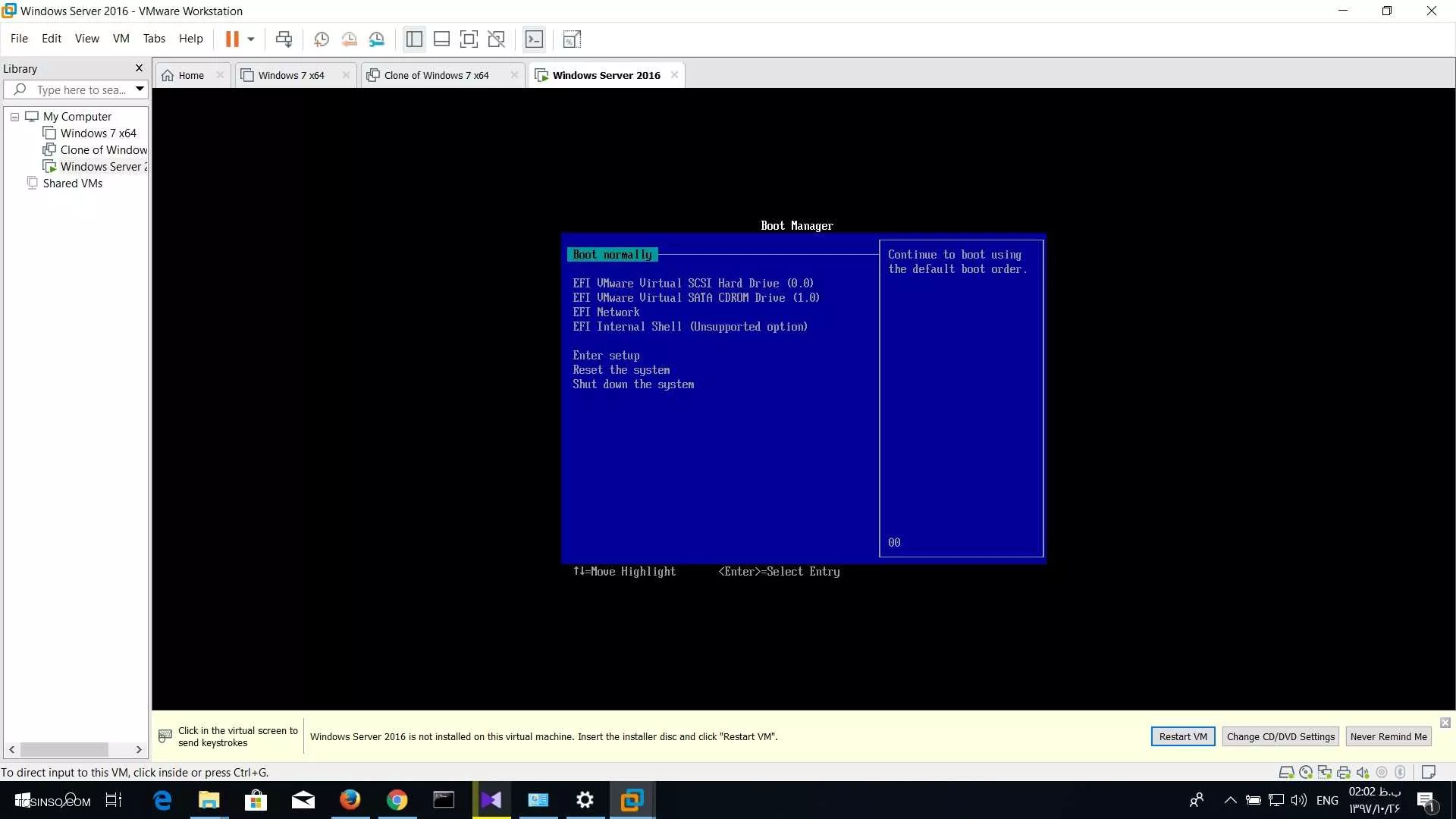 سلام وقت بخیر دوستان 
میدونم جای این سوال اینجا نیست ولی اگه دوستان راه حلی دارن راهنماییم کنن
میخوام ویندوز سرور 2016 رو در vmware نصب کن بعد از تنظیمات اولیه و run  کردن ماشین برنامه همون اول صفحه سیاه میاد و ارور زیر رو میده بعد حدودا 30 تا 40 ثانیه تنظیمات بایوس رو بالا میاره . نمیدونم چیکار باید بکنم سی دی رام رو گذاشتم حالت first boot بازم نشد ضمنا ویندوز 7 رو نصب کردم بدون هیچ گونه مشکل .
vmware version 15
||https://tosinso.com/files/get/8a97411d-7769-44ab-bdac-57ca507cb9be||||https://tosinso.com/files/get/3f5412dc-cec1-4619-b9f6-60382baee31b||