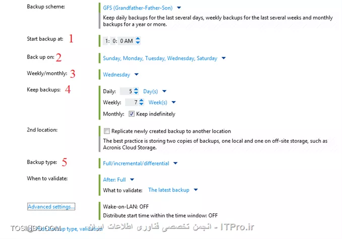 --
! Creating a backup plan
--
بعد از ایجاد مراحل مقدماتی که در آموزشهای قبلی توضیح داده شد نوبت به شروع Backup گیری از Client/Server میرسد.قبل از اینکه شما Backup گیری را شروع کنید باید چند پارامتر را قبل از Backup مشخص کنید. مانند:
*از چه چیزهای Backup بگیرم؟*
شما باید مشخص کنید از چه چیزی می خواهید Backup بگیرید؟ VMها،  Physical Machineها،  سرورها یا کلاینتها؟ از کدام قسمت آنها Backup تهیه کنم؟
*با چه credentials های از ریسورسهای بالا Backup تهیه کنم؟*
شما باید یک User مشخص کنید که مجوز لازم برای Backup از منابع حساس را داشته باشد. علت Fail شدن بیشتر Backup jobها این مورد می باشد.
*بحث Exclusions *
شما باید تصمیم بگیرید چه ایتمهای نباید از آنها Backup گرفته شود؟ (این Option اختیاریه)
*Backupها را کجا ذخیره کنم؟*
یکی از مهمترین پارامترهای که باید در نظر گرفته شود. اهمیت این مورد بیشتر از موارد قبلی می باشد، خیلی از Admin ها در مواقع اضطراری دلشونو خوش این Backup هستش و اگر اسورج این Backup ها بصورت ناپایداری باشد شما در مواقع اضطراری باید دنبال یک معرف قوی باشید که با مدیر عامل آن شرکت یا سازمان حرف بزند که اگر از بخش اینورماتیک اخراج شدید در قسمت های دیگر شما را جذب کنند D:
*Credentials for storage access*
اگر Backupهای شما در Storage node, FTP, SFTP and etc… ذخیر می شود باید یک User در Backup plan معرفی کنید که مجوز دسترسی به آن استورج ها را داشته باشد.
*Backup scheme*
در این پارامتر باید مشخص کنید در چه زمانهای میخواهید از ریسورسها Backup تهیه کنید؟؟؟ تا چه زمانی Backup در Storage باقی بمانند؟؟؟ یا تنظیمات،  کپی کردن یک نسخه از Backupهای گرفته شده در جائی دیگر، و بقیه تنظیمات دیگر
--
قبل از اینکه شما بتوانید از ریسورسهای شبکه Backupی تهیه کنید باید یک برنامه Plan برای Client/Server های خود در Management Server خود ایجاد کنید.
Acronis توصیه می کنه برای هر دسته از کامپیوترها (این دسته می تونه شامل چند صدتا Server باشه یا یک سرور باشه) مثلا: سرورهای FTP یک Plan و سرورهای DC یک Plan وغیره.
این دسته ها را می توانید با ایجاد گروه در Management Server ایجاد کنید و Serverهای مشابه را عضو این گروه ها کنید. و Plan مناسب هر گروه را فقط به آن گروه ربط دهید.
برای ایجاد Plan :
||http://tosinso.com/files/get/27369028-2ca4-4f3b-94d5-cd888f8f9cc7||
گذینه مشخص را کلیک کنید:
||http://tosinso.com/files/get/475c99e8-b327-4bc2-97c2-0ba74ea4726c||
این قسمتها خیلی مهمه همه را یک به یک مرور می کنیم.
! قسمت 1:
--
قسمت اول باید مشخص کنیم از چه چیزهای قصد داریم Backup تهیه کنیم، که برای اینکار لینک Required را کلیک می کنیم:
||http://tosinso.com/files/get/18a0e8ef-ab93-4120-930a-a7b8a5d2d1dc||
در قسمت های بالا که مشخص کردم میتوانید تعین کنید از چه چیزهای قصد Backup گرفتن دارید Disk, Volumes, Files end etc… در قسمت سمت راست هم می توانید تعین کنید که قصد انتخاب ایتمها بصورت مستقیم دارید یا از طریق تعریف Policy؟؟ Policy در این قسمت بدین شکل است که می توانید از ماشینهای انتخابی Profile آنها یا پوشه %windir%..., و  یا دیسکت های Dynamic or fixed و غیره را مشخص کنید. به عکس زیر توجه کنید:
||http://tosinso.com/files/get/1f703a16-b137-4f0b-8a0e-332d3924375c||
 که من قصد انتخاب ایتمها بصورت مستقیم را دارم:
||http://tosinso.com/files/get/790f1c1a-a15e-4a2c-9fc7-765327b6b527||
! قسمت 2:
--
||http://tosinso.com/files/get/98730cd2-9c69-4955-95b7-b533e1bfd9c3||
بعد از انتخاب کردن ایتم های مورد نیاز برای Backup گیری باید مشخص کنید این Backup را کجا ذخیره کنید؟؟ لینک Required را کلیک کنید
||http://tosinso.com/files/get/779440d1-6f9b-4e06-92cc-7fdabbe44b00||
# همه Backup ها (Archive) در یک نقطه مرکزی ذخیره می کند.
# Backup ها را در پوشه ی که مشخص می کنیم بر روی همان ماشین ذخیره می شود.
# Backupها بر روی Acronis Secure Zone که بر روی خود ماشین ساخته شده ذخیره می شود.
که در بالا من گذینه اول را انتخاب و Backupها را بر روی Acronis Storage Node ذخیره می کنم. که بعد از Ok کردن باید Userی که عضو گروه Local Administrators بر روی BSN می باشد وارد کنید.
! قسمت 3:
--
||http://tosinso.com/files/get/57dc483c-5f83-4f6f-b54e-ce749338d796||
بعد از مشخص کردن جائی برای ذخیره کرده اطلاعات Backup باید مشخص کنیم این Backup Plan چگونه از Resource ها Backup بگیرد.
# این قسمت را بعدا مفصل توضیح میدم.
# زمان بندی کردن دفعات Backup گیری می باشد.
# تنظیم کردن قابلیت Cleanup. این قابلیت در فواصلی که ما در اینجا مشخص می کنیم Backup ها را پاک می کند. برای بهینه سازی در مصرف فضای ذخیره سازی این کار انجام میشه.
# با تنظیم کردن این قابلیت می توانیم از Backup گرفته شده یک نسخه دیگر تهیه کنیم و آن را در جائی دیگر ذخیره کنیم. در سازمانهای خیلی بزرک Backupها هیچ وقت پاک نمی شود بلکه در جائی به نام off-site بر روی Tape library ذخیره می شود. شما می توانید off-site خود را در قسمت شماره 8 تنظیم کنید.
# نوع Backup را مشخص می کنیم.Full or incremental.
# Validate یا اعتبارسنجی کردن Backupهای گرفته شده در این قسمت تنظیم میشه. که این پروسه بر روی اخرین Full Backup گرفته شده تنظیم شده. 
! قسمت 4: 
--
||http://tosinso.com/files/get/0446f4d3-6d02-4251-b4da-bd0ec0d95d74||
در این قسمت می توانیم اسمی برای این Backup Plan همراه توضیحاتی بنویسیم.
قسمت Backup Option را در جلسه بعدی توضیح میدم.
شما بوسیله Plan’s Credentials می توانید برای اجرای این Backup plan یک User-Pass درست کنید که با مجوز این User-pass اجرا شود. بصورت پیش فرض قرار دهید.
بعد از تنظیم کل پارمتراها Ok کنید.
||http://tosinso.com/files/get/1558c4b0-e284-4c7b-a407-14a536509db7||
طبق زمان بندی که شما انجام می دهید این Plan اجرا می شود. در بالای Plan چندین گذینه وجود دارد. که واضح هستن کاربردشون چیه مثلا Clone یک کپی کامل مانند Plan قبلی ایجاد می کند. گذینه Export از تنظیمات این Plan یک فایل XML ایجاد می کند که بر روی Acronis Backup Advanced های دیگر می توانید Import کنید.
! Backup Schemes
--
در هنگام ایجاد Backup plan شما قسمتی به نام Backup Schemes دارید که شامل چند گذینه می باشد:
<ltr>
•	Simple
•	Grandfather-father-son
•	Custom
•	Tower of Hanoi
•	Manual Start 
•	Initial seeding
<ltr>
حوصله بذارید اینا رو با هم یاد بگیریم...... 
! Simple
شما با انتخاب این گذینه بصورت ساده باید مشخص کنید کی و چه اوقاتی قصد Backup گیری را دارید. 
بقیه پارامتراها بصورت اختیاری می باشد.
||http://tosinso.com/files/get/ee5c8971-c683-4ebd-82d1-04adc1979f47||
پارامترهای بالا واضح ، ساده و نیاز به توضیح خاصی ندارن.
قسمت Schedule باید مشخص کنید چه زمانی قصد Backupگیری دارید؟ قسمت Retention rules باید مشخص کنید این Backup تا کی در Storage باقی بماند؟ که من  بصورت دائمی ست کردم (Backup حذف نشود). و بقیه پارامترها که بدیهی و ساده هستن...
! Grandfather-Father-Son scheme
پدربزرگ، پدر و فرزند!!! 
یک روش و یک نوع متد Backup گیری می باشد که پارامترهای خاص خودشو داره
در یک نگاه اگر بخواهیم این روش را توضیح بدیم:
به روز فرزند گفته می شود، به هفته پدر گفته می شود و به ماه پدربزرگ. که روزهای خاصی را برای Backup گیری تعریف می کند. و همچنین تنظیمات retention periods
اجازه بدید فرض کنیم شما قصد دارید بصورت مرتب روزانه (D) و هفته گی (W) و ماهیانه (M) از منابع خود Backup تهیه کنید. جدول زیر زمان بندی این روش در دو ماه، را نشان می دهد:
||http://tosinso.com/files/get/00eb5b8c-6dde-4b8b-b180-32c3fe844187||
Backup های روزانه در روزهای کاری به جز جمعه اجرا میشود. و Backup های ماهیانه در اخرین جمعه ماه اجرا می شود. و Backup های هفتگی در روزهای جمعه بجز آخرین جمعه ماه اجرا می شود.
و اما پارامترهای این روش. وقتی شما این متد را انتخاب می کنید پارامترهای زیر ظاهر می شوند:
||http://tosinso.com/files/get/3f85dc8b-3d45-4663-857d-b5dc3e4566c1||
# باید تعیین کنید Backup گیری در چه ساعتی شروع شود؟ این ساعت، زمان اجرای Backup های (D), (W) and (M) می باشد. 
# روزهای که Backup های (D) اجرا میشوند را مشخص می کنیم. که روزهای کاری ما در ایران هستن.
# روزی که Backup های (W) and (M) اجرا می شوند را مشخص میکنیم. ( در تنظیم بالا هر چهارشنبه هفته ما یک Backup هفتگی و در آخرین چهارشنبه ماه یک بکآپ (M) می توانیم داشته باشیم.
# مدت زمانی که Backup های D, W and M در Storage باقی بمانند را مشخص می کنیم. که در بالا تنظیم کردم که Backup های روزانه 5 روز در database باقی بمانند و Backup های هفتگی 7 روز و Backup های ماهیانه بصورت دائم باقی بمانند.
# در این قسمت نوع Backup گیری را مشخص می کنیم؟ که دو گذینه داریم: 1-Always Full که همیشه از منابع بصورت Full بکاپ تهیه می کند و گذینه دوم 2-full/incremental/differential که بکاپ ماهیانه بصورت Full و بکاپ هفتگی بصورت Differential و بکاپ Incremental بصورت روزانه استفاده می شود.
و بقیه پارمتراها ساده و اختیاری هستن.....
*سوال:*
شما یک مشاور مالی هستید که بصورت پاره وقت در روزهای 4 شنبه و 5 شنبه در یکی از سازمانها مشغول به کار هستید. شما در این روزها اسناد مالی، بیانه ها و اطلاعات دیگر را در اسناد خود ایجاد و ویرایش می کنید. 
شما  نامه ای به تیم Backup گیری سازمان ارسال می کنید ( درکشورهای دیگر سازمانهای بزرگ  برای هر پروسه مهم در شبکه یک تیم بزرگ دارد  بگذریم که توی ایران یک ادمین باید پرینترها را تعمیر کند و مواظب شبکه و سرویسهای آن باشد و هم موبایلهای بقیه را تنظیم و کانکش مورد نظر را روی آنها ایجاد کند. بعللله) مبنی بر اینکه تمام تعقیراتی که در یک روز ایجاد می شود Backup گرفته شود و همچنین  تعقیراتی که در طول هفته اتفاق می افتد. و روز آخر هر ماه یک Full بکاپ از اسناد خود تهیه کنند. و همچنین بتواند به اطلاعات خود در 6 ماه قبلی دسترسی داشته باشد. 
الان ما توسط متد grandfather-father-son چگونه می توانیم سناریوی بالا را به نحوه احسنت انجام دهیم؟؟؟
خودتون حلش کنید.
! Custom
این یک متد کاملا Customize شده می باشد و می توانید یک زمان بندی ایجاد کنید که بر اساس شرایط خاصی اینPlan اجرا شود....
و اما پارامترهای این متد:
||http://tosinso.com/files/get/3eb5af6a-38e9-4f6d-91e4-2d2aa48b6b24||
# باید مشخص کنیم بکاپ های Full/incremental/differential کی و تحت چه شرایطی اجرا شوند. این شرایط را در قسمت زمانبندی در Acronis backup advanced توضیح میدم.
# مشخص کردن روز و ساعت اجرا شدن این Plan.
# شرایطی را مشخص می کنیم که این Plan تحت یک زمانبندی مشخص و طبق این شرایط اجرا شود.
# این قسمت شامل چند گذینه می باشد برای خلاص شدن از Backup های قدیمی. گذینه   Using retention rules باعث تعریف یک فرجه زمانی برای پاک سازی Backup های قدیمی می باشد و گذینه When there is insufficient space while backing up این گذینه در هنگام اجرای Plan و در هنگامی که فضای اضافی برای ذخیره Backup ها وجود نداشته باشد Backup های قدیمی همراه با Backup های متعلق به آن را پاک سازی می کند.
وبقیه پارامترها ساده و اسان می باشد. فقط  بوسیله گذینه Convert to virtual می توانید از Backup گرفته شده ، آن را تبدیل به یک VM کنید و آن را در Hypervisor مورد نظر منتقل کنید . در اینباره مقالات زیادی در انجمن می توانید پیدا کنید. همچنین برنامه Symantec Backup Exec هم چنین قابلیتی دارد .
نکته: پروسه Clean up در صورتی آخرین Full Backup را پاکسازی می کند که پروسه جاری در حال ایجاد یک Full backup می باشد. اگر پروسه در حال یجاد یک Incremental  یا differential باشد Plan را توسط خطای مبنی بر عدم وجود فضای کافی برای ذخیره کردن Backup متوقف می کند. 
*سناریو:*
می خواهیم توسط همین متد یک بکاپ روزانه، هفتگی و ماهیانه داشته باشیم همراه یک Clean Up برای پاک سازی Backupهای قدیمی. پس تنظیمات بدین صورت می باشد:
||http://tosinso.com/files/get/59679437-3e6c-4931-a2c5-ea6376a358b8||
--
ادامه دارد....

موفق و پیروز باشید. 

نویسنده: احمد جهلولی 
منبع: |جزیره راهکارهای ذخیره سازی اطلاعات وب سایت توسینسو ::https://tosinso.com/virtualization|
نشر و کپی برداری، صرفاً با ذکر نام نویسنده و منبع مجاز می باشد. 