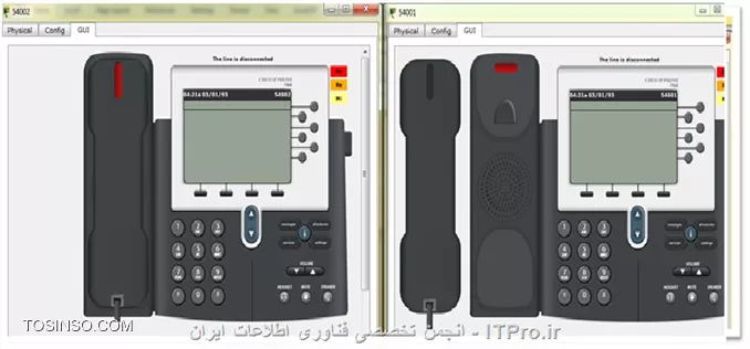 سناریو voip  :
 
||راه اندازی VOIP در Packet Tracer::http://tosinso.com/files/get/820d5759-1459-4926-b9f8-72f2a4520d1a||
در این سناریو راه اندازی Voip  در Packet Tracer را انجام می دهیم . برای راه اندازی این سناریو از یک عدد روتر 2811 و یک سوییچ 2960 و سه عدد IP Phone  و 5 عدد کامپیوتر استفاده می کنیم .در این سناریو از دو رنج ip  استفاده شده که نماینگر دو شبکه مجزا در سوییچ است که همزمان به درستی عمل می کند و از DHCP استفاده شده است .ابتدا ارتباطات بین سوییچ و تلفن ها و ... برقرار کرده به صورت شکل بالا و سپس بر روی تلفن ها کلیک می کنیم  (شکل 2 ) و با Drag کردن اداپتور تلفن ها را روشن کرده و پس از آن ارتباط بین سوییچ و تلفن برقرار می شود (شکل 3 ).
 
||شکل شماره 2 ::http://tosinso.com/files/get/f64679b9-00ba-480b-984e-b5ea921e5c5e||

||شکل شماره 3 ::http://tosinso.com/files/get/22b86b30-0551-4d58-968a-01be876927d2||

پس از آن به پیکربندی سوییچ می پردازیم . ابتدا پورتی که متصل به روتر است را به حالت Trunk تغییر می دهیم تا ترافیک بین vlan  ها را انتقال بدهد مانند دستور زیر : 
<left>
SW1(config)#interface fastEthernet 0/1
SW1(config-if)#switchport mode trunk  
<left>
سپس باید پورتهایی که به تلفن متصل است به یک vlan  و لپ تاپ ها را به vlan دیگری اختصاص بدهیم که در این سناریو برای Voip از vlan 1 استفاده شده است و برای شبکه 172.16.10.0  که برای لپ تاپ ها است از vlan 10  استفاده شده است . برای ساخت vlan  مطابق دستور زیر عمل می کنیم : 
<left>
SW1(config)#vlan 10
SW1(config-vlan)#name DATA
<left>
پورت 5 و 6 سوییچ متصل به لپ تاپ ها است و با دستور زیر این پورت ها را به  vlan 10 اختصاص می دهیم : 
<left>
SW1(config)#in ra fa 0/5-6
SW1(config-if-range)#switchport mode access
SW1(config-if-range)#switchport access vlan 10
<left>
پس از این کار باید پورتهایی که به تلفن ها متصل است را به حالت Trunk  تغییر داده و سپس دسترسی voice رو در Vlan  1 فعال کنیم مانند دستور زیر : 
<left>
SW1(config)#in ra fa 0/2-4
SW1(config-if-range)#switchport  mode  trunk
SW1(config-if-range)#switchport voice vlan 1
<left>
با این کار ما توانستیم ترافیک بین تلفن و کامپیوتر های موجود در شبکه 192.168.10.0 را جدا کنیم و در پایان کلیه تنظیمات اعمال شده را چک می کنیم مانند شکل 4 .
  
||شکل شمازه 4::http://tosinso.com/files/get/16526cf0-fd38-4dcd-b222-46ff62061ccb||

حال به پیکر بندی روتر می پردازیم ابتدا باید اینترفیس متصل به سوییچ را IP بدهیم که در این سناریو از 192.168.10.1  استفاده شده است که برای شبکه 192.168.10.0 نقش gateway  را ایفا می کند مانند دستورات زیر : 

<left>
R1#conf t
R1(config)#interface fastEthernet 0/0  
R1(config-if)#ip address 192.168.10.1 255.255.255.0
R1(config-if)#no Shutdown
<left>
سپس باید یک gateway دیگر برای شبکه 172.16.10.0  ایجاد کنیم که در این سناریو از اینترفیس مجازی استفاده کرده ایم مانند دستورات زیر : 
<left>
R1(config)#interface fastEthernet 0/0.1
R1(config-subif)#encapsulation dot1Q 10
R1(config-subif)#ip address 172.16.10.1 255.255.255.0
R1(config-subif)#no shutdown
<left>

||http://tosinso.com/files/get/d271b02b-b537-4742-af1f-f1ee90ac805f||

 برای این سناریو دو DHCP Pool  در نظر گرفته ایم اولی با عنوان Voice  جهت تلفن ها و کامپیوتر های متصل به شبکه 192.168.10.0 و دیگری با عنوان Data برای لپ تاپ های متصل به شبکه 172.16.10.0 مانند شکل زیر : 

 ||http://tosinso.com/files/get/604925b2-5691-4a80-8967-0d7346eb911a||

پس از این کار به سراغ سیستم ها می رویم و چک میکنیم که از DHCP  می توانند IP بگیرند یا خیر مانند تصویر زیر : 

  ||http://tosinso.com/files/get/60a31357-ccb8-4a81-8c0d-6b0cd7f57d8e||

||http://tosinso.com/files/get/baf8635c-4fb0-4679-8fa0-dd3d5ce289c1||

همانطور که  در تصاویر مشخص است کلیه ارتباط برقرار است و هم چنین DHCP هم به درستی عمل می کند حال نوبت به تنظیمات تلفن ها است که برای این کار مراحل زیر را دنبال کنید :
ابتدا باید سرویس تلفن را در روتر فعال کنیم که با دستور زیر انجام می شود : 
<left>
R1(config)#telephony-service
R1(config-telephony)#max-Ephones 5     
R1(config-telephony)#max-dn  5
R1(config-telephony)#ip source-address 192.168.10.1 port 2000
R1(config-telephony)#auto assign 4 to 6
R1(config-telephony)#auto assign 1 to 5
R1(config-telephony)#exi
<left>
سرویس تلفن را برای 5 عدد تلفن فعال کردیم و حالا نوبت به شماره دادن به تلفن ها است که طبق دستورات زیر انجام می دهیم : 
<left>
R1(config)#ephone-dn 1
R1(config-ephone-dn)#number 54001
R1(config-ephone-dn)#exit
<left>
شماره تلفن 54001 به اولین تلفن که در شبکه Register  شده اختصاص یافت حال باید برای دو تلفن دیگر نیز شماره اختصاص بدهیم : 
<left>
R1(config)#ephone-dn 2
R1(config-ephone-dn)#number 54002
R1(config-ephone-dn)#exit
R1(config)#ephone-dn 3
R1(config-ephone-dn)#number 54003
R1(config-ephone-dn)#exit
<left>
کلیه تنظیمات تلفن ها و سرویس تلفنی هم انجام شد و پس از گذشت چند ثانیه باید تلفن ها در روتر رجیستر شوند مانند تصویر زیر : 

||http://tosinso.com/files/get/afe9e7e3-53e5-453f-a511-07ff7d456539||
 
حال برای تلفن زدن کافی است که روی یک تلفن کلیک کرده و به Gui رفته و روی گوشی کلیک کنید و سپس شروع به شماره گیری نمایید بطور مثال 54002 را از تلفن 54001 شماره گیری نماییم مانند تصویر زیر :

||http://tosinso.com/files/get/9a0d2c1f-6a98-4b53-9e82-c2945ca6c63c||
 
در اینجا مشاهده می کنید که تلفن 54002 یک تماس دریافتی از 54001 دارد که با کلیک بر روی گوشی ارتباط برقرار می شود و روی مانیتور نمایش داده می شود  مانند تصویر زیر : 
 
||http://tosinso.com/files/get/9a08fd0a-2931-4777-b19a-d8645b4de6e7||

و پس از قطع کردن ارتباط تلفنی بصورت شکل زیر نشان داده می شود :
 
||http://tosinso.com/files/get/3f89102b-2614-48c8-a78f-a20cb7d32435||

پس از رجیستر شدن تلفن ها ادرس مک آنها بر روی روتر ذخیره می گردد مانند تصویر زیر : 
||http://tosinso.com/files/get/70eb1205-59f7-4fb5-bdb6-9e7ac2b15f60||

نویسنده : مجید امامی  
منبع : |جزیره ویپ وب سایت توسینسو::https://tosinso.com/network|
هرگونه نشر و کپی برداری بدون ذکر منبع و نام نویسنده دارای اشکال اخلاقی می باشد 