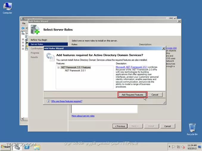 ||http://network.tosinso.com/files/get/465f83f1-ad1d-44fd-97d7-47db2dbdd599||
! راه اندازی یک شبکه قدرتمند محلی تحت دامین-Domain Networking

خب همان طور که از نامش معلوم هست شبکه ما تحت دامین میباشد و با شبکه های Workgroup خیلی تفاوت دارد. در شبکه دامین ما با سیستم عامل سرور یک شبکه راه اندازی میکنیم و بقیه کامپیوتر ها باید به سرور متصل شوند
تا بتوانند از سیستم های خود استفاده کنند همچنین ما در شبکه دامین میتوانیم سطح دسترسی کاربران را به قسمت های مختلف ویندوز محدود کنیم برای مثال از سرور دستور میدهم که کاربر X نتواند از USB استفاده کند و...
در شبکه Domain شما باید روی سرور برای هر کاربر Username و Password تعریف کنید تا کاربران با User و Pass های تایین شده توسط شما بتوانند کامپیوتر های خود را Login کنند.
در این قسمت از سیستم عامل Windows Server 2008 R2 استفاده میکنیم.

*خصوصیات شبکه Domain:*
قابلیت مدیرت هزاران کامپیوتر تنها از یک کامپیوتر ( سرور )
تعیین کردن سطح دسترسی کاربران به قسمت های مختلف سیستم عامل ویندوز
نصب برنامه ها تحت شبکه ( شما تایین میکنید که کاربران بتوانند چه برنامه هایی نصب کنند )
امنیت فوق العاده بالا
انعطاف پذیری بالا در مدیریت کاربران
نصب ویندوز بر روی کامپیوترهای Client عضو شبکه Domain
و......

پیکربندی ویندوز Server 2008 R2 Enterprise:
1- سیستم عامل ویندوز را روی کامپیوتر سرور نصب کنید. سیستم عامل را حتما فعال و Active کنید و ساعت آن را تنظیم کنید.
2- در این قسمت باید سرویس Active Directory را روی ویندوز سرور نصب کنید تا شبکه شما به Domain تبدیل شود. ( ADDC: Active Directory Domain Controller )
2-1: نصب سرویس Active Directory:

روی Start کلیک کنید سپس از Administrative Tools گزینه Server manager را انتخاب کنید:
||http://network.tosinso.com/files/get/d1bb9151-613e-43a6-9396-6d85acb85013||
2-2- در صفحه باز شده روی Roles کلیک کنید سپس Add Roles را بزنید:
||http://network.tosinso.com/files/get/9a64b30c-3142-4369-bca1-a874b86e16c5||
2-3- در این قسمت روی Next کلیک کنید:
||http://network.tosinso.com/files/get/587b1e57-15e6-462f-8a79-c55b970d6213||
2-4- در این قسمت تیک گزینه Active Directory Domain Services را بزنید:
||http://network.tosinso.com/files/get/ff749a6f-06e0-45a4-901e-53d8baa048a6||
2-5- صفحه ای باز میشود و باید روی Add Required Features کلیک کنید:
||http://network.tosinso.com/files/get/3fbe52f7-01e0-45d6-adb0-5fb2c2f42793||
2-6- تیک Active Directory Domain Services زده شد حالا روی Next کلیک کنید:
||http://network.tosinso.com/files/get/524e7fd5-206f-47f3-854a-efe49c96326d||
2-7- روی Next کلیک کنید:
||http://network.tosinso.com/files/get/2e1a28d8-acb0-4701-a7ae-9f42e86e1968||
2-8- روی Install کلیک کنید تا سرویس Active Directory نصب شود:
||http://network.tosinso.com/files/get/162dd0de-588b-4136-aaa4-2104315ab108||
2-9- در حال نصب:
||http://network.tosinso.com/files/get/6489b5cd-83f0-4b66-a890-eaa10b5c4660||
2-10- روی Close کلیک کنید تا نصب به اتمام برسد:
||http://network.tosinso.com/files/get/1b8b18aa-6986-418a-b01e-6b59c2ca8d5d||
2-11- روی Start کلیک کنید سپس از Administrative Tools گزینه Server manager را انتخاب کنید.
روی Roles کلیک کنید سپس روی Active Directory Domain Services کلیک کنید:
||http://network.tosinso.com/files/get/dee593d9-243f-44b2-93bc-6b300fe7d76c||
2-12- روی Run the Active Directory Domain Services Installation Wizard dcpromo.exe کلیک کنید:
||http://network.tosinso.com/files/get/3a44e3d2-068c-4c3d-9b58-80f609dbc2ad||
2-13- روی Next کلیک کنید:
||http://network.tosinso.com/files/get/3e5f84e4-a44a-4fad-8f5d-9f4ceb6e859f||
2-14- روی Next کلیک کنید:
||http://network.tosinso.com/files/get/2305697b-c67d-47d3-8601-cc7be14bc60a||
2-15- تیک گزینه Creat a new domain in a new forest را بزنید و روی Next کلیک کنید:
||http://network.tosinso.com/files/get/8dba017d-96aa-4fe6-bf36-681a52f70056||
2-16- در این قسمت باید برای دامنه شبکه دامین یک نام انتخاب کنید. دقت کنید که باید از 2 یا 3 کلمه تشکیل شود و بین آن ها نقطه ( . ) گذاشته شود. سپس روی Next کلیک کنید:
||http://network.tosinso.com/files/get/82dff6dd-706c-4bba-90b1-96701c4711e3||
2-17- در این قسمت از بالا ( Forest fuctional level ) گزینه Windows server 2008 R2 را انتخاب کنید و روی Next کلیک کنید:
||http://network.tosinso.com/files/get/781a032f-d08e-4aa9-bbfe-f0a3ed1ca1eb||
2-18- در این قسمت مطمئن باشید که تیک گزینه DNS خورده باشد سپس روی Next کلیک کنید:
||http://network.tosinso.com/files/get/f9000eaf-8a56-439c-b3f8-d985a60c39c0||
2-19- در این قسمت باید نوع سیستم IP دهی به شبکه را انتخاب کنید که DHCP و Manual میباشد من در اینجا ار IP دهی Manual استفاده میکنم و IP کارت های شبکه را دستی تنظیم میکنم
پس ابتدا IP سرور را دستی تنظیم کنید سپس گزینه زیر را انتخاب کنید:
||http://network.tosinso.com/files/get/82ea3931-05e4-4aea-99f3-969ef43e0458||
IP که من تنظیم کردم:
||http://network.tosinso.com/files/get/8154f867-bb10-4d7b-8e89-260cebf69a2b||
IP Address: 192.9.200.77 این IP باید در رنج IP ها و روترهای داخل شبکه باشد.
Subnet Mask: 255.255.255.0 باید همین مقدار باشد: 255.255.255.0
Default Geteway: 192.9.200.50 باید IP مودم یا روتر اینترنت باشد تا به اینترنت دسترسی داشته باشد.
2-20- سپس روی Next کلیک کنید و Yes را بزنید:
||http://network.tosinso.com/files/get/ea8c50c0-9f6d-4b9f-a188-7ea6f9e099d5||
2-21- روی Next کلیک کنید:
||http://network.tosinso.com/files/get/8065e660-4640-4674-a0ce-a263e88611f7||
2-22- در این قسمت برای بازیابی Active Directory یک رمز وارد کنید ( رمز شما باید ترکیبی از حروف کوچک حروف بزرگ و اعداد و کاراکتر یاشد ) سپس روی Next کلیک کنید:
||http://network.tosinso.com/files/get/f7579a6a-96f7-49b2-88d8-e51c2efbae91||
2-23- روی Next کلیک کنید تا تنظیمات اعمال شود:
||http://network.tosinso.com/files/get/01968a4a-546e-4e3b-9b0a-0577c06aaa91||
2-24- در این قسمت تیک گزینه Reboot on completion را بزنید تا بعد از اتمام نصب و تنظیمات سرور ریست شود:
||http://network.tosinso.com/files/get/4bf0cd9d-497e-4e7c-a2b6-07c6bdc59e00||
خب تا اینجا توانستیم شبکه Domain را روی سرور راه اندازی کنیم. حالا باید کامپیوترهای کاربران و کلاینت ها را عضو این شبکه کنیم.
||http://network.tosinso.com/files/get/2953c08f-ffda-4765-a24f-b57b27b1acb9||
! join کردن کامپیوتر ها به سرور
عضو کردن کامپیوترهای کاربران و کلاینت ها به شبکه Domain:
تعریف Username و Password برای یک یا چتد کاربر روی ویندوز سرور:
خب شما ابتدا باید روی سرور برای هر کاربر و کلاینت یک نام کاربری و رمز عبور تعریف کنید تا کاربران بتوانند وارد حساب کاربری خود شوند.
1- روی Start کلیک کنید سپس از Administrative Tools گزینه Server manager را انتخاب کنید.
به مسیر زیر بروید:
<c#>
Roles > Active Directory Domain Services > Active Directory users and Computers > Domain name > Users
<c#>
Domain name همان اسمی هست که برای شبکه Domain انتخاب کردید.
||http://network.tosinso.com/files/get/3643b8f5-fd04-49bd-afe5-70167391d2e2||
2- روی Users کلیک راست کنید و New user را بزنید:
||http://network.tosinso.com/files/get/5ad37cf3-02f0-47f7-9f82-91d39d93a7c9||
3- First name: نام کاربر را وارد کنید.

Last name: اسم فامیل کاربر را وارد کنید.

User logon name: نام کاربری کاربر برای وارد شدن به سیستم را وارد کنید.
سپس روی Next کلیک کنید:
||http://network.tosinso.com/files/get/60bb779e-6856-40b1-93ff-80b3c7021f24||
4- در این قسمت برای User که ساختید پشورد بزارید و همه تیک ها را بردارید و روی NExt کلیک کنید ( پسورد ترکیبی از اعداد حروف کوچک و بزرگ و کاراکتر باشد )
||http://network.tosinso.com/files/get/2591bc9d-892f-4d2c-9123-0c27023ee07c||
5- روی Finish کلیک کنید:
||http://network.tosinso.com/files/get/5a60ff1d-80d2-4d32-87e6-959e80df3dfc||
6- User ما بر روی سرور ساخته شد.

به کامپیوتر کاربر یا کلاینت بروید سپس IP آدرس برای آن کلاینت تعریف کنید ( IP باید در رنج IP سرور و شبکه باشد )
IP Address: آدرس IP در رنج شبکه و سرور ( تکراری نباشد )
Subnet Mask: باید 255.255.255.0 باشد
Default geteway: باید IP روتر یا مودم اینترنت باشد
Prefered DNS Server: که خیلی مهم میباشد باید IP سرور را وارد کنید اگر وارد نکنید امکان عضویت و بر قراری ارتباط با سرور را ندارید.
||http://network.tosinso.com/files/get/7120de2c-28be-4b06-b6bb-5dea7c2b1fa0||
6- روی Computer کلیک راست کنید و Properties را بزنید سپس روی Change settings کلیک کنید:
||http://network.tosinso.com/files/get/6448080b-1d7a-4f29-b68a-e22e062d076a||
7- روی Change کلیک کنید:
||http://network.tosinso.com/files/get/4268e27b-a4e8-40cf-ad0a-d49da540731d||
8- تیک گزینه Domain را بزنید و نام Domain که در سرور موقع نصب Active Directory انتخاب کردید را وارد کنید و OK را بزنید:
||http://network.tosinso.com/files/get/5c2cd75d-4a84-4a5a-9075-2672ada1bd65||
9- از شما USER Name و Password میخواهد:
||http://network.tosinso.com/files/get/4a3f8a04-0fc3-402d-bba6-4957033a51ff||
Username باید Administrator را وارد کنید و Password را رمز عبور ویندوز سرور 2008 سپس Ok را بزنید:
10- پیام خوش آمد گویی به شما نمایش داده میشود. این یعنی این که کاربر شما عضو شبکه Domain شد. روی OK کلیک کنید:
||http://network.tosinso.com/files/get/ba3a7f60-7726-457f-af71-9cec5e2c5a65||
11- از شما میخواهد کامپیوتر را ریست کنید رو OK کلیک کنید:
||http://network.tosinso.com/files/get/78b86ffc-d746-48f7-afbe-5e5df898929f||
سپس Close را بزنید و Restart now را بزنید.
12- سیستم کاربر که روشن شد به شما میگه مه CTRL + ALT + Delete را بزنید تا Login شوید:
||http://network.tosinso.com/files/get/18282e58-64b6-46c1-adb1-c3291cb96d40||
13- روی Switch User کلیک کنید:
||http://network.tosinso.com/files/get/52f35079-78d5-4633-bd7f-a71623317de8||
14- Other User را بزنید:
||http://network.tosinso.com/files/get/6b9d9841-f62d-48f3-a6ff-215ce30e2824||
15- User name و Password که در سرور برای کاربر تعریف کردید را وارد کنید تا Login شود:
||http://network.tosinso.com/files/get/5d6df99e-ab52-4b11-80f9-630070acbe20||
||http://network.tosinso.com/files/get/e51322cc-c0f7-4ffc-ade0-f0dc086b4188||
16- کاربر شما با موفقیت عضو شبکه Domain شد
||http://network.tosinso.com/files/get/4b8fb913-5ae3-40bb-b733-f01b85f970a1||
موفق باشید.