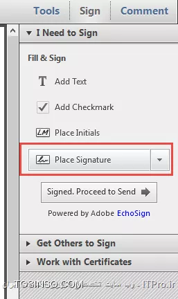 فایل pdf رو با adobe reader باز کنید
از منوی view گزینه sign رو انتخاب کنید تا پنجره sign باز شود.
||http://icdl.tosinso.com/files/get/4036bb2c-27d3-4cf5-a03c-df6ee9cf0eb4||
گزینه place signature را کلیک کنید تا پنجره زیر باز شود. متن دلخواه را تایپ کنید.
||http://icdl.tosinso.com/files/get/d2690810-cc8f-4025-8b37-5449208c8d51||
کادر متن امضای شما قابل تغییر ابعاد و چرخش هست. و همینطور با کلیک راست روی کادر متن امضا و انتخاب گزینه properties می توانید میزان شفافیت امضا را تغییر دهید.

