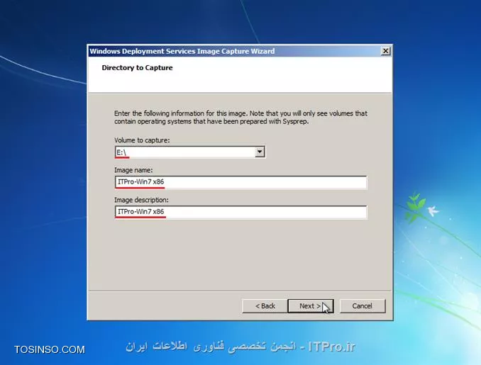 در قسمت قبل مقاله سرویس  WDS را راه اندازی کرده و پیکربندی و پیاده سازی تنظیمات مربوط به کنسول آن را انجام دادیم حال در این قسمت به آموزش Add  کردن فایل های Boot.wim  و Install.wim ، برای نصب ویندوز7 تحت شبکه از طریق سرویس WDS می پردازیم .برای معرفی کردن فایل   Boot Image  به سرویس WDS ، پیش از هر کاری باید DVD نصب ویندوز 7 را در DVD-Rom  قرار دهیم . در این مرحله چند نکته را باید در نظر داشت : برای Deploy  کردن نسخه های مختلف ویندوز (32 یا 64 بیتی) باید در نظر داشت که پردازشگر سیستم ما چند بیتی است ؟ مثلا اگر نسخه 64 بیتی را Deploy کنیم در حالیکه سیستم ما 32 بیتی است با مشکل عدم سازگاری سخت افزار و application/driver مواجه خواهیم شد .بنابراین اگر CPU ما 32 بیتی باشد تنها قادر به Deploy کردن نسخه 32 بیتی ویندوز 7 خواهیم بود . Boot image در بردارنده Windows PE  می باشد توصیه می شود که همیشه از آخرین ورژن Windows PE استفاده کنیم ، انتخاب Boot image  های قدیمی می تواند مشکل ساز باشد. این قضیه برای Service pack  های مختلف ویندوز ها نیز صادق است . 

!!!! Add کردن Boot Image :
برای افزودن Boot Image در کنسول WDS روی گره ی  Boot Images راست کلیک کرده و گزینه Add Boot Image  را انتخاب می کنیم  تا ویزارد مربوط به Add  کردن ایمیج باز شود .

||http://network.tosinso.com/files/get/dc4afad2-2734-43c4-acd3-26a0ce328f81||

در ویزارد Add Image  از روی گزینه Browse کلیک کرده و از بخش Sources موجود در ویندوز 7 ،فایل boot.wim را بر می گزینیم .

||http://network.tosinso.com/files/get/1fb0072b-4255-41dd-9b2b-1735ee9f8d89||

در این مرحله نام و توضیح مورد نظر برای ایمیج را در نظر می گیریم و روی Next کلیک می کنیم .

||http://network.tosinso.com/files/get/20148406-735c-4c2e-80ce-df546fb7d0ca||

خلاصه ای از تنظیمات انجام شده نمایش داده می شود با کلیک روی گزینه Next فایل boot image کپی می شود.

||http://network.tosinso.com/files/get/b8dc3b8b-7925-4946-b8d7-a53a3861a00b||

!!!! Capture Image:
پس از ایجاد محیط بوت حال نوبت به گرفتن Image   Capture می رسد .انجام تنظیمات این مرحله باعث می شود در محیط بوت گزینه ای برای گرفتن یک ایمیج از ویندوزی که پیشتر نصب شده و حال با استفاده از ابزار Sysprep موجود روی ویندوز قصد گرفتن ایمیج از آن را داریم ،  ایجاد شود.بنابراین ایجاد این شرایط باعث می شود که ما بتوانیم از یک ویندوزی که نرم افزار های مورد نیاز ما در سازمان مثلا یک آنتی ویروس روی آن نصب شده است ایمیج بگیریم .به جای اینکه از یک ویندوز خام بدون که هیچ گونه نرم افزاری روی آن موجود نیست استفاده کنیم . برای این منظور روی Boot Image ای که در مرحله قبل ایجاد کردیم راست کلیک کرده و گزینه Create a Capture Image را انتخاب می کنیم .
 
||http://network.tosinso.com/files/get/776c3ce0-9b6a-43e6-9e05-d713a9ff1682||

در این بخش از ویزارد نام و توضیحات مربوط به ایمیجی را که می خواهیم از یک Boot image  بگیریم وارد کرده و هچنین با انتخاب گزینه Browse  یک پوشه با نام مورد نظرمان ایجاد می کنیم و آن را در محلی که انتخاب کردیم ذخیره می کنیم . (در اینجا ما فولدر Capture Image  ای را که ساختیم در بخش Remote Install  موجود در درایو C ذخیره کرده ایم ) با کلیک روی گزینه Next فرایند Extract ایمیج از فایل Source Image  شروع می شود و در نهایت روی Finish  کلیک می کنیم.

||http://network.tosinso.com/files/get/86f97d9e-86cf-4419-b651-ee084f34fa94||

||http://network.tosinso.com/files/get/d1e8d8f1-611e-4836-b2d1-0e01c273dcd9||

حال باید ایمیجی را که ایجاد کردیم  در این بخش Import  کنیم  به همین منظور مجددا روی گره Boot Images  کلیک کرده و گزینه Add Boot Image  را انتخاب می کنیم .

||http://network.tosinso.com/files/get/e3b647d7-6425-4e60-b6fe-32eddd37f92a||

در ویزارد باز شده مسیری که فایل ایمیج گرفته شده آنجا ذخیره شده به سیستم معرفی می کنیم.

||http://network.tosinso.com/files/get/fc0f78aa-754c-4b37-a958-55a887356dc7||

پس از آن نام و توضیحات مربوط به آن را تعیین کرده و در مرحله بعدی خلاصه ای از وضعیت را مشاهده خواهیم کرد .در نهایت با کلیک روی Next عملیات Import ایمیج شروع خواهد شد.

||http://network.tosinso.com/files/get/2f2a8fef-3b29-4fba-85f1-71b013af5a15||

||http://network.tosinso.com/files/get/48cc96ce-96e0-4be5-bf73-a51cd2bdebfc||

پس از اتمام فرایند ، ایمیج Import  شده در قسمت Boot Images کنسول WDS قرار خواهد گرفت

||http://network.tosinso.com/files/get/b82cc4f1-d8da-4c5d-a48d-2f2ae897523d||

!!!! ساختن Image Group:
حال باید یک Image Group  ایجاد کنیم تا بهنگام گرفتن ایمیج از ویندوز نصب شده به کمک Sysprep ، برای قرار گرفتن و استقرار ایمیج درImage group  ایجاد شده ، آن را به سیستم معرفیAdd Image Group  را انتخاب می کنیم .در پنجره باز شده نام مورد نظر برای گروه را تایپ کرده و روی Ok کلیک می کنیم . در نهایت گروهی که ایجاد کردیم زیر گره Install Images قرار خواهد گرفت.

||http://network.tosinso.com/files/get/80f6a4f5-4efb-4343-a97b-1867e1e3aec2||

!!!! استفاده از ابزار Sysprep  موجود در ویندوز 7 برای گرفتن ایمیج:
برای Deploy  کردن یک ایمیج Customize یا سفارشی از یک ویندوز 7 به کمک WDS ابتدا باید از آن ویندوز که در حال حاضر روی یک سیستم راه اندازی شده است ایمیج بگیریم . عرضه ایمیج این ویندوز در شبکه بدون اعمال یک سری تغییرات روی این ویندوز ممکن نیست .بنابراین از ابزار Sysprep  یا  System Preparation موجود در ویندوز برای گرفتن ایمیج استفاده می کنیم  . در اینجا وظیفه Sysprep  از بین بردن یک سری از اطلاعات خاص ویندوز ی است که بر روی سیستم نصب شده و حال ما قصد ایمیج گرفتن از آن را داریم بعنوان مثال استفاده از Sysprep   موجب حذف اسم کامپیوتر ،SID ، Product Key  سیستم عامل و... می شود. مزیت این روش آن است که می توانیم روی این ویندوز، نرم افزارهای مورد نیازمان را نصب کرده و سپس از ویندوز همراه نرم افزار های نصب شده ی روی آن ،ایمیج بگیریم . در این قسمت به نحوه گرفتن ایمیج با استفاده از ابزار Sysprep می پردازیم . بنابراین می توانیم  به کمک مسیر ذکر شده در زیر (روی یک ویندوز سون که نرم افزار های موردنیازمان را  روی آن نصب کرده ایم ) به ابزار Sysprep  دسترسی یابیم :
<c#>
C drive => Windows => system 32 => sysprep folder => sysprep.exe
<c#>
روی sysprep.exe  کلیک می کنیم در پنجره باز شده گزینه Generalize را مارکدار کرده و در قسمت Shutdown Option گزینه Shutdown را انتخاب  و روی Ok کلیک می کنیم . پس پایان یافتن پردازش sysprep  سیستم Shutdown می شود این فرایند چند ثانیه زمان خواهد برد.

||http://network.tosinso.com/files/get/3490d8d2-9ede-468c-9c32-0f985d4d14d1||
پس از روشن کردن مجدد سیستم بوت را روی کارت شبکه قرار می دهیم تا سیستم برای برقراری ارتباط با WDS سرور از DHCP آی پی دریافت کند پس از دریافت IP کلید F12 را می زنیم تا سیستم از طریق PXE Network  بوت شود. محیط PXE به یک ایستگاه کاری اجازه می دهد تا پیش از بوت شدن سیستم عامل روی Hard Drive  لوکال ،از طریق یک سرور بر روی شبکه بوت شود. PXE از انواع پروتکل های شبکه از قبیل Ipv4 و DHCP و UDPوTFTP و... بهره می گیرد.

||http://network.tosinso.com/files/get/f3a1168f-0205-430e-89eb-cda7af485365||

مهمترین نکته در این قسمت سرعت عمل است اگر با تاخیر کلید F12 را بزنیم  ویندوز مجددا load می شود و در نتیجه قادر به گرفتن ایمیج از ویندوز نخواهیم بود. علاوه براین در صورت بالا آمدن ویندوز چون sysprep  اطلاعات مربوط به نام کامپیوتر و ... را پاک کرده باید دوباره این تنظیمات را انجام دهیم.

||http://network.tosinso.com/files/get/1cb62765-7276-403a-8b3f-ed99397e6ef2||

در این مرحله گزینه Capture Image را انتخاب کرده و کلید Enter را می زنیم.

||http://network.tosinso.com/files/get/5d98b99d-d8eb-43f7-86a9-2fc961e8f249||

||http://network.tosinso.com/files/get/26867ab0-d903-4703-9d14-d38de0f1176b||

پس از مدتی ویزارد  WDS بر روی صفحه ظاهر می شود روی Next کلیک می کنیم .

||http://network.tosinso.com/files/get/09c277f8-1c30-4a69-95c4-f564f2519156||

در این بخش تنها نام درایوی را که سیستم عامل برای sysprep  در نظر گرفته ،نمایش داده می شود آنرا انتخاب کرده و نام مورد نظر برای ایمیج و نیز توضیحات مربوط به آن را نیز در این بخش وارد می کنیم .

||http://network.tosinso.com/files/get/404bdcb8-b62d-4ed6-a336-d1b04339d65b||

در بخش Name & Location  با کلیک رو گزینه Browse درایو مورد نظر برای ذخیره ی ایمیج را انتخاب می کنیم  و در قسمت File name  نیز نام ایمیج را با پسوند .wim  تایپ کرده و تنظیمات را Save می کنیم . برای آپلود کردن ایمیج روی سرور WDS گزینه Upload image to the Windows Deployment Services server  را مارکدار می کنیم . و IP و یا نام FQDN سرور را در قسمت Server Name  وارد کرده و روی Connect  کلیک می کنیم تا ارتباط برقرار شود. در این مرحله باید یوزر و پسورد یک کاربر دومین را به سیستم معرفی کنیم . پس از تایید اسم کاربری در قسمت Image Group name  نام گروهی که پیشتر در WDS سرور برای ذخیره ایمیج نصب ایجاد کردیم  نمایش داده می شود که آن را انتخاب می کنیم .

||http://network.tosinso.com/files/get/c4a2003a-aea2-4078-b438-b388e11fc42a||

پس انجام تنظیماتی که بیان کردیم WDS فرایند ایجاد ایمیج سفارشی را که بعنوان مرجع نصب ویندوز برای  سیستم های تحت شبکه در نظر گرفته می شود را آغاز می کند. این فرایند مسلتزم صرف زمان می باشد که بسته به ویژگی های سیستم عامل این زمان متغیر است . در نهایت پس از اتمام این پردازش روی گزینه finish کلیک می کنیم . بنابراین در اینجا کار ما با ویندوز 7 به پایان می رسد.

||http://network.tosinso.com/files/get/75858ff7-5426-4b0a-975e-77c405107f35||

*نکته :* همانطور که در مرحله قبل دیدیم ، ما از یک ویندوز 7 نصب شده که تمامی نرم افزارهای مورد نیاز شبکه ما روی آن قرار دارد ،یک ایمیج برای Deploy  و نصب روی سیستم های شبکه تهیه کردیم ، اما اگر قصد نصب یک ویندوز خام در شبکه را داشته باشیم دیگر نیازی به استفاده از ابزار sysprep و تهیه ایمیج از ویندوز نیست .تنها کافیست که فایل install.wim  موجود در DVD نصب ویندوز 7 را به WDS سرور معرفی کنیم برای این منظور در کنسول WDS رو گره ی Install Images  راست کلیک کرده و گزینه Add Install Image را انتخاب کنیم .

||http://network.tosinso.com/files/get/b728e28e-095d-46cd-85c8-69c266906bc1||

در ویزارد باز شده یک گروه جدید برای محلی که ایمیج باید در آن ذخیره شود ایجاد می کنیم 

||http://network.tosinso.com/files/get/d9e141af-3a93-4bee-8742-c0176f21422f||

روی گزینه Browse  کلیک می کنیم و از فولدر Sources موجود در DVD ویندوز 7 فایل Install.wim را بر می گزینیم 

||http://network.tosinso.com/files/get/7418476f-74c0-48ce-9a60-eafbd66fdcdc||

در این قسمت ورژن های مختلف ویندوز نمایش داده شده که می توانیم برحسب نیازمان ورژن مورد نظر را انتخاب کنیم .

||http://network.tosinso.com/files/get/516702f8-7b31-43a4-82d9-d9a3ad94561f||

خلاصه ای از ایمیج های انتخاب شده در این بخش دیده می شود .پس از کلیک روی Next فرایند گرفتن ایمیج شروع می شود که در نهایت روی گزینه finish  کلیک می کنیم .

||http://network.tosinso.com/files/get/7c1e5fcf-5e3a-415b-9291-cb7173216fd1||

پس از پایان عملیات می توانیم ایمیج گرفته شده را در Image group  ای که قبلا ایجاد کردیم مشاهده کنیم .

||http://network.tosinso.com/files/get/56047ee0-0d5f-4aaa-9b5a-b603ea40cc56||
خب تا بدین جای کار ایمیج گرفته شده توسط سرویس WDS آماده Deploy  ونصب در شبکه می باشد . اما از آنجایی که نصب ویندوز به صورت متمرکز و اتوماتیک برای سهولت کار است ، با بهره گیری از ابزار WSIM یا Windows System Image Manager موجود در نرم افزار WAIK می توانیم Answer File  هایی با پسوند xml ایجاد کرده و تنظیماتی را برای آن در نظر بگیریم که بواسطه آنها یک سری از مراحل نصب ویندوز و تنظیمات مربوط به آن بصورت اتوماتیک انجام شود . استفاده از نرم افزار  WAIK اختیاری است اما می دانیم که منطق نصب به صورت اتوماتیک این است که تمامی مراحل نصب ویندوز به صورت خودکار انجام شود و نه تنها بخشی از آن. با این وجود در این بخش نیز ما می توانیم به نصب ویندوز تحت شبکه بپردازیم .برای این منظور تنها کافیست که کامپیوتر bare metal یا فاقد ویندوز  و یا کامپیوتر هایی را که قصد نصب مجدد و یا ارتقاء ویندوز آن را داریم همانند مراحل طی شده برای بوت کردن در بخش  Capture  گرفتن از ویندوز ، بوت سیستم را روی شبکه قرار داده و  با برگزیدن کلید F12 سیستم را از طریق  PXE Network بوت کنیم .اما پس از آن اینبار به جای انتخاب گزینه Capture an Image  عبارت Install an Image را برای نصب ویندوز بر می گزینیم .
||http://network.tosinso.com/files/get/efecf516-7f1d-4781-aa72-7f1f8d2d206a||
||http://network.tosinso.com/files/get/adbe2536-c492-4286-8281-958e4ef99525||
پس از استارت خوردن فرایند نصب ویندوز ویزارد WDS برای نصب را مشاهده خواهیم کرد در این بخش با در نظر گرفتن تنظیمات مربوط به زبان مورد نظرمان روی گزینه Next  کلیک می کنیم .حال باید یک کاربر با دسترسی ادمین روی دومین را به سیستم معرفی کنیم .
||http://network.tosinso.com/files/get/600ec585-5f17-4c2e-b4f4-f4cc31a422a5||
در این مرحله نسخه ویندوز مورد نیاز برای نصب را انتخاب می کنیم. 
||http://network.tosinso.com/files/get/099ad6a9-d5d6-4a76-8c7f-d4e1cb969824||
درایوی که ویندوز روی آن نصب خواهد شد در این قسمت نمایش داده می شود با تاییدآن و کلیک روی Next  ادامه ی فرایند نصب اجرا خواهد شد.
||http://network.tosinso.com/files/get/8ffebb07-4c94-48aa-b1da-fa58b26a75d8||
||http://network.tosinso.com/files/get/5a5f8c5b-6629-4a81-8bbb-455344c032ba||
اگر دقت کنیم تا این مرحله تمامی مراحل نصب ویندوز همانند نصب Manual آن پیش رفت باقی مراحل نیز به همین صورت بوده و  پس ار ریستارت باید به انجام تنظیمات مربوط به نام کامپیوتر و ... بپردازیم  ویا اینکه همانطور که قبلا گفتیم می توان با ایجاد Answer file  هایی به صورت اتوماتیک به انتخاب زبان و ایجاد پارتیشن و فرمت آن پیش از نصب و نیز در نظر گرفتن  نام کامپیوتر و پسورد و سایر تنظیمات بپردازیم .بسته به تنظیماتی که بر حسب نیاز و یا به دلخواه برای Ansewr file ها انجام می دهیم این تنظیمات خودکاربهنگام نصب  می توانند متفاوت باشند که در مقاله ای مجزا به معرفی نرم افزار WAIK و استفاده از ابزار WSIM برای تهیه و ساخت Answer file ها  پرداخته خواهد شد.
(با تشکر از جناب آقای آروین کماندار بابت همکاری در نگارش مقاله )

نویسنده : مریم حیات رمضانی 
منبع : |جزیره سرویس های شبکه مایکروسافت وب سایت توسینسو::https://tosinso.com/microsoft|
هرگونه نشر و کپی برداری بدون ذکر منبع دارای اشکال اخلاقی می باشد .