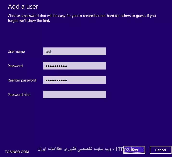درود فراوان به دوستان خوب ITPRO ، با آخرین جلسه از سری مجموعه آموزش های دوره MCSA مایکروسافت در خدمت شما عزیزان هستم. جلسه پایانی این دوره را به مبحث روش های احراز هویت یا اعتبارسنجی در ویندوز 8 و نحوه پیکربندی آن اختصاص داده ایم. مانند همیشه ابتدا به تشریح مفاهیم خواهیم پرداخت و با دو مفهوم Authentication و Authorization آشنا خواهیم شد.

!! Authentication چیست؟
_Authentication_ در لغت به معنای تصدیق هویت، و در علوم کامپیوتر به فرایند تشخیص هویت افراد یا دستگاه ها اطلاق می گردد. از طریق Authentication است که افراد پیش از دسترسی به منابع کامپیوتر یا شبکه ابتدا هویت شان مشخص شده و سپس مجوز ورود و استفاده از منابع به آن ها داده خواهد شد، یا به اصطلاح فنی تر به زبان انگلیسی Who you are؟ اجازه دهید تا با مثالی این موضوع را روشن تر نماییم. شرکتی با صد نفر کارمند را در نظر بگیرید که ادمین شبکه آن به هر یک از کارکنان یک نام کاربری و رمز عبور برای استفاده از کامپیوترهای شبکه را داده است. 

یکی از کارکنان با نام Jack Johnson  بر روی کامپیوتر شماره 24 نام کاربری و پسورد خود را به منظور لاگین کردن وارد می کند (Username: Jack	Password:123456). اولین اتفاقی که در این سناریو خواهد افتاد این است که کامپیوتر شماره 24 ابتدا با سرور مرکزی ارتباط برقرار نموده و نام کاربری و پسورد وارد شده توسط فرد را برای سرور ارسال می کند، سرور نیز متعاقبا آن را با بانک اطلاعاتی کاربران موجود بر روی خود مقایسه کرده و در صورت یکسان بودن آن، پیامی را به کامپیوتر شماره 24 مخابره می نماید که نام کاربری و رمز عبور وارد شده با اطلاعات موجود بر روی سرور هم خوانی داشته و صحیح می باشد، لذا اجازه ورود را برای وی صادر کن. 

در نتیجه کامپیوتر شماره 24 نیز به فرد مورد نظر اجازه ورود به کامپیوتر را خواهد داد. حال اگر فرد مورد نظر نام کاربری و رمز عبورش را اشتباه وارد نماید، و با اطلاعات موجود بر روی سرور هم خوانی نداشته باشد، در نتیجه فرد با خطای The username or password is incorrect مواجه گشته و به وی اجازه ورود داده نخواهد شد. همین مثال را نیز می توان به صورت محلی و بدون ارتباط با سرور نیز در نظر گرفت. 

بدین صورت که فرد نام کاربری و رمز خود را وارد می نماید و کامپیوتر پس از مطابقت دادن آن با بانک اطلاعاتی خودش و در صورت صحیح بودن به فرد اجازه ورود به کامپیوتر را خواهد داد.به تمامی آن چه که در بالا صورت می پذیرد اصطلاحا فرایند Authentication یا احراز هویت گفته می شود. اما با توجه به آن چه که گفته شد، ویندوز 8 از سه طریق مختلف قادر به احراز هویت یا Authentication کاربران خواهد بود. ولی پیش از آن که بتوانیم کاربری را احراز هویت و شناسایی نماییم، ابتدا نیاز است تا آن را بر روی کامپیوتر ایجاد نماییم، که از یکی از سه روش زیر می توانید برای ساخت و ایجاد کاربران اقدام نمایید:

!! روش اول: با استفاده از رابط کاربری Metro
بدین منظور ابتدا ماوس خود را به گوشه سمت راست و قسمت بالای مانیتور برده و حدود یک ثانیه مکث کنید تا گزینه های مرتبط برایتان به نمایش در آید.سپس بر روی گزینه Settings کلیک نمایید تا وارد صفحه بعدی شویم.
<center>
||http://tosinso.com/files/get/790b2faa-e823-440a-bb6c-6b8d9d7e1a6c||
<center>

آن گاه همانند شکل زیر بر روی نوشته Change PC Settings کلیک نمایید
<center>
||http://tosinso.com/files/get/39b72299-ff6d-4fc9-86a4-1135a048d3e2||
<center>

و در صفحه ای که برایمان باز خواهد شد، گزینه Account را انتخاب کنید (تصویر زیر)
<center>
||http://tosinso.com/files/get/5b553f6e-c2c2-4705-8020-453217b70340||
<center>

سپس در صفحه بعدی نیز بر روی علامت + Add an account کلیک کرده تا وارد بخش مربوطه شوید
<center>
||http://tosinso.com/files/get/e495ae51-471b-4624-becf-6bd0163c8bb4||
<center>

در قسمت بعد، ویندوز از ما اطلاعات مربوط به کاربری که قصد ایجاد آن را داریم خواهد پرسید، که ما نیز آن ها را بر اساس موراد خواسته شده وارد کرده و در نهایت بر روی Next کلیک خواهیم کرد (تصویر زیر)
<center>
||http://tosinso.com/files/get/409a4c2c-c19d-4d79-9903-f1c611e599d4||
<center>

در نهایت با کلیک بر روی دکمه Finish مراحل ساخت یوزر با استفاده از رابط کاربری Metro به پایان خواهد رسید
<center>
||http://tosinso.com/files/get/6efd84cd-3569-42e9-9c00-6d1190d35246||
<center>

!! روش دوم: با استفاده از Control Panel
بدین منظور ابتدا به Control Panel بروید و بر روی آیکون User Accounts and Family Safety کلیک نمایید. سپس در صفحه ای که برایتان باز خواهد شد، بر روی نوشته User Accounts کلیک کنید.
<center>
||http://tosinso.com/files/get/f4823bff-3713-4d23-ac70-e8bb1d507c91||
<center>

آن گاه بر روی نوشته Manage another account و سپس Add a new user to this PC کلیک نمایید
<center>
||http://tosinso.com/files/get/a8370bd8-46e6-41f7-aad4-1cba7ca8e348||
||http://tosinso.com/files/get/49a5123f-4fc2-410a-9916-3653ee6b9662||
<center>

از این قسمت کار به بعد تقریبا تمامی مراحل شبیه به مراحل بالا بوده، که از این روی از تکرار آن پرهیز می کنم.

!! روش سوم: با استفاده از کنسول Local Users and Groups
برای ساخت یوزر با استفاده از این روش ابتدا عبارت lusrmgr.msc را در منوی استارت تایپ و پس از ظاهر شدن آیکون مربوطه، بر روی آن کلیک کنید تا کنسول Local Users and Groups باز گردد
<center>
||http://tosinso.com/files/get/92e17b16-3fce-4a33-9202-ea34b45812ae||
<center>

در پنجره ای که برایمان باز خواهد شد، در قسمت خالی صفحه کلیک و گزینه New User… را انتخاب نمایید
<center>
||http://tosinso.com/files/get/8073a445-3aa5-4fb3-b467-62d1d42caefd||
<center>

آن گاه اطلاعات مربوط به کاربر را وارد، و در نهایت بر روی Create کلیک کنید تا کاربر مورد نظر ایجاد گردد
<center>
||http://tosinso.com/files/get/218f27d5-3ae6-48e5-bb71-8a46e01586ad||
<center>

!! روش چهارم: با استفاده PowerShell
آخرین روش برای ساخت یوزر بر روی کامپیوتر از طریق کنسول PowerShell می باشد. بدین منظور ابتدا کنسول PowerShell را با دسترسی Administrator باز کنید و سپس فرمان زیر را درون آن تایپ نمایید:
<left>
net user /add test mypassword
<left>
گفتنی ست که در مثال بالا، ویندوز برای ما کاربری با نام test و با رمز عبور mypassword ایجاد خواهد نمود.

!! Authorization چیست؟
_Authorization_ در لغت به معنای اجازه دادن، و در علوم کامپیوتر به فرایند میزان دسترسی افراد به منابع موجود در شبکه یا کامپیوتر اشاره دارد. بدین معنا که با Authorize کردن یک فرد وی قادر خواهد بود تا به منابعی که ادمین برایش مشخص کرده دسترسی یابد. فرایند Authorize همیشه پس از Authentication  اتفاق خواهد افتاد. یعنی افراد ابتدا هویت شان مورد بررسی و تایید قرار گرفته(Authenticate)، و سپس بر همین اساس، به آن ها اجازه دسترسی به منابع داده می شود (Authorize). 

اجازه دهید تا با مثالی از این موضوع آن را بسط دهیم. شرکتی را در نظر بگیرید که صد نفر کارمند در آن مشغول به کار هستند، و فردی با نام Jack Johnson  بر روی کامپیوتر شماره 24 نام کاربری و پسورد خود را به صورت صحیح وارد می نماید، سپس هویت وی توسط سرور تایید شده و به او اجازه ورود به کامپیوتر داده خواهد شد. اما حال که فرد مجوز دسترسی به کامپیوتر و نیز شبکه مان را پیدا کرده است، واقعا برای او چه چیزهایی باید قابل دسترس باشد؟ و تا چه میزان می تواند از منابع کامپیوتر یا شبکه استفاده نماید؟ 

اینجاست که با فرایند Authorize میزان دسترسی ها برای افراد را مشخص خواهیم کرد. در واقع فرد با Authorize شدن، میزان دسترسی هایش نیز مشخص می گردد. پس در یک تعریف کلی Authorize کردن یک فرد یعنی تا چه میزان دسترسی به منابع شبکه و کامپیوتر برای فرد فراهم گردد. بگذارید تا با مثالی از دنیای واقعی این موضوع را بسط دهیم. به عنوان نمونه بازی شطرنج را در نظر بگیرید که هر مهره در این بازی دارای میزان مانوور و قدرت خاصی ست. مثلا مهره سرباز تنها قادر به حرکت از سمت جلو و تا یک یا دو حرکت می باشد، یا مهره فیل که قادر به هر میزان حرکت اما فقط در حالت زیگ زاگ می باشد. 

در نتیجه حرکت تمامی این مهره ها از قبل و توسط قوانین خاصی تعیین شده اند که نمی توان خلاف آن حرکتی را در بازی انجام داد. حال همین موضوع در فرایند دسترسی افراد در کامپیوتر یا شبکه نیز صدق می کند، یعنی ادمین قادر است تا با ایجاد یک سری دسترسی ها و محدودیت های خاص برای افراد به هر یک از آنان، تنها دسترسی های خاص و محدودی را بدهد. گفتنی ست که فرایند Authorize توسط NTFS Permissionها تعیین می گردد. 

حال بیایید تا مبحث Authorization توسط NTFS Permission ها را نیز به صورت عملی نیز انجام دهیم و اعمال کنیم. در این مثال قصد داریم تا به کاربری با نام User1 دسترسی به پوشه ای با نام Test و محتویات آن را داده، و همین دسترسی را از کاربر دیگری با نام User2 سلب نماییم، طوری که User1 به راحتی قادر به دیدن محتویات پوشه و نیز اجرای فایل ها باشد، در حالی که User2 این توانایی را نداشته باشد. پس گام به گام مراحل زیر را پیش می بریم ، ابتدا پوشه ای با نام Test در کامپیوتر ایجاد نمایید. سپس بر روی آن راست کلیک کرده و گزینه Properties را انتخاب کنید.
<center>
||http://tosinso.com/files/get/0b659e16-359f-4e6f-abc9-9ae38d607df2||
<center>

در پنجره ای که برایمان باز خواهد شد، به سربرگ Security بروید و دکمه Edit را کلیک نمایید
<center>
||http://tosinso.com/files/get/840d076f-64b3-4bad-8ad6-86f197ee55b8||
<center>

بر روی Add کلیک کرده، و در صفحه ای که برایتان باز خواهد شد، یوزر مورد نظرتان را (که در مثال من User1 است) جستجو و انتخاب نمایید
<center>
||http://tosinso.com/files/get/1684d2ef-0942-4ad4-8a29-fe9f8305f734||
||http://tosinso.com/files/get/8d1b8e10-74d7-48e3-855c-991205a8627c||
<center>

حال که User1 را انتخاب کردیم، با زدن تیک گزینه Full Control به وی دسترسی کامل به پوشه Test و نیز محتویات آن را را خواهیم داد.
<center>
||http://tosinso.com/files/get/841a8a8c-4603-4406-8ffc-d98ef2c52258||
<center>

کار تا بدین جای امر به اتمام رسیده است، اکنون اگر اطلاعاتی را در درون این پوشه کپی کنیم، تنها فردی که قادر به خواندن اطلاعات آن خواهد بود، User1 است، و دیگر یوزرهای موجود بر روی کامپیوتر اگرچه قادر به مشاهده اطلاعات موجود خواهند بود، اما توانایی مشاهده یا اجرای آن را نخواهند داشت.

* نکته 1: NTFS Permissionها هم در شبکه و هم در کامپیوتر شخصی به صورت Local قابل اعمال کردن می باشد.
* نکته 2: در شبکه هایی که هم از NTFS Permission و Share Permission استفاده می شود، حق اولویت همیشه با NTFS Permission خواهد بود.

امیدوارم موارد و مفاهیم ارائه شده در این جلسه نیز بدون ابهام و مورد پسند شما دوستان قرار گرفته باشد.

!! سخن پایانی
آرمان دارم هر آن چه که در سری آموزش های این دوره برای شما عزیزان فراهم نمودم هر چند اندک، اما مفید و در عین حال مورد توجه تان قرار گرفته باشد. گفتنی ست که کلیه مطالب این دوره بر اساس سر فصل های کتاب مربوطه با نام Configuring Windows 8  نوشته Scott D. Lowe و Derek Schauland و Rick W. Vanover بوده است. اگرچه مطالبی که طی این دوره ارائه شدند بسیار خلاصه تر از مباحث اصلی به زبان انگلیسی بودند، ولی کلیات به طور کامل بیان گشتند. 

بنده نیز در واقع این دوره را تنها به منظور آشنایی شما با مفاهیم آزمون بین المللی مایکروسافت (کد 70-687) بر روی وبسیات ITPRO قرار دادم تا کسانی که احیانا علاقه به شرکت در این آزمون داشته باشند با مراجعه به کتب زبان اصلی بتوانند هرچه بیشتر دایره دانش خودشان را گسترش داده و در آزمون اصلی شرکت نمایند.جلسه بعد که آخرین جلسه این دوره نیز خواهد بود، برای شما نمونه سوالاتی از این دوره به زبان انگلیسی به منظور ارزیابی میزان یادگیری آن چه که تا بدین جلسه آموختید آورده خواهد شد. مجددا از شما بابت وقت و زمانی که برای آموزش های من گذاشتید سپاسگزارم.
<left>
شادزی، خرم، بدرود
<left>

نویسنده : اسحاق احمدپور
منبع :| جزیره سرویس های شبکه مایکروسافت وب سایت توسینسو::https://tosinso.com/microsoft|
هرگونه نشر و کپی برداری بدون ذکر منبع و نام نویسنده دارای اشکال اخلاقی است