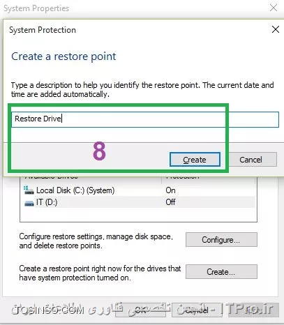 درود
برای ایجاد Restore Point اول باید System Protection رو فعال کنید:
1.روی my computer راست کلیک کرده و properties رو انتخاب کنید
||http://programming.tosinso.com/files/get/0f54f6f8-68c4-4e96-866e-977e95683930||
2.
||http://programming.tosinso.com/files/get/01b10189-f0fa-44d7-bc1b-e2bf4174bc91||
3. drive که میخوایید روش System Protection فعال کنید ، انتخاب و روی configuration کلیک کنید.
||http://programming.tosinso.com/files/get/09eac810-0377-42f6-83dc-f17db740d9d7||
4.گزینه turn on System Protection زو انتخاب و ok کنید
||http://programming.tosinso.com/files/get/7434c7b4-7af5-4cca-a49f-2458537956bb||
5.بعد از فعال کردن System Protection حالا باید یه Restore Point ایجاد کنید
 داریوی که میخواهید Restore Point رو روی اون ایجاد انتخاب و بر روی create کلیک کنید
||http://programming.tosinso.com/files/get/6dea9302-3ea2-4fb6-9b7a-ce0958409cf4||
6.یه اسم یا یه متن دلخواه وارد کنید 
||http://programming.tosinso.com/files/get/409acf79-0025-415d-840f-724701984adb||
7. برای استفاده از این Restore Point :
||http://programming.tosinso.com/files/get/75f6bad1-102e-47d6-b8f9-5b77eeaae329||


