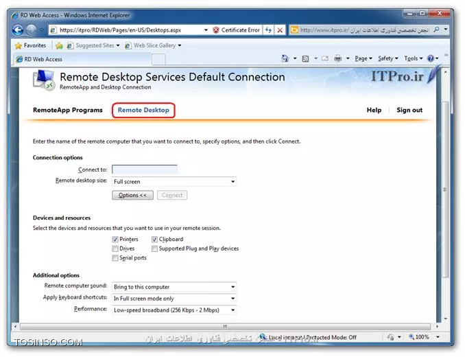 با آخرین قسمت از سری مقالات آموزش راه اندازی Remote Desktop Services در Windows Server 2008 R2 در خدمت شما هستیم ، در قسمت قبل از این سری مقالات روش ارائه این سرویس را با استفاده از کنسول RemoteApp Programs و بوسیله فایلهای RDP و MSI بررسی کردیم ، گفتیم که با استفاده از این روش کاربران میتوانند با نام و رمز کاربری خود بصورت همزمان چند Session برقرار کرده و از چندین نرم افزار بصورت همزمان استفاده کنند همچنین گفتیم که مدیران میتوانند با استفاده از فایلهای MSI آنها را بصورت متمرکز در شبکه نصب کنند تا دیگر نیازی به در دسترس قرار دادن فایلهای RDP و MSI برای کاربران نباشد اما با این حال باز ممکن است به هر دلیلی برخی از کاربران از قلم افتاده شود و به این فایلها دسترسی نداشته باشند لذا همین مورد ممکن است یکی از دغدغه های مدیران شبکه بوده باشد .

در این قسمت از این سری مقالات تصمیم داریم روش ارائه این سرویس را تحت وب به شما آموزش دهیم شما به عنوان مدیر شبکه با استفاده از این روش میتوانید یک آدرس URL را به کاربران خود معرفی کرده و از آن پس کاربران با وارد کردن این آدرس در مرورگر خود و وارد کردن نام کاربری و رمز عبور خود نام نرم افزارهای ارائه شده توسط مدیر شبکه را در مرورگر وب خود مشاهده کرده و با انتخاب نرم افزار (های) مورنظر به آنها دسترسی پیدا کند در این روش ، دیگر نیازی نیست که فایل هایی مثل RDP و یا MSI درست کنیم و یا اینکه آدرس مسیر نرم افزار مورد نظر را برای کاربران مورد نظر وارد کنیم. 

در ابتدا برای استفاده از این سرویس تحت وب لازم است که رول Remote Desktop Web Access را در Remote Desktop Server خود نصب کنید که ما در قسمت اول از این سری مقالات این کار را انجام دادیم و همانطور که مشاهده کردید IIS هم بصورت همزمان و بطور اتوماتیک بر روی سرور نصب خواهد شد. زمانی که این سرویس بر روی سرور نصب شود بصورت اتوماتیک یک وب سایت ایجاد میشود که کاربران از طریق این وب سایت با سرور ارتباط برقرار کرده و از این سرویس استفاده میکنند برای اینکه کلاینتها از این سرویس بتوانند استفاده کنند لازم است که آدرس DNS مناسب را برای هدایت کلاینتها به سمت سرور وارد شود در صورتی که کالینت ها DNS سرور را پیدا نکنند در زمان برقراری اتصال پیغامی مبنی بر عدم یافتن سرور به شما نمایش داده خواهد شد به شکل زیر :
<ltr>
The remote computer could not be found Please contact your helpdesk about this error
<ltr>
||http://tosinso.com/files/get/0158cc0e-4ff7-4839-8cbf-c144ebd31202||
خب برای اینکه نرم افزارها را در شبکه برای استفاده کلاینتها Publish کنیم در ابتدا وارد کنسول RemoteApp Manager شده و در قسمت RemoteApp Programs نرم افزار (های) مورد نظر خود را اضافه میکنیم ، بطور پیشفرض تمام نرم افزارهایی که در این لیست اضافه میشوند از طریق وب قابل دسترسی هستند اما شما با راست کلیک بر روی نرم افزارها در لیست و انتخاب دو گزینه ی Show in RD Web Access  و Hide in RD Web Access میتوانید آن نرم افزار را در دید کاربران در صفحه مرورگر پنهان کرده و یا نمایش دهید ، همانگونه که در تصویر زیر مشاهده میکنید در ستون RD Web Access وضعیت نرم افزار یعنی نمایش یا پنهان بودن آن در زمان استفاده از مرورگر وب را میتوانید مشاهده کنید
||http://tosinso.com/files/get/c3d9fda5-0451-4924-86d8-ef7789d09085||
تا اینجا کار ما در سرور تمام شده ، حالا کاری که کلاینت برای ان اتصال لازم است انجام دهند را با هم بررسی میکنیم. کلاینتها برای اینکه به صفحه وب مورد نظر دسترسی داشته باشند بایستی آدرس URL را به شکل زیر در صفحه مرورگر خود وارد کرده و به جای ServerName نام سرور و یا آدرس IP آن را قرار دهند
<htm>
https://ServerName/RDWeb
<htm>
البته این آدرس قابل تغییر بوده و در صورت نیاز میتوانید آن را تغییر دهید ، پس از باز کردن آدرس کلاینتها با صفحه ای به شکل زیر مواجه میشوند:
||http://tosinso.com/files/get/596a2efb-301f-45eb-9b38-054e982d57b9||
در این صفحه در قسمت Domain\user name: نام کاربری و در قسمت Password کاربر رمز عبور خود را وارد کرده همچنین در قسمت Security کاربر میتواند سطوح امنیتی خود را تغییر دهد و در نهایت Sign in را زده تا وارد محیط کاربری خود شود. پس از ورود ، کاربر با پنجره ای به شکل زیر مواجه خواهد شد و با کلیک بر لینک RemoteApp Programs در مرورگر خود میتواند نرم افزارهای Publish  شده ای که مدیر در اختیارشان قرار داده را در پایین این لینک مشاهده کند و با کلیک بر روی نرم افزار(های) مورد نظر، آنها را اجرا و از آنها استفاده کند.
||http://tosinso.com/files/get/7774497e-421d-4ddf-9aa3-c65a0858aa7b||
دقت داشته باشید که کاربران بعد از کلیک بر روی نرم افزار مورد نظر ، پنجره ای دقیقا به شکل همان پنجره ای که در زمان اجرای فایلهای RDP با آن مواجه میشود را مشاهده می کنند و با روش مشابه که در قسمتهای قبلی مقالات توضیح داده شده میتوانند ارتباط را برقرار کرده و پس از احراز هویت به سرور وصل شوند. گاهی ممکن است که بنا به نیاز مدیر شبکه با استفاده ازDelegation  به یک کاربر اجازه دسترسی به برخی کنسولهای مدیریتی در سرور را داده باشد و کاربر بنا به سطح دسترسی خود لازم باشد که به سرور ریموت زده تا تصویر دسکتاپ سرور را مشاهده و به کنسولهای مورد نظر دسترسی داشته باشد ، کاربر برای اینکار در  Run عبارت mstsc را تایپ کرده و با وارد کردن آدرس سرور به آن ریموت میزند ، با راه اندازی این سرویس تحت وب راه دیگری برای کاربر فراهم میشود که با رفتن به صفحه وب و کلیک بر روی لینک Remote Desktop صفحه به شکل زیر تغییر کرده و در قسمت Connect to آدرس و یا نام کامپیوتر مورد نظر خود را بنویسد و به آن متصل شود
||http://tosinso.com/files/get/40a95855-00f8-4279-b7d6-c1de2f1f24db||
کاربر با زده Options یک سری تنظیمات دیگر مشاهده میکنید و امکان انتخاب برخی اختیارات و تنظیمات برای شما فراهم میشود، در واقع بدینوسیله کاربر همان کاری که در mstsc انجام میدهد را میتواند انجام دهد و به سرور و یا هر کامپیوتر دیگری در شبکه در صورت وجود دسترسی مناسب Remote زده و وصل شود.

*نتیجه گیری:*
در این سری مقالات تصمیم بر آن داشتیم که آموزش راه اندازی Remote Desktop Services داده شده همچنین روشهای Publish نرم افزارها را در شبکه و با استفاده از Remote Desktop Services بررسی کنیم در قسمت اول آموزش نصب Rule و در قسمت دوم استفاده از تب Environment را بررسی کردیم و مزایا و معایب آن را با هم بررسی کردیم ، در قسمت سوم با کنسول RemoteApp Manager آشنا شدیم و روش ساخت و استفاده از فایلهای rdp و msi همچنین مزایا و معایب آنها را بررسی کردیم یکی از معایب آنها این بود که کاربران برای بهره مندی از این سرویس نیاز به فایل rdp و یا msi مربوط به نرم افزار مورد نیاز بودند و بایستی مدیر در شبکه این فایلها را به هر طریقی در اختیار کاربران قرار میداد همچنین با Publish کردن نرم افزار جدید بایستی فایل مربوطه در اختیار کاربران قرار داده می شد. در قسمت چهارم که قسمت آخر از این سری مقالات بود استفاده از Remote Desktop Web Access را بررسی کردیم که با استفاده از آن کاربران با وارد شدن به آدرس URL از پیش تعیین شده و احراز هویت میتوانند نرم افزارهای پابلیش شده توسط مدیر شبکه را مشاهده و بنا به نیاز خود آنها را اجرا کنند همچنین با استفاده از امکانات در همان صفحه میتوانند به کامپیوتری دیگر در شبکه خود متصل شوند که البته خود نیازمند به دارا بودن سطوح دسترسی مناسب میباشد . به امید آنکه این سری مقالات تاثیری هرچند بسیار کم در پیشرفت شما داشته باشد. شاد و پیروز باشید 

نویسنده : سعید شمس آبادی
منبع : |جزیره راهکارهای مجازی سازی وب سایت توسینسو::https://tosinso.com/virtualization|
هرگونه نشر و کپی برداری بدون ذکر منبع و نام نویسنده دارای اشکال اخلاقی می باشد.