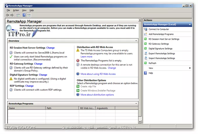 با یکی دیگر از قسمتهای مقالات از سری مقالات آموزش راه اندازی Remote Desktop Services در خدمت شما هستیم. همانطور که در قسمتهای قبل گفته شد راههای مختلفی برای ارائه سرویس Remote Desktop وجود دارد در قسمت قبل گفته شد که چگونه برای یک کاربر تعیین کنیم که هر وقت به سرور Remote زد ، بصورت خودکارتصویر یک نرم افزار خاص در صفحه نمایشگر او نمایان شود تا بتواند از آن استفاده کند .

همانطور که گفته شده بود یکی از بزرگترین محدودیتهایی که این روش دارد که باعث میشود کمتر از آن استفاده شود این است که کاربران در این روش نمیتوانند از چند نرم افزار استفاده کنند و تنها محدود به یک نرم افزاری هستند که مدیر سیستم برای آنان تعیین کرده همچنین به طور همزمان با نام کاربری و رمز عبور خود تنها مجاز به استفاده از یک نرم افزار و برقراری یک Session هستند و نمیتوانند بصورت همزمان از چند نرم افزار استفاده کنند ، اکنون روشی دیگر از روشهای ارائه ی این سرویس را بررسی میکنیم که دیگر این محدودیت را نخواهید داشت و آن هم استفاده از کنسول RemoteApp Manager است این کنسول پس از نصب کرد رول Remote Desktop Session Host در مسیر زیر قابل دسترس است :
<ltr>
Start => Administrative Tools => Remote Desktop Services
<ltr>
همچنین با تایپ عبارت remoteprograms.msc در Run میتوانید آن را اجرا کنید پس از اجرا پنجره این به شکل زیر مشاهده میکنید ...
||http://tosinso.com/files/get/40f01d21-394c-4db2-907b-795c838cea2a||
همانطور که مشاهده میکنید در این پنجره در قسمت Overview یک وضعیت کلی از این سرویس نمایش داده شده و در پایین ، در قسمت RemoteApp Programs میتوانید لیست نرم افزارهای Publish شده را مشاهده و آنها را ویرایش کنید شما با استفاده از امکاناتی که در این کنسول هست میتوانید نرم افزارهای خود را Publish کرده و از هر کدام از نرم افزارها یک فایل درست کرده که کاربران به بوسیله آن میتوانند به سرور وصل شده و از نرم افزار مربوطه استفاده کنند ، فایلهایی که با استفاده از روش فوق میتوانید ایجاد کنید با دو پسوند RDP و MSI هستند و هر کدام خواصیتهای خود را دارد که در ادامه راجع به هر دو آنها و روش ایجادشان صحبت میکنیم . قدم اول در پابلیش نرم افزارها این است که آن را در لیست RemoteApp Programs اضافه کنید برای اینکار در سمت راست تصویر Add RemoteApp Programs را پیدا کرده و کلیک کنید تا پنجره ای به شکل زیر مشاهده کنید
||http://tosinso.com/files/get/afba1c86-63ac-40ba-8cca-69fe03d0e168||
پنجره اول که طبق معمول خوش آمدگویی و یک سری توضیحات دیگر هست ،Next  میکنیم
||آموزش Remote Desktop Services در Windows Server 2008 R2::http://tosinso.com/files/get/976bb9bb-569f-4dc0-9626-0641c4b0db06||
در این مرحله نرم افزارهایی که تصمیم دارید Publish کرده و در اختیار کاربرانتان قرار دهید را انتخاب کنید در صورت نصب نرم افزار جدید ، آن را میتوانید در این لیست مشاهده کنید ، در صورت عدم مشاهده آن میتوانید با زدن دکمه Browse آدرس نرم افزار را داده تا در لیست اضافه و قابل استفاده گردد. پس از انتخاب نرم افزارها Next کنید ...
||http://tosinso.com/files/get/ca798346-4568-4e0a-b440-4748654b6b36||
و در نهایت Finish را میزنیم همانطور که در تصویر زیر مشاهده میکنید نرم افزارهایی که انتخاب کردیم در قسمت RemoteApp Programs  قابل مشاهده ، ویرایش و یا حذف هستند و با حذف هر کدام از آنها کاربران دیگر قادر به استفاده از نرم افزار نخواهند بود.
||http://tosinso.com/files/get/a0001ac0-7c9c-464f-8bfc-35e50d5fb7b6||
تا اینجا نرم افزارهای ما برای استفاده آماده هستند ولی حال باید برای کلاینتها یک فایل درست کنیم که بوسیله آن بتوانند به سرور متصل شده و از نرم افزار استفاده کنند.  این فایلها شامل فایلهای rdp و msi میباشند.

!! فایلهای RDP 
این فایلها توسط مدیر و با استفاده از کنسول RemoteApp Manager ساخته شده و جهت استفاده بایستی در اختیار کلاینتها قرار گیرد هر کدام از این فایلها به یک نرم افزار میتوانند اشاره کنند این فایلها را به هر طریقی میتوانید در اختیار کاربران قرار دهید که این بستگی به سلیقه و محیط کاری شما دارد مثلا از طریق یک پوشه به اشتراک گذاری شده در شبکه فایلهای RDP را در اختیار کاربران قرار دهید کاربران بعد از اجرای این فایل بایستی نام کاربری و رمز عبور خود را وارد کنند تا عملیات احراز هویت انجام شود و بعد از آن به نرم افزار مورد نظر هدایت میشوید برای ساختن آن در قسمت RemoteApp Programs روی نرم افزار مورد نظرتان راست کلیک کرده و از منوی باز شده گزینه Create .rdp File را انتخاب کنید تا پنجره زیر را مشاهده کنید
||http://tosinso.com/files/get/2e3a0cf2-9248-4c5f-b2ce-183f4f284519||
پنجره اول که طبق معمول خوش آمدگویی و یک سری توضیحات دیگر هست ،Next  میکنیم
||http://tosinso.com/files/get/a98d8432-9943-4874-9a01-fc4a45348517||
در این مرحله در قسمت بالا یعنی جایی که نوشته شده Enter the location to save packages: آدرسی که فایل خروجی در آن قرار گیرد را از شما میخواهد. در قسمت پایینتر یعنی RD Session Host server settings با زدن دکمه Change میتوانید نام سرور و همچنین پورت مورد نظر برای Remote Desktop را جهت ارتباط کلاینت با سرور مشخص کنید ، بطور پیشفرض پورت استفاده از Remote Desktop برابر 3389  میباشد اما ممکن است برای بالابردن امنیت شماره آن تغییر داده شده باشد که بدینصورت میتوانید شماره جدید پورت را جهت ارتباط کلاینت با سرور وارد کرده و یکسان سازی کنید تا کلاینتها هم بوسیله پورت جدید و حقیقی بتوانند با سرور ارتباط برقرار کنند ، و در نهایت در قسمت Certificate settings هم در صورت نیاز میتوانید از الگوریتم رمز نگاری برای برای ارتباط کلاینتها با سرور استفاده کنید این خود میتواند مقاله ای جداگانه باشد و با توضیح آن از مبحث اصلی دور میشویم پس آن را به حالت پیشفرض رها میکنیم. Next زده و به مرحله بعد میرویم ...
||http://tosinso.com/files/get/4297cd03-dc58-4f8b-8bf0-918770e276ce||
و در نهایت Finish را میزنیم. پس از آن یک فایل RDP ساخته شده که کلاینتها با اجرای آن به سرور وصل شده و تصویر نرم افزار مربوطه را مشاهده کرده و از آن استفاده میکنند. کلاینتها وقتی یک فایل RDP را اجرا میکنند با پنجره ای به شکل زیر روبرو میشوند :
||http://tosinso.com/files/get/9ca3e86e-50f2-4705-bd81-e653e263fee8||
همانطور که مشاهده میکنید در این پنجره یک سری اطلاعات در مورد نرم افزار Publish شده در اختیار کاربر قرار میگیرد همچنین کاربر میتواند با کلیک بر روی Details این صفحه را گسترش دهد ، در این پنجره کاربر میتواند مشخص کند که چه منابعی از کامپیوتر خودش را پس از Remote زدن به سرور میتواند مشاهده کند مثلا با انتخاب Drives میتواند درایوهای کامپیوتر خود را پس از ریموت زدن در سرور مشاهده کند.
شما میتوانید کاربران را در استفاده از منابع کامپیوتر خود در سرور محدود کنید ، برای این کار در کنسول RemoteApp Manager در سمت راست تصویر روی گزینه RD Session Host Server Settings کلیک کرده و در پنجره باز شده وارد تب Common RDP Settings شوید در این سربرگ در قسمت Devices and resources میتوانید تعیین کنید که کلاینتها پس از اجرای فایل RDP خود ، چه منابعی از کامپیوتر خود را پس از ریموت زدن به سرور جهت مشاهده بتوانند انتخاب کنند.
||http://tosinso.com/files/get/6e2a92dc-b8cf-4940-af00-09b9be7d22ea||
به عنوان مثال ما در تصویر بالا Disk drives را غیر فعال کرده ایم ، این باعث خواهد شد که کلاینتها در زمان ریموت زدن در قسمت انتخاب منابع نتوانند چک باکس Drives را مشاهده و انتخاب نمایند در نتیجه به اجبار درایوهای خود را پس از ریموت زدن نمیتوانند مشاهده کنند.
نکته : پس از اینکه تغییراتی که در بالا گفته شد را در تنظیمات RemoteApp Manager در سرور انجام دادید ، در فایلهایی RDP و MSI که از آن لحظه به بعد ساخته میشوند این تغییرات قابل مشاهده است و کاربرانی که از قبل ، فایلهای RDP و یا MSI را در اختیار داشته اند این تغییر در تنظیمات را مشاهده نمیکنند و بایستی از فایلهایی که پس از اعمال تنظیمات در سرور ساخته شده اند استفاده کنند.

!! فایلهای MSI  
این فایلها توسط مدیر و با استفاده از RemoteApp Manager ساخته میشوند و در نهایت به شکل یک فایل قابل نصب Windows Installer package قابل دسترس هستند، این فایل را کلاینتها میتوانند در کامپیوتر خود نصب کنند و پس از نصب بطور پیشفرض در مسیری مشابه C:\Program Files (x86)\RemotePackages قابل مشاهده هستند . این فایل در کلاینت نصب شده و مانند نرم افزاری که Install میشود ، فایل اتصال گر کلاینت با سرور جهت اجرای نرم افزار را درمسیر گفته شده در اختیار کاربر قرار میدهد، از خواص این فایلها این هست که پس از نصب میتوان آن را Uninstall کنید و این کار با رفتن به Programs and Features یعنی تایپ عبارت appwiz.cpl قابل انجام است. پس از نصب ، یک فایل RDP در مسیری مشابه C:\Program Files (x86)\RemotePackages ایجاد شده و یک  Shurtcut از آن در Start menu و یا Desktop ایجاد میشود. 

و کاربر با اجرای آن با پنجره ای مشابه پنجره ی مربوط به فایلهای RDP مواجه میشود و پس از زدن دکمه Connect و وارد کردن نام کاربری و رمز یک Session در سرور ایجاد شده و نرم افزار جهت استفاده کاربر به نمایش درخواهد آمد، روش استفاده از نرم افزار در فایلهای MSI شباهت بسیار زیادی به فایلهای RDP دارد تنها تفاوتی که به چشم میخورد این است که فایلهای msi را در ابتدا بایستی نصب کرد تا بتوان از آن استفاده کرد ولی فایلهای RDP در همان ابتدا قابل اجرا هستند و نیازی به نصب ندارند. با خواندن مطلب تا به اینجا و با دانستن اینکه برای نصب فایلهای msi بایستی کاربر دسترسی مدیریتی داشنه باشد اولین فکری که به ذهن شما میرسد این هست که اصلا چه دلیلی دارد که ما بخواهیم از فایلهای msi استفاده کنیم!!! فایل msi به درد نمیخورد !!! ولی فایلهای msi خواصی دارند که با دانستن آنها نظر شما را راجع به خود عوض میکنند، تا به حال با خواندن این قسمت مقاله به این ننتیجه رسیده اید که کاربران برای استفاده از نرم افزارهای موجود در سرور بایستی از فایلهای RDP و MSI استفاده کنند و در صورت دسترسی نداشتن به این فایلها نمیتوانند نرم افزارهای Publish شده را اجرا کنند .

پس از Publish نرم افزارها بایستی فایلهای RDP را به تک تک کاربران در شبکه خود بدهیم، یکی از خواص فایلهای MSI این است که میتوان آنها را از طریق Group policy در شبکه خود بر روی کلاینتهای مورد نظر و بصورت مرکزی نصب کنید و در صورت نیاز حذف کنید ،  به عبارتی دیگر می توانید آنها را بدون اینکه کاربران شما در شبکه متوجه این موضوع شوند مانند یک نرم افزار Install کنید . پس از نصب نرم افزار کاربران با اجرای فایل نهایی که پس از نصب با پسوند rdp خواهد بود و یک Shortcut از آن در Start menu و یا Desktop هم ایجاد میشود بصورت اتوماتیک به سرور ریموت زده و احراز هویت کرده و از نرم افزار مورد نظر استفاده می کنند. خب با هم روش ساخت فایلهای msi را بررسی میکنیم. برای ساخت فایل msi در پنجره RemoteApp Manager و در قسمت RemoteApp Programs روی نرم افزار مورد نظرتان راست کلیک کرده و از منوی باز شده گزینه Create Windows installer package را انتخاب کنید تا پنجره زیر را مشاهده کنید
||http://tosinso.com/files/get/c68126b5-4605-4cd9-85ce-a558c714b31d||
پنجره اول که خوش آمدگویی و یک سری توضیحات دیگر هست ،Next  میکنیم
||http://tosinso.com/files/get/5de861b7-e1a4-4efc-b229-d357be259658||
این مرحله مشابه همان مرحله ایست که در ساخت فایل RDP مشاهده کردیم و توضیحات آن یک بار در بالا داده شده... Next میکنیم
||http://tosinso.com/files/get/a6c0c635-9720-4c3c-8b4c-daa8de9adeb3||
در این مرحله در قسمت Shortcut icon اگر چک باکسهای Desktop و یا Start menu folder را علامت بزنید نرم افزار شما پس از نصب ، یک Shortcut در Start menu و یا Desktop قرار میدهد ، Next کرده
||آموزش Remote Desktop Services در Windows Server 2008 R2::http://tosinso.com/files/get/9381393d-1b6f-4ef3-9b39-d161cca56b5a||
و در نهایت Finish میکنیم. و در نهایت فایل ما با پسوند *.msi ساخته میشود و میتوان از آن استفاده کرد

*نتیجه گیری :*
در این قسمت از این سری مقالات روش ساخت فایلهای rdp و msi و روش استفاده از آنها را توضیح دادیم از خواص استفاده از این فایلها این است که کاربران بسته به نیاز خود و با اختیار خود میتوانند نرم افزارهایی که مدیر در اختیارشان قرار داده را انتخاب بدون محدودیت تعداد اجرا کنند همچنین در صورت نیاز کاربرانی که از طریق مدیرشبکه Delegate شده اند و نقشهای مدیریتی به آنها واگذار شده و بنا به وظایف خود لازم است که به سرور ریموت زده و از کنسولهای مدیریتی آن استفاده کنند هم به راحتی میتوانند این کار را انجام داده و Remote Desktop Services تداخلی در این کار بوجود نمی آورد تا به حال هرچه صحبت کردیم راجع به رول Remote Desktop Session Host بوده.

در قسمت بعد این مقاله راجع به رول Remote Desktop Web Accessصحبت خواهیم کرد و روش در اختیار گذاشتن این نرم افزارها را از طریق Web به شما آموزش خواهیم داد کاربران با این روش میتوانید از طریق مرورگر خود نرم افزارهایی که توسط مدیر Publish شده را مشاهده کرده و بنا به نیاز آنها را اجرا کنید که با استفاده از این روش دیگر نیازی نیست که فایلهای rdp در اختیار کاربران گذاشته شوند و یا از طریق Group Policy فایلهای msi بر روی کلاینتها نصب گردند و دیگر مدیر شبکه دغدغه ی اینکه چگونه فایلهای rdp را در اختیار کلاینتها قرار داده و یا اینکه فایلهای msi را بر روی کللاینتها نصب کند را نخواهد داشت و کلاینتها از طریق مرورگر وب خود میتوانند به آدرس URL از پیش تنظیم شده رفته ، احراز هویت کرده و نرم افزارهای مجاز برای استفاده را مشاهده و اجرا کنند تا به سرور ریموت زده شده و تصویر نرم افزار مد نظر خود را مشاهده و از آن استفاده کنند پس با ما همراه باشید...

نویسنده : سعید شمس آبادی
منبع : |جزیره راهکارهای مجازی سازی وب سایت توسینسو::https://tosinso.com/virtualization|
هرگونه نشر و کپی برداری بدون ذکر منبع و نام نویسنده دارای اشکال اخلاقی می باشد.