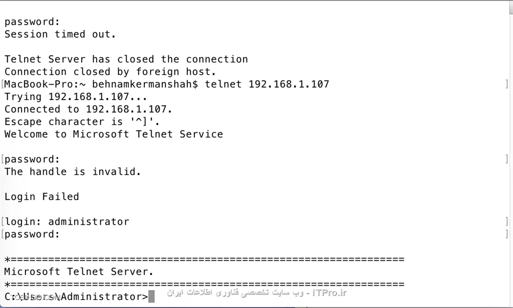 سلام 

الان دوباره تست گرفتم . البته من ابتدا در قسمت features  --> add features --> telnet client & telnet server تیک میزنی و بعد install کردم . بعد در  services اون رو روی Auto قراردادم . start کردم . 
چون من ویندوز سرور روی vm دارم از کنسول mac به ای پی سرور telnet زدم . 
<left>
telnet 192.168.1.107 port
<left>
||http://network.tosinso.com/files/get/68ae02ee-008b-4c5a-9a94-dca6b4d19d23||
pass میخواد که شما اون رو اینتر کن . بعد login و در انتها pass سیستم رو میزنید که متصل میشید .||http://network.tosinso.com/files/get/41c3b1b9-3d13-49b7-85fe-df6ce496553b||