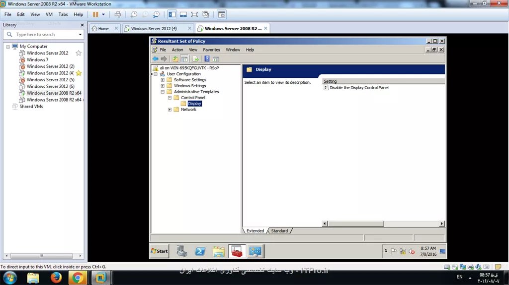 1- هم با 7 و هم با windows 2008 هر دو امتحان کردم

3- من چون میخواستم صرفنظر از این که کاربر پشت چه سیستمی قرار می گیره از قسمت user configuration رفتم به این ترتیب که رو پالسی ایجاده شده  در group policy management که اسمشو control panel گذاشتم کلیک راست، , و سپس وارد group policy edit شدم و در قسمت
 user configuration --->     Adminidtrative template ----> control panel --->display گزینه disable display..... گذاشتم رو حالت enable.   در ضمن من چند تا تنظیم دیگه رو هم امتحان کردم ولی اعمال نشد.

2- اینم عکسا:

||http://network.tosinso.com/files/get/57a1d6a0-3d14-4121-98bd-5f713e2fd2b3||

||http://network.tosinso.com/files/get/bd1ed304-ae5f-4f7c-9c2a-876286fe694d||

||http://network.tosinso.com/files/get/b8172c70-231f-46f4-8852-240b7eab083e||


||http://network.tosinso.com/files/get/427bf2e3-798c-4dd6-bef0-6d75a2c6272f||


ممنون میشم همه دوستان بررسی کنن...