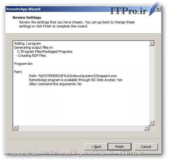 با یکی دیگر از قسمتهای مقالات از سری مقالات آموزش راه اندازی Remote Desktop Services در خدمت شما هستیم. همانطور که در قسمتهای قبل گفته شد راههای مختلفی برای ارائه سرویس Remote Desktop وجود دارد در قسمت قبل گفته شد که چگونه برای یک کاربر تعیین کنیم که هر وقت به سرور Remote زد ، بصورت خودکارتصویر یک نرم افزار خاص در صفحه نمایشگر او نمایان شود تا بتواند از آن استفاده کند .

همانطور که گفته شده بود یکی از بزرگترین محدودیتهایی که این روش دارد که باعث میشود کمتر از آن استفاده شود این است که کاربران در این روش نمیتوانند از چند نرم افزار استفاده کنند و تنها محدود به یک نرم افزاری هستند که مدیر سیستم برای آنان تعیین کرده همچنین به طور همزمان با نام کاربری و رمز عبور خود تنها مجاز به استفاده از یک نرم افزار و برقراری یک Session هستند و نمیتوانند بصورت همزمان از چند نرم افزار استفاده کنند ، اکنون روشی دیگر از روشهای ارائه ی این سرویس را بررسی میکنیم که دیگر این محدودیت را نخواهید داشت و آن هم استفاده از کنسول RemoteApp Manager است این کنسول پس از نصب کرد رول Remote Desktop Session Host در مسیر زیر قابل دسترس است :
<ltr>
Start => Administrative Tools => Remote Desktop Services
<ltr>
همچنین با تایپ عبارت remoteprograms.msc در Run میتوانید آن را اجرا کنید پس از اجرا پنجره این به شکل زیر مشاهده میکنید ...
||http://tosinso.com/files/get/40f01d21-394c-4db2-907b-795c838cea2a||
همانطور که مشاهده میکنید در این پنجره در قسمت Overview یک وضعیت کلی از این سرویس نمایش داده شده و در پایین ، در قسمت RemoteApp Programs میتوانید لیست نرم افزارهای Publish شده را مشاهده و آنها را ویرایش کنید شما با استفاده از امکاناتی که در این کنسول هست میتوانید نرم افزارهای خود را Publish کرده و از هر کدام از نرم افزارها یک فایل درست کرده که کاربران به بوسیله آن میتوانند به سرور وصل شده و از نرم افزار مربوطه استفاده کنند ، فایلهایی که با استفاده از روش فوق میتوانید ایجاد کنید با دو پسوند RDP و MSI هستند و هر کدام خواصیتهای خود را دارد که در ادامه راجع به هر دو آنها و روش ایجادشان صحبت میکنیم . قدم اول در پابلیش نرم افزارها این است که آن را در لیست RemoteApp Programs اضافه کنید برای اینکار در سمت راست تصویر Add RemoteApp Programs را پیدا کرده و کلیک کنید تا پنجره ای به شکل زیر مشاهده کنید
||http://tosinso.com/files/get/afba1c86-63ac-40ba-8cca-69fe03d0e168||
پنجره اول که طبق معمول خوش آمدگویی و یک سری توضیحات دیگر هست ،Next  میکنیم
||آموزش Remote Desktop Services در Windows Server 2008 R2::http://tosinso.com/files/get/976bb9bb-569f-4dc0-9626-0641c4b0db06||
در این مرحله نرم افزارهایی که تصمیم دارید Publish کرده و در اختیار کاربرانتان قرار دهید را انتخاب کنید در صورت نصب نرم افزار جدید ، آن را میتوانید در این لیست مشاهده کنید ، در صورت عدم مشاهده آن میتوانید با زدن دکمه Browse آدرس نرم افزار را داده تا در لیست اضافه و قابل استفاده گردد. پس از انتخاب نرم افزارها Next کنید ...
||http://tosinso.com/files/get/ca798346-4568-4e0a-b440-4748654b6b36||
و در نهایت Finish را میزنیم همانطور که در تصویر زیر مشاهده میکنید نرم افزارهایی که انتخاب کردیم در قسمت RemoteApp Programs  قابل مشاهده ، ویرایش و یا حذف هستند و با حذف هر کدام از آنها کاربران دیگر قادر به استفاده از نرم افزار نخواهند بود.
||http://tosinso.com/files/get/a0001ac0-7c9c-464f-8bfc-35e50d5fb7b6||
تا اینجا نرم افزارهای ما برای استفاده آماده هستند ولی حال باید برای کلاینتها یک فایل درست کنیم که بوسیله آن بتوانند به سرور متصل شده و از نرم افزار استفاده کنند.  این فایلها شامل فایلهای rdp و msi میباشند.

!! فایلهای RDP 
این فایلها توسط مدیر و با استفاده از کنسول RemoteApp Manager ساخته شده و جهت استفاده بایستی در اختیار کلاینتها قرار گیرد هر کدام از این فایلها به یک نرم افزار میتوانند اشاره کنند این فایلها را به هر طریقی میتوانید در اختیار کاربران قرار دهید که این بستگی به سلیقه و محیط کاری شما دارد مثلا از طریق یک پوشه به اشتراک گذاری شده در شبکه فایلهای RDP را در اختیار کاربران قرار دهید کاربران بعد از اجرای این فایل بایستی نام کاربری و رمز عبور خود را وارد کنند تا عملیات احراز هویت انجام شود و بعد از آن به نرم افزار مورد نظر هدایت میشوید برای ساختن آن در قسمت RemoteApp Programs روی نرم افزار مورد نظرتان راست کلیک کرده و از منوی باز شده گزینه Create .rdp File را انتخاب کنید تا پنجره زیر را مشاهده کنید
||http://tosinso.com/files/get/2e3a0cf2-9248-4c5f-b2ce-183f4f284519||
پنجره اول که طبق معمول خوش آمدگویی و یک سری توضیحات دیگر هست ،Next  میکنیم
||http://tosinso.com/files/get/a98d8432-9943-4874-9a01-fc4a45348517||
در این مرحله در قسمت بالا یعنی جایی که نوشته شده Enter the location to save packages: آدرسی که فایل خروجی در آن قرار گیرد را از شما میخواهد. در قسمت پایینتر یعنی RD Session Host server settings با زدن دکمه Change میتوانید نام سرور و همچنین پورت مورد نظر برای Remote Desktop را جهت ارتباط کلاینت با سرور مشخص کنید ، بطور پیشفرض پورت استفاده از Remote Desktop برابر 3389  میباشد اما ممکن است برای بالابردن امنیت شماره آن تغییر داده شده باشد که بدینصورت میتوانید شماره جدید پورت را جهت ارتباط کلاینت با سرور وارد کرده و یکسان سازی کنید تا کلاینتها هم بوسیله پورت جدید و حقیقی بتوانند با سرور ارتباط برقرار کنند ، و در نهایت در قسمت Certificate settings هم در صورت نیاز میتوانید از الگوریتم رمز نگاری برای برای ارتباط کلاینتها با سرور استفاده کنید این خود میتواند مقاله ای جداگانه باشد و با توضیح آن از مبحث اصلی دور میشویم پس آن را به حالت پیشفرض رها میکنیم. Next زده و به مرحله بعد میرویم ...
||http://tosinso.com/files/get/4297cd03-dc58-4f8b-8bf0-918770e276ce||
و در نهایت Finish را میزنیم. پس از آن یک فایل RDP ساخته شده که کلاینتها با اجرای آن به سرور وصل شده و تصویر نرم افزار مربوطه را مشاهده کرده و از آن استفاده میکنند. کلاینتها وقتی یک فایل RDP را اجرا میکنند با پنجره ای به شکل زیر روبرو میشوند :
||http://tosinso.com/files/get/9ca3e86e-50f2-4705-bd81-e653e263fee8||
همانطور که مشاهده میکنید در این پنجره یک سری اطلاعات در مورد نرم افزار Publish شده در اختیار کاربر قرار میگیرد همچنین کاربر میتواند با کلیک بر روی Details این صفحه را گسترش دهد ، در این پنجره کاربر میتواند مشخص کند که چه منابعی از کامپیوتر خودش را پس از Remote زدن به سرور میتواند مشاهده کند مثلا با انتخاب Drives میتواند درایوهای کامپیوتر خود را پس از ریموت زدن در سرور مشاهده کند.
شما میتوانید کاربران را در استفاده از منابع کامپیوتر خود در سرور محدود کنید ، برای این کار در کنسول RemoteApp Manager در سمت راست تصویر روی گزینه RD Session Host Server Settings کلیک کرده و در پنجره باز شده وارد تب Common RDP Settings شوید در این سربرگ در قسمت Devices and resources میتوانید تعیین کنید که کلاینتها پس از اجرای فایل RDP خود ، چه منابعی از کامپیوتر خود را پس از ریموت زدن به سرور جهت مشاهده بتوانند انتخاب کنند.
||http://tosinso.com/files/get/6e2a92dc-b8cf-4940-af00-09b9be7d22ea||
به عنوان مثال ما در تصویر بالا Disk drives را غیر فعال کرده ایم ، این باعث خواهد شد که کلاینتها در زمان ریموت زدن در قسمت انتخاب منابع نتوانند چک باکس Drives را مشاهده و انتخاب نمایند در نتیجه به اجبار درایوهای خود را پس از ریموت زدن نمیتوانند مشاهده کنند.
نکته : پس از اینکه تغییراتی که در بالا گفته شد را در تنظیمات RemoteApp Manager در سرور انجام دادید ، در فایلهایی RDP و MSI که از آن لحظه به بعد ساخته میشوند این تغییرات قابل مشاهده است و کاربرانی که از قبل ، فایلهای RDP و یا MSI را در اختیار داشته اند این تغییر در تنظیمات را مشاهده نمیکنند و بایستی از فایلهایی که پس از اعمال تنظیمات در سرور ساخته شده اند استفاده کنند.

!! فایلهای MSI  
این فایلها توسط مدیر و با استفاده از RemoteApp Manager ساخته میشوند و در نهایت به شکل یک فایل قابل نصب Windows Installer package قابل دسترس هستند، این فایل را کلاینتها میتوانند در کامپیوتر خود نصب کنند و پس از نصب بطور پیشفرض در مسیری مشابه C:\Program Files (x86)\RemotePackages قابل مشاهده هستند . این فایل در کلاینت نصب شده و مانند نرم افزاری که Install میشود ، فایل اتصال گر کلاینت با سرور جهت اجرای نرم افزار را درمسیر گفته شده در اختیار کاربر قرار میدهد، از خواص این فایلها این هست که پس از نصب میتوان آن را Uninstall کنید و این کار با رفتن به Programs and Features یعنی تایپ عبارت appwiz.cpl قابل انجام است. پس از نصب ، یک فایل RDP در مسیری مشابه C:\Program Files (x86)\RemotePackages ایجاد شده و یک  Shurtcut از آن در Start menu و یا Desktop ایجاد میشود. 

و کاربر با اجرای آن با پنجره ای مشابه پنجره ی مربوط به فایلهای RDP مواجه میشود و پس از زدن دکمه Connect و وارد کردن نام کاربری و رمز یک Session در سرور ایجاد شده و نرم افزار جهت استفاده کاربر به نمایش درخواهد آمد، روش استفاده از نرم افزار در فایلهای MSI شباهت بسیار زیادی به فایلهای RDP دارد تنها تفاوتی که به چشم میخورد این است که فایلهای msi را در ابتدا بایستی نصب کرد تا بتوان از آن استفاده کرد ولی فایلهای RDP در همان ابتدا قابل اجرا هستند و نیازی به نصب ندارند. با خواندن مطلب تا به اینجا و با دانستن اینکه برای نصب فایلهای msi بایستی کاربر دسترسی مدیریتی داشنه باشد اولین فکری که به ذهن شما میرسد این هست که اصلا چه دلیلی دارد که ما بخواهیم از فایلهای msi استفاده کنیم!!! فایل msi به درد نمیخورد !!! ولی فایلهای msi خواصی دارند که با دانستن آنها نظر شما را راجع به خود عوض میکنند، تا به حال با خواندن این قسمت مقاله به این ننتیجه رسیده اید که کاربران برای استفاده از نرم افزارهای موجود در سرور بایستی از فایلهای RDP و MSI استفاده کنند و در صورت دسترسی نداشتن به این فایلها نمیتوانند نرم افزارهای Publish شده را اجرا کنند .

پس از Publish نرم افزارها بایستی فایلهای RDP را به تک تک کاربران در شبکه خود بدهیم، یکی از خواص فایلهای MSI این است که میتوان آنها را از طریق Group policy در شبکه خود بر روی کلاینتهای مورد نظر و بصورت مرکزی نصب کنید و در صورت نیاز حذف کنید ،  به عبارتی دیگر می توانید آنها را بدون اینکه کاربران شما در شبکه متوجه این موضوع شوند مانند یک نرم افزار Install کنید . پس از نصب نرم افزار کاربران با اجرای فایل نهایی که پس از نصب با پسوند rdp خواهد بود و یک Shortcut از آن در Start menu و یا Desktop هم ایجاد میشود بصورت اتوماتیک به سرور ریموت زده و احراز هویت کرده و از نرم افزار مورد نظر استفاده می کنند. خب با هم روش ساخت فایلهای msi را بررسی میکنیم. برای ساخت فایل msi در پنجره RemoteApp Manager و در قسمت RemoteApp Programs روی نرم افزار مورد نظرتان راست کلیک کرده و از منوی باز شده گزینه Create Windows installer package را انتخاب کنید تا پنجره زیر را مشاهده کنید
||http://tosinso.com/files/get/c68126b5-4605-4cd9-85ce-a558c714b31d||
پنجره اول که خوش آمدگویی و یک سری توضیحات دیگر هست ،Next  میکنیم
||http://tosinso.com/files/get/5de861b7-e1a4-4efc-b229-d357be259658||
این مرحله مشابه همان مرحله ایست که در ساخت فایل RDP مشاهده کردیم و توضیحات آن یک بار در بالا داده شده... Next میکنیم
||http://tosinso.com/files/get/a6c0c635-9720-4c3c-8b4c-daa8de9adeb3||
در این مرحله در قسمت Shortcut icon اگر چک باکسهای Desktop و یا Start menu folder را علامت بزنید نرم افزار شما پس از نصب ، یک Shortcut در Start menu و یا Desktop قرار میدهد ، Next کرده
||آموزش Remote Desktop Services در Windows Server 2008 R2::http://tosinso.com/files/get/9381393d-1b6f-4ef3-9b39-d161cca56b5a||
و در نهایت Finish میکنیم. و در نهایت فایل ما با پسوند *.msi ساخته میشود و میتوان از آن استفاده کرد

*نتیجه گیری :*
در این قسمت از این سری مقالات روش ساخت فایلهای rdp و msi و روش استفاده از آنها را توضیح دادیم از خواص استفاده از این فایلها این است که کاربران بسته به نیاز خود و با اختیار خود میتوانند نرم افزارهایی که مدیر در اختیارشان قرار داده را انتخاب بدون محدودیت تعداد اجرا کنند همچنین در صورت نیاز کاربرانی که از طریق مدیرشبکه Delegate شده اند و نقشهای مدیریتی به آنها واگذار شده و بنا به وظایف خود لازم است که به سرور ریموت زده و از کنسولهای مدیریتی آن استفاده کنند هم به راحتی میتوانند این کار را انجام داده و Remote Desktop Services تداخلی در این کار بوجود نمی آورد تا به حال هرچه صحبت کردیم راجع به رول Remote Desktop Session Host بوده.

در قسمت بعد این مقاله راجع به رول Remote Desktop Web Accessصحبت خواهیم کرد و روش در اختیار گذاشتن این نرم افزارها را از طریق Web به شما آموزش خواهیم داد کاربران با این روش میتوانید از طریق مرورگر خود نرم افزارهایی که توسط مدیر Publish شده را مشاهده کرده و بنا به نیاز آنها را اجرا کنید که با استفاده از این روش دیگر نیازی نیست که فایلهای rdp در اختیار کاربران گذاشته شوند و یا از طریق Group Policy فایلهای msi بر روی کلاینتها نصب گردند و دیگر مدیر شبکه دغدغه ی اینکه چگونه فایلهای rdp را در اختیار کلاینتها قرار داده و یا اینکه فایلهای msi را بر روی کللاینتها نصب کند را نخواهد داشت و کلاینتها از طریق مرورگر وب خود میتوانند به آدرس URL از پیش تنظیم شده رفته ، احراز هویت کرده و نرم افزارهای مجاز برای استفاده را مشاهده و اجرا کنند تا به سرور ریموت زده شده و تصویر نرم افزار مد نظر خود را مشاهده و از آن استفاده کنند پس با ما همراه باشید...

نویسنده : سعید شمس آبادی
منبع : |جزیره راهکارهای مجازی سازی وب سایت توسینسو::https://tosinso.com/virtualization|
هرگونه نشر و کپی برداری بدون ذکر منبع و نام نویسنده دارای اشکال اخلاقی می باشد.
