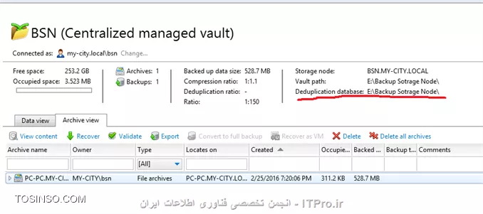 Backup Storage node چیست؟؟؟ یک سرور مرکزی می باشد که مدیریت Vaults ها که بر روی Resourceهای مختلفی پیاده سازی شده است را بر عهده میگیرد وبرای سازمانهای enterprise با داده های وسیع طراحی شده و قابلیتهای بیشتری نسبت به روشهای قبلی برای ما فراهم میکند.یکی از عملکردهای مهم Backup storage node قابلیت deduplication می باشد که اطلاعات مساوی یا یک نوع یا به اصطلاح دیگر یک جور را یک بار در این استورج ذخیره می کند که باعث بهیه سازی پهنای باند و فضای ذخیره سازی می شود.*Vaults Path های که برای Backup storage node استفاده می شود:*
||http://tosinso.com/files/get/7f4364d4-260a-4be1-9150-a4634a013034||

وقتی شما Backupی را بصورت Unmanaged ایجاد کنید تهیه ، نگهداری و  Cleanup دیسک بر عهده خود Agent می باشد که باعث مصرف بیهوده CPU و پهنای باند می شود ولی اگر این وظیفه را بر عهده Backup Storage Node واگذار کنید همه این Taskها در یک جای متمرکز توسط BSN انجام می شود. شما فرض کنید یک Backup Plane را بصورت Schedule بر روی یک Managed machine  ایجاد کرده اید بعد از مدتی پروسه Cleanup برای کاهش حجم هارد دیسک وارد عمل شود و اگر آن زمان آن Managed machine خاموش باشد چه اتفاقاتی در سازمان (بصورت وسیع این پروسه بر روی چندین سرور یا کلاینت تکرار شود) می افتد؟؟؟؟ 
بخاطر همین امر Acronis بدشدت توصیه می کند از BSN استفاده کنید.
استفاده از Managed vault (BSN) دو مزیت دارد:
•	Deduplication
•	Encryption
قابلیت اول را اول این فایل آموزشی بصورت مختصر توضیح دادم و ادامه به مکانیزم این روش بصورت مفصل می پردازیم. ولی قابلیت Encryption باعث رمزگذاری شدن اطلاعات ذخیره شده در Managed vault می شود تا افراد غیر مجاز به اطلاعات حساس سازمان دسترسی نداشته باشند.
! Getting Started with Backup Storage Node
--
پیشنیازهای استفاده از BSN:
•	Management Server
•	Management Console
•	Acronis Backup Advanced file setup
•	سیستم عاملهای وسخت افزارهای مناسب برای نصب این سرویس که در قسمت اول همین اموزش بصورت کامل ذکر گردید.
من برای اینکار یک Win server 2012 R2 نصب و آن را جوین به دومین کردم و و یک RAID-5 برای ذخیره کرده اطلاعات ایجاد کردم و قصد نصب این سرویس را دارم:
برای اینکار فایل Setup برنامه را اجرا می کنم مراحل مربوطه را Next و به صفحه زیر می رسیم که گذینه :
||http://tosinso.com/files/get/f5ac6392-badc-4d67-902e-19de9067f57b||
را انتخاب و Next
||http://tosinso.com/files/get/83a72d8f-9aab-41e7-a872-2c6a37a773ef||
اجزای بالا بصورت پیش فرض انتخاب می شوند. اگر قصد Backup گرفتن از اطلاعات سرور بالا را دارید Agent for Windows  را هم تیک بزنید.
||http://tosinso.com/files/get/aa163233-c311-4812-b1e0-fa716175c397||
یک Account برای اجرای سرویسهای Agent for Windows and Backup Storage node ایجاد یا انتخاب کنید.
نکته: این Account باید عضو دو گروه  Backup Operators and Administrators باشد.
||http://tosinso.com/files/get/6700cc90-6ab7-44bf-bc2c-70953c8dab30||
از شما می خواد که BSN را عضو Management Server کنید. برای اینکار User and pass ی که مجوز اینکار را بر روی Management Server را دارد وارد کنید.
||http://tosinso.com/files/get/31515b92-d69e-470a-9866-8539b2a1847c||
کادر بالا را هم قبلا توضیح دادم. قسمت اول همین اموزش را بخوانید.
در آخر هم Install و Finish
در آخر باید یک Vault به روش Managed در Management Server ایجاد کنید و BSN را معرفی کنید. برای اینکار به ABA وصل و به قسمت Vaults بروید و یک Vault بصورت Centralized ایجاد کنید
||http://tosinso.com/files/get/55ca68a0-7256-4c50-a698-d38ec88d2c46||
گذینه Createرا کلیک کنید
||http://tosinso.com/files/get/e05ecd12-c89c-4b66-9ec8-87da886487c6||
# یک اسم برای این استورج بنویسید.
# توضیحات.
# نوع آن.که باید Managed باشد.
# سرور BSN را انتخاب میکنید.
# فعال و غیرفعال کردن قابلیت Deduplication
# فعال کردن قابلیت Encryption. در ضورت فعال یک string value به آن دهید. که طبق این کد داده ها را رمزگذاری کند.
# مسیر ذخیره سازی اطلاعات.که طبق سناریو بر روی Local Disksهای BSN که بصورت RAID-5 ایجاد شده.
# مسیر دیتابیس Catalog. این دیتابیس شامل اطلاعات catalog index می باشد.
# این قابلیت را بعدا توضیح می دهم.
# Userهای که مجوز مدیریتی بر روی این استورج داشته باشند را انتخاب میکنیم. و همچنین Userهای که بتوانند داده های خود را مدیریت کنند. 
در آخر OK کنید.
||http://tosinso.com/files/get/fffb714b-1c9c-4048-9fdc-ee45b5e1a8ae||
شما همچنین می توانید این سرور را از طریق Storage Node مدیریت کنید:
||http://tosinso.com/files/get/45e6f622-22c0-47fe-8cc5-0ebbd5e6234f||
! Deduplication
--
این قابلیت باعث عدم ذخیره فایلهای تکرای بر روی BSN می شود. این فناوری باعث صرفه جوی در فضای هارد دیسک بوسیله حذف فایلهای تکراری و بهیه سازی پهنای باند می شود، در هنگام Backup گیری اگر Agent متوجه شود که این فایل قبلا در BSN ذخیره شده است از بک آپ گیری آن فایل صرفه نظر می کند.
شما می توانید این قابلیت را بر روی Vaultهای Managed پیاده سازی کنید.  به Vaultی که Deduplication  می باشد deduplicating vault گفته می شود
اساس کار Deduplication  بصورت Block می باشد (یعنی فایلهای را بصورت بسته های به نام Block تقسیم بندی می کند) اگر شما backupی از نوع Disk-Level داشته باشید اطلاعات شما به blockهای 4 KB دسته بندی می شود و برای File-Level از 1 B تا 256 KB دسته بندی می کند. اگر فایلی بزرگتری از 256 KB باشد فایل را به قسمت های 256 KB تقسیم می کند.
Acronis به دو صورت deduplication را انجام می دهد:
<ltr>
•	Deduplication at source
•	Deduplication at target
<ltr>

  Deduplication at source: این نوع بر روی Managed Machine انجام می شود. Agent با استفاده از BSN تعیین می کند چه اطلاعاتی را می تواند Deduplication کند تا مانع انتقال این اطلاعات شود.
Deduplication at target: این نوع بعد از Backup گیری کامل از ریسورس انجام می شود. BSN داده های بک آپ گرفته شده را آنلالیز می کند و داده های که Deduplication می شوند آنها را Deduplication میکند.
نکته: شما هنگام ایجاد Backup Plan Task می توانید تعیین کنید چه داده های را Deduplication کند.
! Deduplication database
--
Backup Storage Node این دیتابیس را ایجاد، تنظیم و نگهداری می کند. و همچنین دارای مقدار هش شده داده های Block شده ذخیره شده در این Vault می باشد به جزء اطلاعاتی که Deduplication نشده اند یا رمزگذاری شده اند.
Deduplication database در BSN ذخیره می شود.. و هنگام فعال کردن این قابلیت می توانید مسیر آن را مشخص کنید.

! How Deduplication works
--
# *Deduplication at source:* وقتی قراره داده های Backup گرفته شده به سوی یک Deduplication Database فرستاده بشه Agent اثر انگشت (hash value) داده های block را محاسبه می کند، بعد از محاسبه Agent یک Query سمت BSN ارسال میکند که آیا این مقدار Block قبلا در این Vault ذخیره شده یا نه؟؟؟ اگر قبلا ذخیره شده باشد Agent فقط مقدار hash شده را ارسال می کند و گرنه همان Block را ارسال می کند و BSN این داده را در یک temporary file ذخیره می کند. 
# *Deduplication at target:* وقتی مرحله Deduplication at source و Backup Plan به اتمام رسید BSN پروسه indexing activity را اجرا می کند. این پروسه اطلاعات را بصورت زیر Deduplication می کند:
•	برای محتویات temporary file مقدار هش را ایجاد می کند.
•	BSN مقدار هش و لینک بازسازی این Data Blockها را ایجاد و آنها را در فایلی به نام deduplication data store ذخیره می کند.
•	محتویات temporary file را حذف می کند.
در نتیجه بعد از Deduplication  فقط مقدار هش شده blockها ذخیره می شود و از ذخیره کرده Block ها تکراری جلوگیری می کند. هر مقدار هش وblockهای منحصر بفرد دارای چندین لینک Reference مربوطه به چندین Backup Plan Task می باشد که جهت بازسازی انها بکار می رود.
||Deduplication ::http://tosinso.com/files/get/2d65cc70-e055-4690-97c2-bf0316a76b4f||
در مواقعی که اطلاعات منحصر بفردی زیادی برای Backup گیری وجود داشت وBSN رم کافی نداشته باشد پروسه بک آپ fail می شود. 
نکته: حداقل RAMی که برای BSN توصیه شده 8 گیگ می باشد.
نکته: گاهی وقتا شما Backup Setهای را دستی یا در حین اجرای پروسه Cleanup پاک می شوند و blockهای باقی می مانند که به هیچ Backup setی تعلق نداشته باشد. این Blockها توسط  compacting task پاک می شوند. compacting task هر یکشنبه شب ساعت 3 اجرا می شود که شما می توانید این زمان بندی را بدلخوا تنظیم کنید.
||http://tosinso.com/files/get/1c91fb82-8469-4473-9e81-028f9c5750c1||
! Deduplication Limitation 
--
•	اگر Backupی بوسیله پسورد محافظت شده باشد. نمی توان آن را Deduplication کرد.
•	اگر cluster size or block size یک Volume بخش پذیری از 4 KB نباشد.
•	فایلهای رمز گذاری شده را نمی توان Deduplication کرد.
! Create Deduplication Database
--
برای ایجاد این دیتابیس در Managed vault کافیه گذینه زیر را فعال کنید و مسیر  Deduplication Database را مشخص کنید.
||http://tosinso.com/files/get/5dec2066-a3de-4ab7-bacc-840408ba01bd||
||http://tosinso.com/files/get/433f948c-2721-4f8b-97b4-64d530cc1fb6||
در آخر هم باید تذکر بدم که شما نمی توانید قابلیت Deduplication را بر روی سیستم عاملهای 32 bit پیاده سازی کنید. به هیچ وجه توصیه شده نسیت.
شما همچنین میتوانید قابلیت Deduplication را بر روی یکی از Volumeهای Windows Server 2012R2 پیاده سازی کنید.
<ltr>
Windows Server 2012 R2 Deduplication
<ltr>
<c#>
http://www.windowsnetworking.com/articles-tutorials/windows-server-2012/windows-server-2012-r2-deduplication.html
<c#>
در آموزش بعدی Acronis Secure Zone را آموزش میدهم.

موفق و پیروز باشید. 

نویسنده: احمد جهلولی 
منبع: |جزیره راهکارهای ذخیره سازی اطلاعات وب سایت توسینسو ::https://tosinso.com/virtualization|
نشر و کپی برداری، صرفاً با ذکر نام نویسنده و منبع مجاز می باشد. 