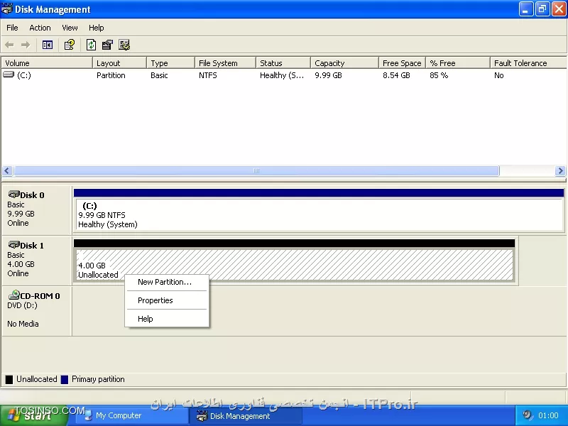 روی Disk راست کلیک میکزنی و اولین گزینه یعنی initialize Disk میزنی البته به شرطی که قبلاً initialize نشده باشه
||http://icdl.tosinso.com/files/get/6004ef9d-cc9d-455a-8f71-0f2d77821e6b||
وقتی initialize Disk  رو زدی ازت میخواد دیسک شما MBR باشه یا GPT توضیحات بیشتر در این خصوص لینک زیر:
* |تفاوت واقعی GPT و MBR در چیست ؟ ::https://tosinso.com/articles/7152/%d8%aa%d9%81%d8%a7%d9%88%d8%aa-GPT-%d9%88-MBR-%d8%af%d8%b1-%da%86%db%8c%d8%b3%d8%aa%d8%9f-%d8%a8%d9%87-%d8%b2%d8%a8%d8%a7%d9%86-%d8%b3%d8%a7%d8%af%d9%87|
شبیه به تصویر زیر برات باز میشه
||http://tosinso.com/files/get/61e01a7f-79a2-45ca-adca-276e4f691b5c||
وقتی انتخاب کردی و initialize شد حالا نوبت به پارتیشن بندی هست همون جا که زده Unallocated راست کلیک کن و اولین گزینه یعنی New Partition و یا New Simplle Volume رو انتخاب کن
||http://icdl.tosinso.com/files/get/4344b0c8-ba4c-4dff-bd45-a75fe540e35f||
سپس با یه wizard که همش NEXT داره روبرو میشی 
||http://icdl.tosinso.com/files/get/28c29238-0ff9-4e14-8f64-ca838eab9767||
پس از next ازتون مقدار فضایی رو میخواد که به اولین پارتیشن این هارد میخوایید بدید رو میپرسه اگر تغییری ندید و net کنید یعنی کل هارد رو به یک پارتیشن میخوایید تبدیل کنید این عدد بر حسب  MB تعیین میشه
||http://icdl.tosinso.com/files/get/d15bf9fe-d0c7-45a1-8541-b7de162f5426||
قدم بعدی اختصاص دادن یکی از حروف الفبا به اون پارتیشن هست که اسمش Drive Letter هست 
||http://icdl.tosinso.com/files/get/a6a91ea8-4467-4140-9471-97afc3ea66c6||
در پنجره جدید و پس از NEXT از لیست کشویی اول گزینه NTFS را انتخاب کنید و از لیست کشویی دوم گزینه Default را انتخاب کنید. در قسمتVolume Label میتوانید یک نام برای درایو خود تایپ کنید. مثلا من نام درایوم را Data تایپ میکنم. سپس مربع اولی را که نوشتهPerform a quick format ( یعنی فرمت کردن سریع ) را چک مارک کنید یعنی علامت دار کنید و مربع دومی را به حال خود باقی بگذارید و سپس روی گزینه Next کلیک کنید. 
||http://icdl.tosinso.com/files/get/914fcd34-180f-4ff0-9ad1-14715760d6d8||
یک خلاصه ای از وضعیت رو مشاهده میکنید سپس بر روی کلید Finish کلیک کنید 
||http://icdl.tosinso.com/files/get/d3c9960e-5a96-47d6-85c7-1bab7e33e0d1||
اگر نمیخوایید تمام حجم برای یک درایو باشه پس از finish در همونجا خواهید دید که مجدد کنار پارتیشن جدیدتون فضای مشکی رنگی هست که unallocated هست مشابه مراحل قبل میتونید پارتیشن جدید بهش اختصاص بدید.
موفق باشید.