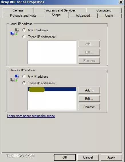 سلام 

دوستان برای بستن پورت RDP در ویندوز سرور 2008R2 برای یک آی پی خاص من تنظیمات را درست انجام میدم ولی کار نمی کنه برام :

||https://tosinso.com/files/get/636e371e-b2b7-4752-92c7-7cbf01bab69d||

||https://tosinso.com/files/get/446c9ab4-6a30-4382-a983-018416d70838||

||https://tosinso.com/files/get/533d4ee2-ff15-4886-83e2-346f0e066119||




