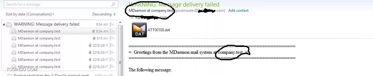 توی mdaemon  من دامین company.test رو کلا پاکش کردم  ولی وقتی از طریق سرور یه ایمیل ارسال نمیشه و سرور اخطار میده ، نام دامین company.test  دیده میشه تو متن راهی هست که بشه کلا حذفش کرد یا این متن اخطار رو جایی هست که بشه عوضش کرد

||https://tosinso.com/files/get/44862cc8-ed55-42da-91e7-f9c43323b879||