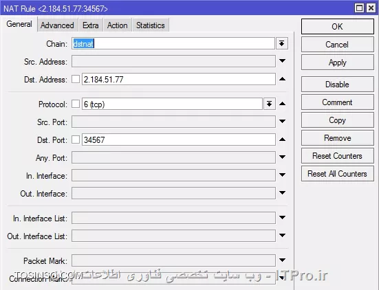 با سلام خدمت دوستان گرامی
من دو عدد DVR دارم با آی پی های 192.168.1.100 و 192.168.1.101
و آی پی های شبکه م به شکل زیره:

||https://tosinso.com/files/get/eb111c55-c17b-4b84-ab43-b478debf70d5||

برای انتقال تصویر هر کدوم از DVR ها دو عدد رول NAT نوشتم طبق تصویر زیر:

||https://tosinso.com/files/get/4488cae2-d1e3-4338-b318-93bcdafbcebd||

||https://tosinso.com/files/get/d63dabe5-38ce-462b-91ee-15b87d8d304d||

این تصویر مال یکی از DVR هام هست و دیگری هم به همین شکل نوشته شده منتها پورتش متفاوته.
تنظیمات یکی از DVR ها هم میتونید توی تصویر زیر مشاهده کنید:

||https://tosinso.com/files/get/f19c3ea6-f9fc-438f-a623-f1798b1747b2||

نرم افزار روی موبایل هم که ازش برای انتقال تصویر استفاده میشه برای همین DVR ، نرم افزار XMEye هست.
متاسفانه با توضیحاتی که دادم نتونستم تصویر دوربین ها رو روی موبایل داشته باشم.
ممنون میشم اساتید راهنمایی کنن.