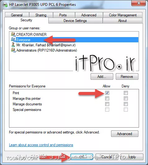 برای Share کردن به ترتیب مراحل زیر را دنبال کنید.
||http://network.tosinso.com/files/get/4629fe39-6678-4d22-b7aa-3db5a08f8dc8||
||http://network.tosinso.com/files/get/00b68741-f5f7-4bfb-803d-0d004a5b037f||
||http://network.tosinso.com/files/get/0c1eb732-94c8-4f1d-80cf-f8b4c9a2bd97||
برای Security نیز تصاویر زیر را دنبال کنید ، برای سریع ترین و مطمئن ترین راه بهتر است یوزر everyone را add کنید تا اطمینان داشته باشید تمام یوزر ها مشکلی با مجوز دسترسی ندارند
||http://network.tosinso.com/files/get/3bd80612-a0ac-4c09-a0bf-04aa498922dc||
||http://network.tosinso.com/files/get/9c3d0b91-a1e3-4348-b0fc-cb409cfe48d0||
||http://network.tosinso.com/files/get/94f7766e-e2b1-4400-a28f-1ee3640732ed||
||http://network.tosinso.com/files/get/448df81d-996d-4fe1-8364-b29ca6a009cc||
موفق باشید