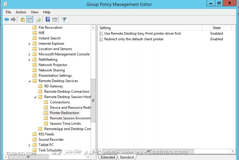 توی گروپ پالیبی این مسیر رو لطفا دنبال کنید 

<c#>
User configuration ->Policies -> administrative Template -> windows component ->Remote Desktop Service -> Remote desktop Session Host -> Printer Redirected
<c#>
و این دو قسمت رو Enable کنید و گروپ پالیسی رو روی سرور آپدیت کنید

||https://network.tosinso.com/files/get/449722ee-d7ce-4762-a68d-8497cdbe0076||