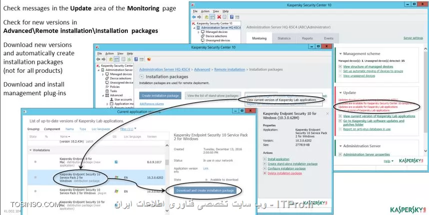 !! بروزرسانی Network Agent 
بروزرسانی Network Agent را  می توان بدون ایجاد Task به صورت خودکار انجام داد ، هنگامی که بروزرسانی از کسپرسکی اعلام می شود مدیر شبکه می تواند Agent را دانلود کند و آن را به صورت محلی نصب کند ، به صورت پیش فرض در Administration Server نصب Network Agent و بروزرسانی آن انجام می شود :

1- وارد تب پالیسی شوید و روی گزینه Policy of Network Agent کلیک کنید 

2- حالا بر روی Manage patches and updates کلیک کنید 

3- حذف چک باکس Install application updates with Undefined approval 

||آموزش کسپرسکی سرور 10 ::https://tosinso.com/files/get/9744d5d5-a4df-4ece-a303-7a9b30bd1749||

نکته : برای نصب نسخه جدید Network Agent ابتدا آن را بر روی یک کامپیوتر در گروه امتحان کنید و بررسی کنید که نصب موفقیت آمیز هست یا خیر 

همچنین مدیر شبکه می تواند برای جلوگیری از بروزرسانی همیشگی از گزینه Update Approval در بخش Declined استفاده کند ، برای جلوگیری از بروزرسانی Network Agent نسخه های قدیمی ( قبل از سرویس پک 1 ) می توانید از تسک Download updates to the repository استفاده کنید :

1- در نود Task وارد پراپرتیس شوید و تسک Download updates to the repository را انتخاب کنید 

2- سوییچ کنید روی Settings و در Other settings روی عبارت Configure ...  کلیک کنید 

3- بردارید چک باکس Update Agent modules ( for Network Agent version earlier than 10 Service Pack 10 ) 

- آگاهی از بروزرسانی های جدید 

برای آگاهی یافتن از بروزرسانی جدید در خش Update از صفحه Monitoring می توانید نسخه و سرویس پک را بررسی کنید . پیام هایی نظیر :

- بروزرسانی کامپوننت های Kaspersky Security Center 10 

- بروزرسانی ابزار های Kaspersky Lab  

- اخرین نسخه از ابزارهای Kaspersky Lab  

بخش Current application versions تمامی این آیتم ها را نشان می دهد 

||https://tosinso.com/files/get/543f1418-7242-434f-8f92-04721f88bdde||

همچنین برای یافتن آخرین بروزرسانی های نسخه و تولید و زبان برنامه ها می توانید :

||https://tosinso.com/files/get/44e479a5-b606-47e5-ac7f-0cc6f880205f||

- بروزرسانی لایسنس 

هنگامی که لایسنس کسپرسکی سرور 10 به اتمام می رسد نیاز هست که مجدداً خریداری شود ، در هنگام خرید به پارامترهای تعداد کلاینت ها و سرور ها - و نیاز به ابزار هایی نظیر رمزگذاری روی اطلاعات و نصب اپدیت های ویندوز به صورت خودکار دقت کنید برای مشاهده تاریخ و زمان انقضا لایسنس به تصویر زیر دقت کنید :

||احمد توسلی می نویسد از کسپرسکی سرور 10::https://tosinso.com/files/get/7e35e9b9-6136-4925-964a-4cf08e16558c||

- همچنین برای مشاهده فعال بودن تعداد لایسنس هایی که خریداری کردید :

||احمد توسلی نویسنده اولین مجموعه تمام پارسی کسپرسکی سرور 10::https://tosinso.com/files/get/63440cb4-1571-4aac-b7e0-9530c542f149||

* برای اعمال لایسنس ها روی یک کامپیوتر هم می توانید از راهنمای زیر استفاده کنید :

||https://tosinso.com/files/get/df2d2f0a-a7f3-4abc-bb53-0cac6ccfe926||

- برای فعال سازی لایسنس Administration Server :

||https://tosinso.com/files/get/fb240bd0-fb86-497b-9761-19c80e9e4b3b||

این فعال سازی تنها برای نسخه 10 مورد نیاز است و در نسخه Core پشتیبانی نمی شود و یک KESB لایسنس پیشرفته است . 

* تغییر لایسنس ها  

گاهی اتفاق می افتد که مدیر شبکه قصد دارد لایسنس جدید را مجدداً عوض کند  ، بنابراین برای این کار روی نود Tasks بروید و سپس در مسیر Distribute key on the client computer رفته و روی Advanced | Application management | Kaspersky Lab licenses کلیک کنید . 

||https://tosinso.com/files/get/543f1418-7242-434f-8f92-04721f88bdde||

نویسنده : سید احمد توسلی
منبع : |جزیره امنیت اطلاعات و ارتباطات وب سایت توسینسو::https://tosinso.com/security|
هرگونه نشر و کپی برداری بدون ذکر منبع و نام نویسنده دارای اشکال اخلاقی است