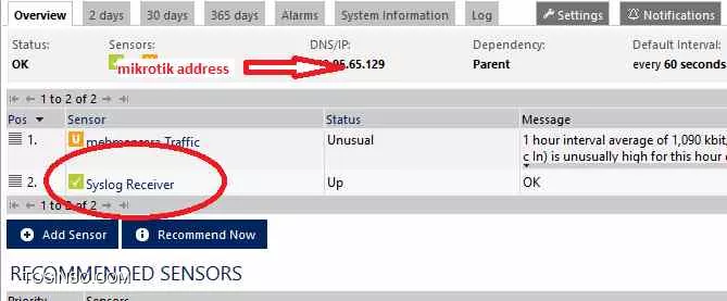 نیازی به تنظیمات snmp نیست.
در میکروتیک باید system logging در تب actions و در تایپ remote آدرس prtg را در فیلد remote address و آدرس میکروتیک را در قسمت src address وارد کنید.
میکروتیک باید با این src address بتواند remote address را پینگ کند (ارتباط داشته باشد)
در تب rules هم برای topic هایی که نیاز دارید action را remote قرار می دهید.
سپس در prtg آدرس ip میکروتیک را بعنوان device اضافه میکنید و syslog receiver را بهش اضافه میکند. با اضافه شدن log جدید ، باید وارد سنسور اضافه شده شوید و در تب messages لاگ های ارسالی از میکروتیک را مشاهده کنید.

برای نمونه چند تصویر از تنظیمات قرار میدهم:

||https://tosinso.com/files/get/1361b6cb-aacf-488b-8935-5be12dcb34be||

||https://tosinso.com/files/get/3a882acd-f950-4216-84bb-aa7ad4e5f0d8||

||https://tosinso.com/files/get/454e1b08-379a-4010-bcf4-eeb06b4c066d||

||https://tosinso.com/files/get/4274b96f-4ada-444d-af2f-20a2c93789b7||