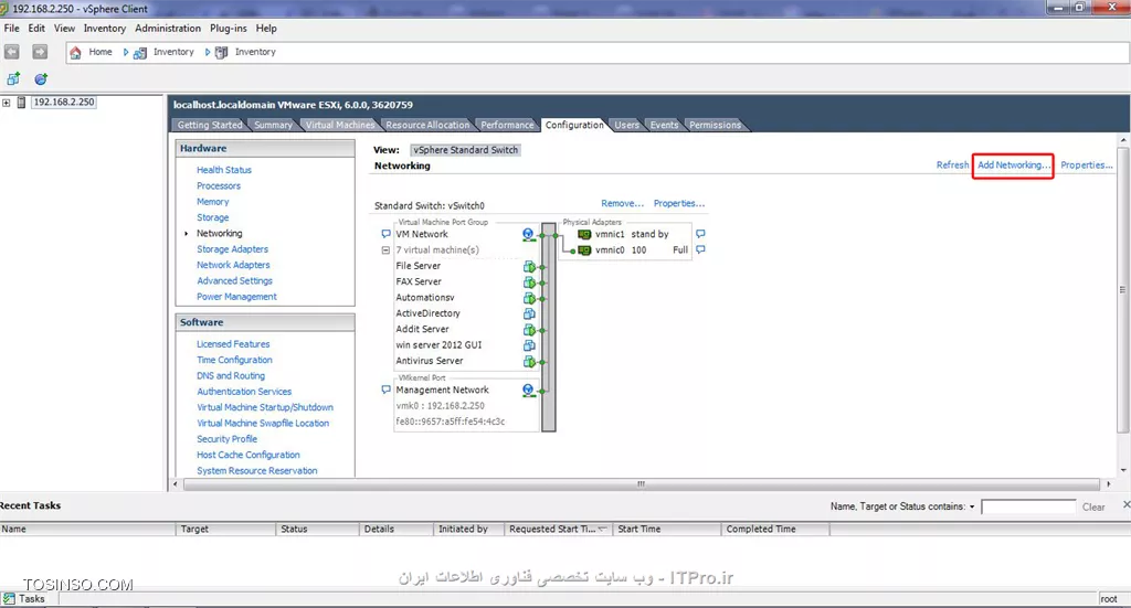 خیلی خیلی ممنونم از راهنماییتون.همونطور که گفتین قسمت networking رو چک کردم.دوتا کارت شبکه add  شده که دومی رو دیروز از کنسول تحت وب esxi اضافه کردم.اما همونطور که در تصویر اول می بینید تو قسمت network adapters هر چهارتا کارت شبکه دیده میشن.با اجازه شما من چند تا تصویر از وضعیت کارت شبکه ها توی esxi میذارم و البته بگم خدمتتون که مراحل add کردن رو تا قبل از دکمه finish رفتم.اما چون روالش مربوط به اضافه کردن vswitch بود finish رو نزدم و تصاویر مراحل رو گذاشتم .شاید نکته ای داشته باشه که نیاز باشه قبل از add کردن vswitch ها راجع بهشون راهنماییم کنین.عذر می خوام و مچکرم.
||http://network.tosinso.com/files/get/6eff6d54-f8b8-4758-806c-a5d84349cae4||
||http://network.tosinso.com/files/get/45b0df0d-d910-4a45-8a8f-dd3727e07fc2||
||http://network.tosinso.com/files/get/8ae11f48-3653-4eb6-91a8-adf3ad1ba920||
||http://network.tosinso.com/files/get/bdd73420-ff2a-42e0-b64c-f9c8aa919610||
||http://network.tosinso.com/files/get/f6edd907-30e5-46e2-9ed2-82310716a4f3||
