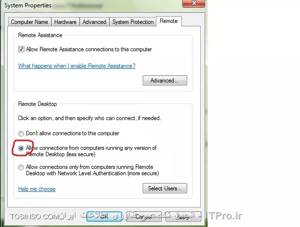 ||http://network.tosinso.com/files/get/45b54e2b-5cc0-4f79-9f95-f06537ed9b0d||

دوست عزیز در 2008 باید این گزینه فعال باشه
اگه گزینه پایینی رو فعال کنی از xp به 2008 نمیتونی remote بزنی