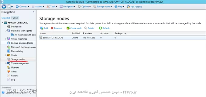 Backup Storage node چیست؟؟؟ یک سرور مرکزی می باشد که مدیریت Vaults ها که بر روی Resourceهای مختلفی پیاده سازی شده است را بر عهده میگیرد وبرای سازمانهای enterprise با داده های وسیع طراحی شده و قابلیتهای بیشتری نسبت به روشهای قبلی برای ما فراهم میکند.یکی از عملکردهای مهم Backup storage node قابلیت deduplication می باشد که اطلاعات مساوی یا یک نوع یا به اصطلاح دیگر یک جور را یک بار در این استورج ذخیره می کند که باعث بهیه سازی پهنای باند و فضای ذخیره سازی می شود.*Vaults Path های که برای Backup storage node استفاده می شود:*
||http://tosinso.com/files/get/7f4364d4-260a-4be1-9150-a4634a013034||

وقتی شما Backupی را بصورت Unmanaged ایجاد کنید تهیه ، نگهداری و  Cleanup دیسک بر عهده خود Agent می باشد که باعث مصرف بیهوده CPU و پهنای باند می شود ولی اگر این وظیفه را بر عهده Backup Storage Node واگذار کنید همه این Taskها در یک جای متمرکز توسط BSN انجام می شود. شما فرض کنید یک Backup Plane را بصورت Schedule بر روی یک Managed machine  ایجاد کرده اید بعد از مدتی پروسه Cleanup برای کاهش حجم هارد دیسک وارد عمل شود و اگر آن زمان آن Managed machine خاموش باشد چه اتفاقاتی در سازمان (بصورت وسیع این پروسه بر روی چندین سرور یا کلاینت تکرار شود) می افتد؟؟؟؟ 
بخاطر همین امر Acronis بدشدت توصیه می کند از BSN استفاده کنید.
استفاده از Managed vault (BSN) دو مزیت دارد:
•	Deduplication
•	Encryption
قابلیت اول را اول این فایل آموزشی بصورت مختصر توضیح دادم و ادامه به مکانیزم این روش بصورت مفصل می پردازیم. ولی قابلیت Encryption باعث رمزگذاری شدن اطلاعات ذخیره شده در Managed vault می شود تا افراد غیر مجاز به اطلاعات حساس سازمان دسترسی نداشته باشند.
! Getting Started with Backup Storage Node
--
پیشنیازهای استفاده از BSN:
•	Management Server
•	Management Console
•	Acronis Backup Advanced file setup
•	سیستم عاملهای وسخت افزارهای مناسب برای نصب این سرویس که در قسمت اول همین اموزش بصورت کامل ذکر گردید.
من برای اینکار یک Win server 2012 R2 نصب و آن را جوین به دومین کردم و و یک RAID-5 برای ذخیره کرده اطلاعات ایجاد کردم و قصد نصب این سرویس را دارم:
برای اینکار فایل Setup برنامه را اجرا می کنم مراحل مربوطه را Next و به صفحه زیر می رسیم که گذینه :
||http://tosinso.com/files/get/f5ac6392-badc-4d67-902e-19de9067f57b||
را انتخاب و Next
||http://tosinso.com/files/get/83a72d8f-9aab-41e7-a872-2c6a37a773ef||
اجزای بالا بصورت پیش فرض انتخاب می شوند. اگر قصد Backup گرفتن از اطلاعات سرور بالا را دارید Agent for Windows  را هم تیک بزنید.
||http://tosinso.com/files/get/aa163233-c311-4812-b1e0-fa716175c397||
یک Account برای اجرای سرویسهای Agent for Windows and Backup Storage node ایجاد یا انتخاب کنید.
نکته: این Account باید عضو دو گروه  Backup Operators and Administrators باشد.
||http://tosinso.com/files/get/6700cc90-6ab7-44bf-bc2c-70953c8dab30||
از شما می خواد که BSN را عضو Management Server کنید. برای اینکار User and pass ی که مجوز اینکار را بر روی Management Server را دارد وارد کنید.
||http://tosinso.com/files/get/31515b92-d69e-470a-9866-8539b2a1847c||
کادر بالا را هم قبلا توضیح دادم. قسمت اول همین اموزش را بخوانید.
در آخر هم Install و Finish
در آخر باید یک Vault به روش Managed در Management Server ایجاد کنید و BSN را معرفی کنید. برای اینکار به ABA وصل و به قسمت Vaults بروید و یک Vault بصورت Centralized ایجاد کنید
||http://tosinso.com/files/get/55ca68a0-7256-4c50-a698-d38ec88d2c46||
گذینه Createرا کلیک کنید
||http://tosinso.com/files/get/e05ecd12-c89c-4b66-9ec8-87da886487c6||
# یک اسم برای این استورج بنویسید.
# توضیحات.
# نوع آن.که باید Managed باشد.
# سرور BSN را انتخاب میکنید.
# فعال و غیرفعال کردن قابلیت Deduplication
# فعال کردن قابلیت Encryption. در ضورت فعال یک string value به آن دهید. که طبق این کد داده ها را رمزگذاری کند.
# مسیر ذخیره سازی اطلاعات.که طبق سناریو بر روی Local Disksهای BSN که بصورت RAID-5 ایجاد شده.
# مسیر دیتابیس Catalog. این دیتابیس شامل اطلاعات catalog index می باشد.
# این قابلیت را بعدا توضیح می دهم.
# Userهای که مجوز مدیریتی بر روی این استورج داشته باشند را انتخاب میکنیم. و همچنین Userهای که بتوانند داده های خود را مدیریت کنند. 
در آخر OK کنید.
||http://tosinso.com/files/get/fffb714b-1c9c-4048-9fdc-ee45b5e1a8ae||
شما همچنین می توانید این سرور را از طریق Storage Node مدیریت کنید:
||http://tosinso.com/files/get/45e6f622-22c0-47fe-8cc5-0ebbd5e6234f||
! Deduplication
--
این قابلیت باعث عدم ذخیره فایلهای تکرای بر روی BSN می شود. این فناوری باعث صرفه جوی در فضای هارد دیسک بوسیله حذف فایلهای تکراری و بهیه سازی پهنای باند می شود، در هنگام Backup گیری اگر Agent متوجه شود که این فایل قبلا در BSN ذخیره شده است از بک آپ گیری آن فایل صرفه نظر می کند.
شما می توانید این قابلیت را بر روی Vaultهای Managed پیاده سازی کنید.  به Vaultی که Deduplication  می باشد deduplicating vault گفته می شود
اساس کار Deduplication  بصورت Block می باشد (یعنی فایلهای را بصورت بسته های به نام Block تقسیم بندی می کند) اگر شما backupی از نوع Disk-Level داشته باشید اطلاعات شما به blockهای 4 KB دسته بندی می شود و برای File-Level از 1 B تا 256 KB دسته بندی می کند. اگر فایلی بزرگتری از 256 KB باشد فایل را به قسمت های 256 KB تقسیم می کند.
Acronis به دو صورت deduplication را انجام می دهد:
<ltr>
•	Deduplication at source
•	Deduplication at target
<ltr>

  Deduplication at source: این نوع بر روی Managed Machine انجام می شود. Agent با استفاده از BSN تعیین می کند چه اطلاعاتی را می تواند Deduplication کند تا مانع انتقال این اطلاعات شود.
Deduplication at target: این نوع بعد از Backup گیری کامل از ریسورس انجام می شود. BSN داده های بک آپ گرفته شده را آنلالیز می کند و داده های که Deduplication می شوند آنها را Deduplication میکند.
نکته: شما هنگام ایجاد Backup Plan Task می توانید تعیین کنید چه داده های را Deduplication کند.
! Deduplication database
--
Backup Storage Node این دیتابیس را ایجاد، تنظیم و نگهداری می کند. و همچنین دارای مقدار هش شده داده های Block شده ذخیره شده در این Vault می باشد به جزء اطلاعاتی که Deduplication نشده اند یا رمزگذاری شده اند.
Deduplication database در BSN ذخیره می شود.. و هنگام فعال کردن این قابلیت می توانید مسیر آن را مشخص کنید.

! How Deduplication works
--
# *Deduplication at source:* وقتی قراره داده های Backup گرفته شده به سوی یک Deduplication Database فرستاده بشه Agent اثر انگشت (hash value) داده های block را محاسبه می کند، بعد از محاسبه Agent یک Query سمت BSN ارسال میکند که آیا این مقدار Block قبلا در این Vault ذخیره شده یا نه؟؟؟ اگر قبلا ذخیره شده باشد Agent فقط مقدار hash شده را ارسال می کند و گرنه همان Block را ارسال می کند و BSN این داده را در یک temporary file ذخیره می کند. 
# *Deduplication at target:* وقتی مرحله Deduplication at source و Backup Plan به اتمام رسید BSN پروسه indexing activity را اجرا می کند. این پروسه اطلاعات را بصورت زیر Deduplication می کند:
•	برای محتویات temporary file مقدار هش را ایجاد می کند.
•	BSN مقدار هش و لینک بازسازی این Data Blockها را ایجاد و آنها را در فایلی به نام deduplication data store ذخیره می کند.
•	محتویات temporary file را حذف می کند.
در نتیجه بعد از Deduplication  فقط مقدار هش شده blockها ذخیره می شود و از ذخیره کرده Block ها تکراری جلوگیری می کند. هر مقدار هش وblockهای منحصر بفرد دارای چندین لینک Reference مربوطه به چندین Backup Plan Task می باشد که جهت بازسازی انها بکار می رود.
||Deduplication ::http://tosinso.com/files/get/2d65cc70-e055-4690-97c2-bf0316a76b4f||
در مواقعی که اطلاعات منحصر بفردی زیادی برای Backup گیری وجود داشت وBSN رم کافی نداشته باشد پروسه بک آپ fail می شود. 
نکته: حداقل RAMی که برای BSN توصیه شده 8 گیگ می باشد.
نکته: گاهی وقتا شما Backup Setهای را دستی یا در حین اجرای پروسه Cleanup پاک می شوند و blockهای باقی می مانند که به هیچ Backup setی تعلق نداشته باشد. این Blockها توسط  compacting task پاک می شوند. compacting task هر یکشنبه شب ساعت 3 اجرا می شود که شما می توانید این زمان بندی را بدلخوا تنظیم کنید.
||http://tosinso.com/files/get/1c91fb82-8469-4473-9e81-028f9c5750c1||
! Deduplication Limitation 
--
•	اگر Backupی بوسیله پسورد محافظت شده باشد. نمی توان آن را Deduplication کرد.
•	اگر cluster size or block size یک Volume بخش پذیری از 4 KB نباشد.
•	فایلهای رمز گذاری شده را نمی توان Deduplication کرد.
! Create Deduplication Database
--
برای ایجاد این دیتابیس در Managed vault کافیه گذینه زیر را فعال کنید و مسیر  Deduplication Database را مشخص کنید.
||http://tosinso.com/files/get/5dec2066-a3de-4ab7-bacc-840408ba01bd||
||http://tosinso.com/files/get/433f948c-2721-4f8b-97b4-64d530cc1fb6||
در آخر هم باید تذکر بدم که شما نمی توانید قابلیت Deduplication را بر روی سیستم عاملهای 32 bit پیاده سازی کنید. به هیچ وجه توصیه شده نسیت.
شما همچنین میتوانید قابلیت Deduplication را بر روی یکی از Volumeهای Windows Server 2012R2 پیاده سازی کنید.
<ltr>
Windows Server 2012 R2 Deduplication
<ltr>
<c#>
http://www.windowsnetworking.com/articles-tutorials/windows-server-2012/windows-server-2012-r2-deduplication.html
<c#>
در آموزش بعدی Acronis Secure Zone را آموزش میدهم.

موفق و پیروز باشید. 

نویسنده: احمد جهلولی 
منبع: |جزیره راهکارهای ذخیره سازی اطلاعات وب سایت توسینسو ::https://tosinso.com/virtualization|
نشر و کپی برداری، صرفاً با ذکر نام نویسنده و منبع مجاز می باشد. 