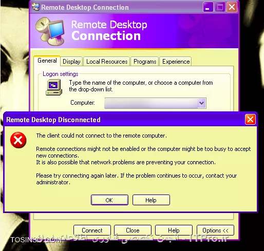 سلام ب دوستان خوبم 
من با remote desktop میخواهم  ب  یه  سرور ویندوزی وصل بشم   بهم ارور میدهد ، با ویندوز 7 میخوام این کارو انجام بدهم  یوز پسورد خود کامیوتر رو از من میخواد  به خاطر همین  با ویندوز xp  ک در vmwer نصب کردم  این کارو انجام دادم  ولی باز پیغام خطا ب من میدهد  قبل میتونستم ولی از زمانی ک ویندوز عوض کردم  دیگه نمیتونم وصل بشم ، این پیغام رو ب من میدهد هر سری پیغام مختلفی رو میدهد
||http://tosinso.com/files/get/461d1102-90eb-4a38-b297-a5373f756c78||
