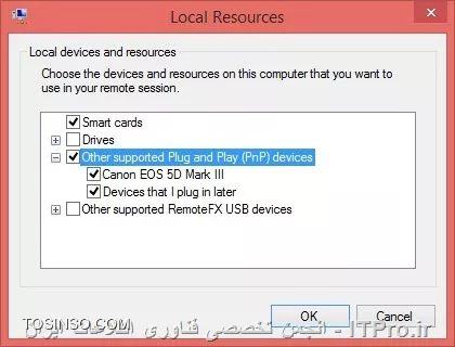 دوست گرامی شما باید با استفاده از Hyper-V Enhanced Session Mode از منابع سیستم هاستتون استفاده کنید از این طریق میتونید به آیتم های زیر دسترسی داشته باشید :
<left>

      Display Configuration
     Audio redirection
     Printer redirection
     Full clipboard support (improved over limited prior-generation clipboard support)
     Smart Card support
     USB Device redirection
     Drive redirection
     Redirection for supported Plug and Play devices

<left>
اول از همه مطمئن شید که Remote desktop services در ماشین مجازیتون استارت شده باشه من خودم سر این کلی سرکار رفتم :)
برای اینکار  Logo + R وبعد services.msc و طبق عکس
||http://virtualization.tosinso.com/files/get/45c57e45-10c3-40be-bf74-ef2b769d3979||
مرحله بعد Hyper-V Manager رو اجرا و روی ماشینتون راست کلیک کرده و Hyper-V settings را انتخاب نمائید
||http://virtualization.tosinso.com/files/get/c9674443-d0b6-475f-bbfe-20338d7c0b6a||
حال در قسمت Enhanced Session Mode policy تیک Allow Enhanced Session Mode رو بزنید
||http://virtualization.tosinso.com/files/get/0e323d96-6997-466c-8656-c05735b89ce1||
در قسمت Enhanced Session Mode تیک Use Enhanced Session Mode رو هم بزنید
||http://virtualization.tosinso.com/files/get/8e1a04be-dd84-48ee-9015-2797dc68fe55||
 حالا ماشینتون رو Connect کنید وباید عکس زیر رو ببینید
||http://virtualization.tosinso.com/files/get/0712db89-5500-42ab-8456-145f0585e12a||
برای تنظیمات صدا از اینجا Local Resources
||http://virtualization.tosinso.com/files/get/33efb93a-e486-49be-817a-5fdb9f89dabe||
و سایر قسمت ها از More استفاده کنید تا از USB و مثلا دوربین کنن یا پرینتر و هارد اکسترنال یا درایوی که بعدا قصد اتصال اون رو دارید بتونید استفاده کنید
 ||http://virtualization.tosinso.com/files/get/62abfe89-edee-4381-9786-dab9ab29bcdd||
||http://virtualization.tosinso.com/files/get/46b94ded-f220-4397-ae76-e6bd726a33ab||
||http://virtualization.tosinso.com/files/get/45205fd8-6715-4443-a47f-490e96badb77||
دیگه شما از داخل ماشینتون به تمام این آیتم ها دسترسی خواهید داشت
