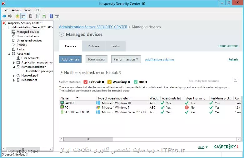 !! بررسی گزارش های عمومی حفاظتی 
در این آزمایشگاه قصد داریم تا تمامی کامپیوتر هایی که تحت Managed Devices اراده می شوند را از نظر گزارش گیری حفاظتی در سرور کسپراسکی بررسی کنیم ، سرور Security-Center و Laptop را روشن کنید ، در روی ماشین Security-Center به بخش Managed Devices بروید و تب Devices را بزنید :

1- حالا وارد Administration Server شوید و تب Reports را بزنید را بزنید 

||https://tosinso.com/files/get/4894fea3-01eb-4f2b-aff7-d9133e907db2||

2- انتخاب کنید Kaspersky Lab software version
report

||https://tosinso.com/files/get/1c372f5f-087b-4251-84b2-8aca8ce6e43e||

3- حالا بخش گزارشات عمومی باز شده و می توان با کلیک بر روی Show Report موضوعات هر ناحیه از حفاظت را مشاهده کرد :

||گزارش عمومی ::https://tosinso.com/files/get/1c372f5f-087b-4251-84b2-8aca8ce6e43e||

4- در اینجا گزارش Kaspersky Endpoint Security و Network Agent و تعداد کامپیوتر هایی هستند را می توان مشاهده کرد : 

||گزارش عمومی در کسپراسکی ::https://tosinso.com/files/get/0982f37e-8598-4fe4-8666-e05e913f76af||

5- حالا صفحه گزارش را ببنید 

نویسنده : سید احمد توسلی
منبع : |جزیره امنیت اطلاعات و ارتباطات وب سایت توسینسو::https://tosinso.com/security|
هرگونه نشر و کپی برداری بدون ذکر منبع و نام نویسنده دارای اشکال اخلاقی است